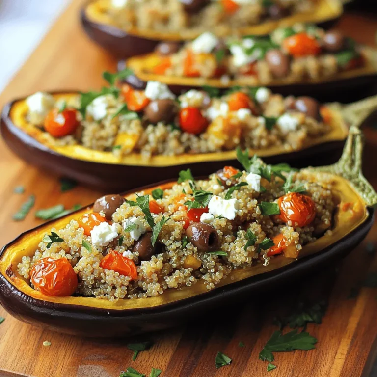 For Greek stuffed eggplant boats, you will need these fresh and tasty ingredients: - 2 medium eggplants - 1 cup cooked quinoa - 1 cup cherry tomatoes, halved - 1/2 cup feta cheese, crumbled - 1/4 cup Kalamata olives, chopped - 1/4 cup red onion, finely chopped - 2 cloves garlic, minced - 1 tablespoon olive oil - 1 teaspoon dried oregano - 1/2 teaspoon smoked paprika - Salt and pepper to taste - Fresh parsley or basil for garnish These ingredients blend together to create a dish that is both vibrant and satisfying. The eggplants serve as perfect boats, holding the rich filling. Each bite combines the nutty quinoa, tangy feta, and savory olives. You can easily find all these items at your local grocery store or farmer's market. Enjoy the process of picking out fresh ingredients; it makes the dish that much better! - Preheat your oven to 400°F (200°C). - Slice the eggplants in half lengthwise. Scoop out the flesh, leaving about 1/2 inch of skin. Set the flesh aside. - Brush the eggplant halves with olive oil. Sprinkle with salt and pepper. Place them cut side down on a baking sheet. Roast for 20 minutes until tender. - While the eggplants roast, chop the reserved eggplant flesh into small pieces. - In a skillet over medium heat, add a splash of olive oil. Sauté the chopped eggplant, garlic, and red onion until softened, about 5-6 minutes. - Stir in the cooked quinoa, halved cherry tomatoes, chopped olives, oregano, smoked paprika, salt, and pepper. Cook for 3-4 more minutes until the tomatoes soften. Remove from heat and stir in the crumbled feta cheese. - After roasting, carefully flip the eggplant halves cut side up. Spoon the quinoa mixture into each eggplant boat, filling them generously. - Return the stuffed eggplants to the oven. Bake for another 10-15 minutes until heated through and slightly golden on top. - Remove from the oven and garnish with fresh parsley or basil before serving warm. When choosing eggplants, look for medium-sized ones. They should feel firm and heavy for their size. The skin should be smooth and shiny. Avoid eggplants with blemishes or soft spots. A ripe eggplant will have a deep, rich color. You want a fruit that feels light for its size. This means it’s full of water and flavor. You can change up the flavors easily. Try adding a pinch of red pepper flakes for heat. Fresh herbs like dill or mint can add a bright taste. If you like citrus, a squeeze of lemon juice works well. For a Mediterranean twist, try adding capers. Experiment with spices like cumin or coriander for warmth. These stuffed eggplants pair great with various sides. A simple Greek salad adds freshness. You can also serve them with tzatziki sauce for creaminess. Consider a side of warm pita bread to balance the meal. A glass of chilled white wine complements the flavors nicely. Enjoy them warm for the best taste! {{image_2}} You can easily make Greek stuffed eggplant boats even more colorful and healthy. - Add more veggies like bell peppers, zucchini, or spinach. - Use chickpeas or lentils to boost the dish's fiber and protein. - Try using corn or black beans for a fun twist. These changes keep the dish fresh and vibrant. If you want more protein, you can add ground meat. - Use ground beef, lamb, or turkey for a heartier meal. - You can also mix in cooked lentils for a meatless option. Meat adds depth and richness to the flavor profile. Making this dish fit your diet is simple. - For a gluten-free option, just ensure your quinoa is certified gluten-free. - If you need it dairy-free, skip the feta cheese or use a plant-based alternative. These swaps keep the spirit of the dish while catering to your needs. After enjoying Greek stuffed eggplant boats, let them cool down. Place the leftovers in an airtight container. This helps keep them fresh. Store the container in the refrigerator. They stay good for about 3 to 5 days. If you plan to eat them later, consider freezing. To freeze stuffed eggplants, first let them cool completely. Wrap each boat in plastic wrap. Then, place them in a freezer-safe bag or container. This method prevents freezer burn. You can freeze them for up to three months. When ready to eat, thaw them in the fridge overnight. To reheat, preheat your oven to 350°F (175°C). Place the eggplant boats on a baking sheet. Cover them with foil to keep moisture in. Bake for about 20 minutes. This method helps maintain texture and flavor. You can also use a microwave, but this may change the texture. Enjoy your delicious meal again! Greek stuffed eggplant boats are a tasty dish. They feature eggplants filled with a savory mix. The main ingredients are: - 2 medium eggplants - 1 cup cooked quinoa - 1 cup cherry tomatoes, halved - 1/2 cup feta cheese, crumbled - 1/4 cup Kalamata olives, chopped - 1/4 cup red onion, finely chopped - 2 cloves garlic, minced - 1 tablespoon olive oil - 1 teaspoon dried oregano - 1/2 teaspoon smoked paprika - Salt and pepper to taste - Fresh parsley or basil for garnish You roast the eggplants and then stuff them with this flavorful mix. The dish is healthy and satisfying. Making Greek stuffed eggplant boats vegetarian is easy. You can replace certain ingredients. For a vegetarian option, use: - More vegetables like zucchini or bell peppers - Lentils instead of quinoa for added protein You can also skip the feta cheese or choose a plant-based version. These swaps keep the dish tasty and filling. Yes, you can prepare Greek stuffed eggplant boats ahead of time. Here’s how: - Cook the filling and store it in the fridge. - Roast the eggplant halves and keep them separate. You can fill the eggplants right before baking. This way, they stay fresh and warm. Greek stuffed eggplant boats pair well with many sides. Try serving with: - A green salad with lemon vinaigrette - Tzatziki sauce for dipping - Grilled pita bread For drinks, consider a light white wine or sparkling water with lemon. These options enhance the meal's flavors. Greek stuffed eggplant boats are nutritious. Each serving contains: - About 300 calories - Good amounts of fiber and protein - Vitamins from the veggies This dish is a balanced choice for a healthy meal. Greek stuffed eggplant boats offer a tasty mix of flavors and textures. We started with the right ingredients, from juicy eggplants to creamy feta. I guided you through simple steps, from preparation to baking, ensuring perfect results. Don’t forget my tips for selecting the best eggplants and adjusting flavors. These boats are highly customizable, whether you want vegetarian or protein-rich versions. With proper storage and reheating tips, your leftovers will shine. Enjoy this dish with sides that elevate it. Dive in and create your delicious eggplant masterpiece today!