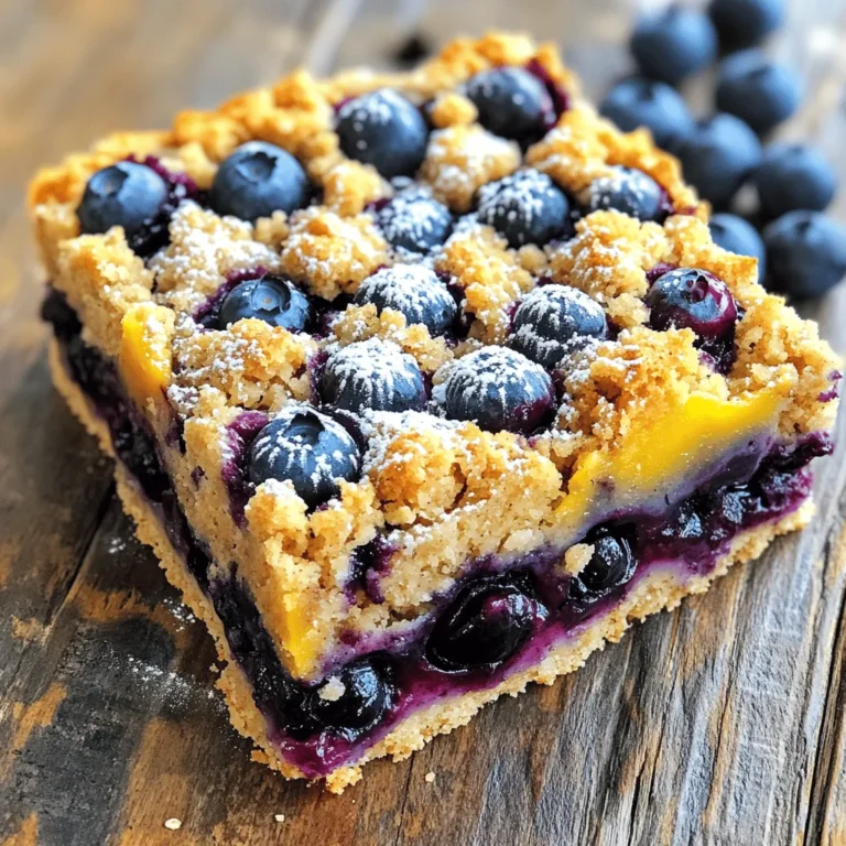 To make these tasty bars, you need: - 2 cups rolled oats - 1 cup whole wheat flour - 1 cup brown sugar, packed - 1 teaspoon baking powder - 1/2 teaspoon salt - 1 teaspoon cinnamon - 1/2 cup unsalted butter, melted - 1 cup fresh blueberries (or frozen, thawed) - 2 tablespoons lemon juice - 2 tablespoons honey or maple syrup These ingredients create a great mix of flavors and textures. The oats give a hearty feel, while the blueberries add a burst of sweetness. You can play with flavors by adding: - Chopped nuts, like walnuts or almonds - A splash of vanilla extract - Zest from a lemon or orange These extras can lift your bars to a new level. Nuts add crunch, while citrus gives brightness. If you have allergies, try these swaps: - Use gluten-free oats for a gluten-free option. - Replace whole wheat flour with almond flour for a nutty taste. - Swap butter with coconut oil for a dairy-free version. These substitutions make the recipe more inclusive. You can still enjoy delicious bars no matter your dietary needs. First, set your oven to 350°F (175°C). This ensures the bars bake evenly. Next, take a 9x9-inch baking dish. Grease it lightly or line it with parchment paper. This step helps with easy removal later. In a large bowl, add the following dry ingredients: - 2 cups rolled oats - 1 cup whole wheat flour - 1 cup brown sugar - 1 teaspoon baking powder - 1/2 teaspoon salt - 1 teaspoon cinnamon Mix these well. You want everything evenly combined. This helps in making the bars tasty. In another bowl, combine: - 1 cup fresh blueberries (or thawed frozen) - 2 tablespoons lemon juice - 2 tablespoons honey or maple syrup Gently stir these together. The lemon juice brightens the blueberries. It adds a nice zing to the filling. Take half of the oat mixture. Press it firmly into the bottom of the baking dish. This forms a solid base. Then, spread the blueberry filling evenly over this layer. Finally, crumble the reserved oat mixture on top. Bake the dish in the oven for 30-35 minutes. Look for a golden topping and bubbling blueberries. This means your bars are ready. Once baked, take the dish out and let it cool for at least 15 minutes. This cooling time helps the bars set. After cooling, slice them into squares. Enjoy your delicious blueberry oatmeal crumb bars! To get the best crumb texture, use rolled oats. They give a chewy base. Make sure to mix the dry ingredients well before adding the butter. When you add the melted butter, stir until it looks like coarse crumbs. This helps keep the texture light and airy. Always save some oat mixture for the topping. This creates a nice crunch on top. To keep your bars fresh, store them in an airtight container. This keeps moisture out and flavor in. If you have leftovers, let them cool completely first. Then, wrap them tightly with plastic wrap. You can keep them at room temperature for up to three days. If you want to keep them longer, consider freezing. You can freeze these bars for up to three months. Cut them into squares before freezing. Place the bars in a single layer on a baking sheet. Once frozen, transfer them to a freezer bag. To reheat, take out the number you need. Let them thaw at room temperature for a few hours. Then, warm them in the oven at 350°F (175°C) for about 10 minutes. Enjoy them warm for the best taste! {{image_2}} You can easily switch out blueberries for other fruits. Try raspberries, strawberries, or peaches for a tasty change. Each fruit adds its own flavor and sweetness. For a tropical twist, use diced mango or pineapple. Mix and match to find your favorite! If you need gluten-free bars, use certified gluten-free oats. Swap whole wheat flour for almond flour or coconut flour. This change keeps the texture nice and crumbly. Always check labels to ensure no gluten sneaks in! To make these bars vegan, replace the butter with coconut oil or a nut butter. Use maple syrup instead of honey for sweetness. You can also try unsweetened applesauce to add moisture. These swaps keep the bars delicious and plant-based! To keep your Blueberry Oatmeal Crumb Bars fresh, place them in an airtight container. This helps prevent them from drying out. You can store them in the fridge for up to one week. If you want to enjoy them cold, simply slice and serve. Look for signs of spoilage like mold or a strange smell. If the bars become too dry, they may lose their tasty texture. To extend freshness, ensure they stay sealed tightly. You can also wrap each bar in plastic wrap before placing them in the container. When meal prepping, consider making a double batch of these bars. They freeze well too! After baking, let them cool completely. Then, cut them into bars and wrap them individually. Place them in a freezer-safe bag or container. They can last in the freezer for up to three months. To eat, just thaw overnight in the fridge and enjoy! Yes, you can use frozen blueberries. Just thaw them first. Frozen blueberries work well. They still taste great and keep the bars moist. Drain any excess liquid before mixing. This helps prevent a soggy texture in your bars. Blueberry Oatmeal Crumb Bars can last up to five days. Store them in an airtight container. Keep them in the fridge for best freshness. You can also freeze them for up to three months. Just wrap each bar tightly in plastic wrap. These bars pair nicely with yogurt or ice cream. A dollop of Greek yogurt adds creaminess. You can also serve them with a sprinkle of powdered sugar. Fresh fruit on the side enhances the flavors, too. Yes, you can adjust the sweetness easily. Use less brown sugar if you want them less sweet. You can also add more honey or maple syrup. Taste the blueberry mix before baking to find your perfect balance. The blog post covered how to make delicious blueberry oatmeal crumb bars. We explored essential ingredients, helpful substitutes, and creative variations. You learned step-by-step instructions for mixing and baking the bars. I shared tips for perfect texture and storing leftovers. With this knowledge, you can create tasty treats that suit your diet. Enjoy making these easy bars and share them with friends and family. Happy baking!