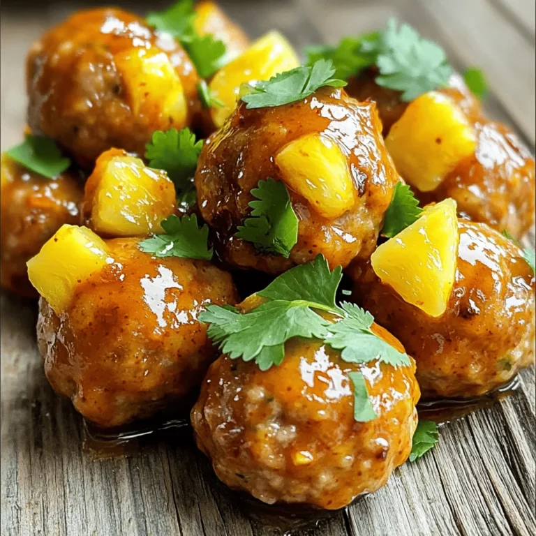 - 1 pound ground chicken or turkey - 1/2 cup breadcrumbs - 1/4 cup finely chopped fresh cilantro - 1 egg, lightly beaten - 1 teaspoon garlic powder - 1 teaspoon onion powder - 1/2 teaspoon salt - 1/2 teaspoon black pepper - 1 cup pineapple chunks (fresh or canned) These ingredients create a tasty base for your meatballs. The ground chicken or turkey provides a light and tender texture. Breadcrumbs help bind everything together. Fresh cilantro adds a bright flavor. The egg acts as a binder, while the garlic and onion powders bring depth. Finally, the salt and pepper enhance all the flavors. - 1/2 cup sweet chili sauce - 1 tablespoon soy sauce - 1 tablespoon rice vinegar - 1 tablespoon sesame oil This sauce gives the meatballs a sweet and spicy kick. Sweet chili sauce is the star, bringing in that signature flavor. Soy sauce adds depth and saltiness. Rice vinegar introduces a hint of acidity, balancing the sweetness. Sesame oil rounds it all off with a nutty aroma. - Extra cilantro, for garnish - Sliced green onions - Sesame seeds These toppings add freshness and a pop of color. Extra cilantro brightens the dish. Sliced green onions provide crunch and a mild onion flavor. Sesame seeds add a nice texture and look great on top. You can play around with these to make your meatballs even more appealing. First, set your oven to 400°F (200°C). This high heat helps the meatballs cook fast and brown nicely. Line a baking sheet with parchment paper. This keeps the meatballs from sticking and makes cleanup easy. In a big bowl, combine 1 pound of ground chicken or turkey, 1/2 cup of breadcrumbs, and 1/4 cup of finely chopped fresh cilantro. Add 1 lightly beaten egg, 1 teaspoon of garlic powder, 1 teaspoon of onion powder, 1/2 teaspoon of salt, and 1/2 teaspoon of black pepper. Mix everything well until it’s all combined. You want to feel the textures blend together. Now, shape the mixture into small balls, about 1 inch wide. Place these meatballs on your lined baking sheet. Make sure they have space between them. Bake in the oven for about 20 minutes. They should be golden brown and cooked through. While the meatballs bake, let’s make the sauce. In a small saucepan over medium heat, mix 1/2 cup of sweet chili sauce, 1 tablespoon of soy sauce, 1 tablespoon of rice vinegar, and 1 tablespoon of sesame oil. Stir it well and let it simmer for 5-7 minutes. This helps the flavors blend beautifully. When the meatballs are done, take them out of the oven. Place them in a large bowl. Pour your sweet chili pineapple sauce over them. Toss gently until every meatball is covered. You want that sweet flavor on each bite. Serve the meatballs warm. You can drizzle more sauce on top if you like. For a fresh touch, add extra cilantro as a garnish. These meatballs go great with rice or noodles, too! Enjoy your meal! To get the best meatball texture, start with the right meat. Ground chicken or turkey work well. The key is to mix gently; too much mixing makes them tough. Use breadcrumbs to help keep them light. They hold moisture, giving you a juicy bite. Adding an egg binds everything together. Don't skip the spices! Garlic and onion powder add great flavor. You can make these meatballs ahead of time. Form them and place them on a baking sheet. Freeze them for about an hour. Once firm, transfer them to a bag. This saves space in your freezer and keeps them fresh. When ready to cook, bake straight from frozen. Just add a few extra minutes to your baking time. Having the right tools makes cooking easier. Here’s what I recommend: - Mixing bowl for combining ingredients - Baking sheet lined with parchment paper - Small saucepan for the sauce - Meatball scoop or spoon for even sizing - Tongs for easy meatball handling These tools will help you make perfect sweet chili pineapple meatballs every time! {{image_2}} You can switch the meat in this recipe. Ground beef, pork, or lamb work well. If you like a leaner option, ground turkey or chicken is great too. Each meat brings its own taste and texture. Feel free to try your favorite! For a vegetarian choice, use lentils or black beans. Mash them up and mix them with breadcrumbs and spices. If you want a vegan option, try using tofu or tempeh. Crumble them and mix in the same way as meat. These options still taste great with the sweet chili pineapple sauce! Add some fun flavors to your meatballs! You can mix in chopped bell peppers or carrots. They add crunch and sweetness. For a spicy kick, add a dash of hot sauce or chili flakes. You can even try adding crushed pineapple to the meatball mix. This will give an extra burst of flavor and moisture! To store leftover meatballs, let them cool. Place them in an airtight container. Keep them in the fridge for up to three days. If you want to keep them longer, freezing is a great option. When you're ready to eat your leftovers, preheat your oven to 350°F (175°C). Place the meatballs on a baking sheet. Heat them for about 10-15 minutes. This keeps them moist. You can also use a microwave. Heat them in a bowl with a splash of water. Cover with a lid to keep the steam in. You can freeze both uncooked and cooked meatballs. For uncooked meatballs, place them on a baking sheet first. Freeze them until firm, then transfer to a freezer bag. They’ll last up to three months. For cooked meatballs, store them in a container or a freezer bag. They will keep for about four months. When you’re ready to cook them, bake from frozen. This makes it easy to enjoy a quick meal! Yes, you can use ground beef. It will change the flavor slightly. Beef has a richer taste. This can pair well with the sweet sauce. Make sure to adjust cooking time if needed. If you don't have sweet chili sauce, try mixing honey and sriracha. This mix gives a sweet and spicy taste. You can also use barbecue sauce for a smoky flavor. Adjust the amount to your taste. These meatballs are not very spicy. Sweet chili sauce adds a mild heat. The sweetness of pineapple balances the spice. If you like more heat, add red pepper flakes. Yes, you can use a slow cooker. After forming the meatballs, place them in the cooker. Pour the sauce over the meatballs. Cook on low for 4 to 6 hours. This method keeps them moist and flavorful. We covered how to make sweet chili pineapple meatballs, starting with key ingredients. You learned about prepping, mixing, and baking the meatballs. We also discussed variations, storage, and helpful tips. Finding your favorite options is part of the fun. Now you can enjoy these tasty meatballs anytime. Experiment with different ingredients and spices! Cooking should be fun and easy. Enjoy your meal prep and make it your own!