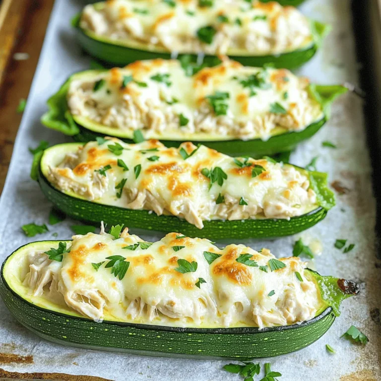 To make Chicken Alfredo Zucchini Boats, gather these key ingredients: - 4 medium zucchinis - 2 cups cooked chicken, shredded - 1 cup heavy cream - 1 cup grated Parmesan cheese - 2 tablespoons butter - 3 cloves garlic, minced - 1 teaspoon Italian seasoning - Salt and pepper to taste - 1 cup shredded mozzarella cheese - Fresh parsley, for garnish These ingredients blend together to create a creamy and rich dish. The zucchinis serve as perfect boats, holding the delicious filling. You can enhance your Chicken Alfredo Zucchini Boats with these optional ingredients: - Red pepper flakes for heat - Chopped spinach for extra greens - Sun-dried tomatoes for sweetness - Bacon bits for crunch These additional items add depth and variety to your meal. Feel free to mix and match to suit your taste. To prepare this dish, you will need these basic tools: - Baking sheet - Parchment paper - Skillet - Spoon for scooping - Mixing bowl - Knife and cutting board Having these tools ready makes the process smooth. This way, you can focus on creating a tasty meal. First, you will need four medium zucchinis. Cut each zucchini in half lengthwise. Use a spoon to scoop out the center. This creates a nice boat shape. Place these boats on a baking sheet lined with parchment paper. This helps with easy cleanup later. In a skillet, melt two tablespoons of butter over medium heat. Add three cloves of minced garlic and cook for about one minute. Stir until you smell the garlic's nice aroma. Next, pour in one cup of heavy cream. Stir it as you add one cup of grated Parmesan cheese. Mix until it is melted and smooth. Now, add two cups of shredded chicken and one teaspoon of Italian seasoning. Stir everything together. Season with salt and pepper to your taste. Now, take your zucchini boats and fill them with the Alfredo mixture. Be generous when you spoon it in. Each boat should be full. After that, sprinkle one cup of shredded mozzarella cheese on top of each filled zucchini. This will make your boats cheesy and delicious. Preheat your oven to 375°F (190°C). Place the baking sheet in the oven. Bake for 25 to 30 minutes. Watch for the zucchini to turn tender and the cheese to get bubbly and golden brown. Once done, take them out and let them cool for a bit. You can garnish with fresh parsley before serving for extra flavor. Enjoy your tasty chicken Alfredo zucchini boats! When picking zucchinis, look for firm ones. They should feel heavy for their size. Choose zucchinis that are dark green and shiny. Avoid ones with soft spots or blemishes. Smaller zucchinis are often sweeter and more tender. Aim for medium-sized zucchinis for this recipe. They hold the filling well and bake perfectly. To make the best Alfredo sauce, start with fresh ingredients. Use real butter and heavy cream for creaminess. Melt the butter in a skillet over medium heat. Add minced garlic for a strong flavor. Stir in the heavy cream slowly. Mix in grated Parmesan cheese until smooth. This step is key to a rich sauce. Don’t forget to season it with salt and pepper. Taste as you go to find the right balance. These zucchini boats are a complete meal on their own. You can serve them with a side salad. A simple green salad pairs well. You can also add garlic bread for extra crunch. For a fresh touch, sprinkle more parsley on top. If you want to mix things up, serve with marinara sauce on the side. Enjoy your meal family-style for a fun dining experience! {{image_2}} You can swap the chicken for other proteins. Try cooked shrimp or diced turkey. If you want a meatless option, use cooked lentils or chickpeas. These choices add unique flavors and textures. Each protein option pairs well with the creamy sauce. Want more veggies? You can add spinach, bell peppers, or mushrooms. Sauté these in the skillet with garlic. This step enhances the flavor and nutrition. You can also top the zucchini boats with fresh tomatoes or olives. These add color and taste, making your meal more vibrant. To make this dish low-carb, skip the heavy cream and use cream cheese instead. You can also replace the zucchini with eggplant or bell peppers. These options have fewer carbs and still taste great. Use a low-carb cheese for a delicious topping. This keeps your meal satisfying without the extra carbs. After enjoying your chicken Alfredo zucchini boats, store leftovers in an airtight container. Keep them in the fridge. They stay fresh for up to three days. Make sure to let them cool first. This helps maintain their texture and flavor. If you want to save your zucchini boats for later, freezing is a great option. Wrap each boat tightly in plastic wrap. Then, place them in a freezer-safe bag or container. They can last up to three months. When you’re ready to eat, thaw them in the fridge overnight before reheating. To reheat your zucchini boats, preheat the oven to 350°F (175°C). Place the boats in a baking dish. Cover with foil to keep them moist. Heat for about 20 minutes or until warm. You can also use the microwave, but the oven keeps them crispy. Enjoy your tasty meal! To make chicken Alfredo zucchini boats gluten-free, choose gluten-free ingredients. For the Alfredo sauce, use gluten-free flour if making it from scratch. You can also check store-bought sauces for gluten-free labels. Always verify that your chicken and seasonings are gluten-free too. This way, everyone can enjoy this tasty meal without worry. Yes, you can use store-bought Alfredo sauce. It saves time and cuts down on prep work. Just heat it up before mixing with the chicken. If you want, you can add a bit of garlic or Italian seasoning to boost the flavor. This option makes the recipe even easier for busy cooks. Chicken Alfredo zucchini boats last about 3 to 4 days in the fridge. Store them in an airtight container to keep them fresh. When you're ready to eat, just reheat them in the oven or microwave. They will still taste great and make for a quick meal option. We covered a lot about chicken Alfredo zucchini boats today. You learned the key ingredients and tools needed. I shared steps for making this dish, along with helpful tips and tricks. We also discussed fun variations to try. Lastly, I gave you storage info and answered common questions. These boats are tasty and versatile. I hope you feel excited to make them! Enjoy your cooking adventure!