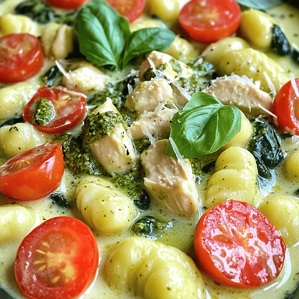 - Gnocchi: 1 pound (450g) - Chicken: 2 boneless, skinless chicken breasts, diced - Cream: 1 cup heavy cream - Pesto: ½ cup basil pesto - Vegetables: 1 cup cherry tomatoes, halved; 2 cups fresh baby spinach - Olive oil: 2 tablespoons - Garlic: 2 cloves, minced - Salt and pepper to taste - Parmesan cheese for garnish - Fresh basil leaves for garnish For this creamy pesto chicken gnocchi, you need fresh and simple ingredients. Gnocchi makes the base of this dish. I love using a pound of it because it adds a nice, chewy texture. Chicken breasts, diced into bite-sized pieces, bring protein and flavor. The heavy cream gives the sauce its rich and creamy texture. Pesto is the star here. Use half a cup of basil pesto for a fresh and herbal kick. For veggies, I like to add a cup of halved cherry tomatoes and two cups of baby spinach. They not only add color but also great taste. Don't forget the seasonings! You will need two tablespoons of olive oil, two minced garlic cloves, salt, and pepper to taste. These add depth to the dish. Finally, for garnishing, use some grated Parmesan cheese and fresh basil leaves. They make the dish look beautiful and add extra flavor. To cook gnocchi perfectly, start with a large pot of boiling salted water. Add the gnocchi and watch them closely. They will rise to the top in about 2-3 minutes. This means they are done! Carefully drain them in a colander. Set the gnocchi aside while you prepare the other ingredients. Next, heat olive oil in a large skillet over medium heat. Add the diced chicken breasts and season them with salt and pepper. Cook the chicken for about 6-7 minutes until it turns brown and is cooked through. Make sure to stir it well so it cooks evenly. Once done, take the chicken out of the skillet and set it aside. In the same skillet, add minced garlic and sauté it for about 1 minute. You want the garlic to smell great but not burn. Then, pour in the heavy cream. Bring it to a gentle simmer. Stir in the basil pesto until it mixes well with the cream. This step gives your sauce a rich and tasty flavor. Now, it’s time to add some color! Toss in the halved cherry tomatoes and baby spinach. Cook them for about 3-4 minutes until the spinach wilts and the tomatoes soften a bit. This adds freshness to the dish. After that, return the cooked chicken to the skillet and add the gnocchi. Gently mix everything together so the sauce coats all the ingredients. Cook for 2 more minutes to make sure everything is warm. To serve, plate the creamy pesto chicken gnocchi in bowls. For that final touch, sprinkle grated Parmesan cheese on top. Add fresh basil leaves for a pop of color and flavor. Enjoy your beautiful dish! To save time while cooking, prepare all ingredients first. Chop the chicken, tomatoes, and garlic before you start. Use a large pot to boil the gnocchi. This way, it cooks fast and is ready to drain. While the gnocchi cooks, heat olive oil in a skillet. Start cooking the chicken at the same time to use your time well. For the creamiest sauce, use heavy cream and heat it gently. Do not boil the cream; it will curdle. Stir the basil pesto in slowly until mixed well. Taste the sauce as you go. You can add more salt, pepper, or pesto to fit your taste. For a kick, try adding a pinch of red pepper flakes. Creamy pesto chicken gnocchi pairs well with garlic bread or a simple salad. For a lovely touch, arrange the dish on a colorful plate. Top each serving with grated Parmesan and fresh basil leaves. This will make your meal look and taste great! {{image_2}} You can swap chicken for shrimp, tofu, or sausage. Each option adds its own twist. - Shrimp: Cook shrimp for about 3-4 minutes until pink and firm. - Tofu: Use firm tofu, sauté for 5-7 minutes until golden brown. - Sausage: Cook sliced sausage for 7-10 minutes until browned and cooked through. To make a vegetarian version, use plant-based proteins. Options like chickpeas or lentils work well. - Swap Gnocchi: Use sweet potato gnocchi for a twist. - Creamy Texture: Blend cashews or use coconut cream for a rich sauce. Add herbs or spices to boost the taste. Fresh parsley or a pinch of chili flakes adds zing. - Types of Pesto: Try sun-dried tomato or arugula pesto for unique flavors. - Cheese Variations: Swap Parmesan for goat cheese or nutritional yeast for a vegan version. To keep creamy pesto chicken gnocchi fresh, refrigerate it within two hours. Use an airtight container to prevent moisture loss. This dish stays good for about three to four days. Label your container with the date to track freshness. When reheating, you want to keep that creamy texture. The best way is to use a skillet over medium heat. Stir it gently for about five to seven minutes. If you choose the microwave, heat for one to two minutes. Stir halfway to ensure even warming. Freezing this dish is a great option for longer storage. First, let it cool completely. Then, store it in a freezer-safe container. It can last for about three months. To thaw, move it to the fridge overnight. Reheat in a skillet or microwave as detailed above. Creamy pesto chicken gnocchi lasts about 3 to 5 days in the fridge. Make sure to store it in an airtight container. This keeps the dish fresh and safe to eat later. If you notice a change in color or smell, it's best to throw it out. Yes, you can make this recipe ahead of time. You can cook the chicken, gnocchi, and sauce in advance. Just store each part separately. When ready to serve, mix them together and heat everything. This makes it easy to enjoy a tasty meal on busy days. I recommend using potato gnocchi for the best texture. It’s soft and pairs well with the creamy sauce. You can also find gluten-free options if needed. Look for fresh gnocchi in the refrigerated section for the best flavor. To make this dish gluten-free, use gluten-free gnocchi. For a dairy-free option, swap heavy cream with coconut cream or a dairy-free alternative. If you're watching carbs, consider using cauliflower gnocchi. These options help you enjoy the dish without compromising your diet. This article explored a delicious creamy pesto chicken gnocchi recipe. You learned about main ingredients, step-by-step cooking instructions, and useful tips. We also covered variations, storage options, and FAQs to help you adjust the dish as needed. In closing, this recipe offers flexibility and rich flavors. Experiment with different proteins and seasonings to make it your own. Enjoy cooking and creating this comforting meal again and again.
