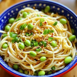 - 8 oz. edamame noodles - 1 cup shelled edamame (cooked and cooled) - 3 tablespoons sesame oil - 3 cloves garlic, minced - 2 tablespoons soy sauce (or tamari for gluten-free) - 1 tablespoon rice vinegar - 1 tablespoon honey or agave syrup - 2 green onions, finely chopped - 1 tablespoon sesame seeds - Salt and pepper to taste - Optional: red pepper flakes for heat When cooking Minute Sesame Garlic Edamame Noodles, the right ingredients make all the difference. Edamame noodles are the star of this dish. They add protein and a unique taste. Next, you need shelled edamame. Use cooked and cooled ones for the best texture. The sesame oil is key for flavor. It gives the dish a rich, nutty taste. Fresh garlic adds a punch. Mince it well for even cooking. Soy sauce or tamari brings umami. Rice vinegar gives a touch of brightness. Honey or agave syrup balances the flavors. Green onions add a fresh touch and color. Don't forget sesame seeds! They add a nice crunch. Season with salt and pepper to taste. If you like heat, consider red pepper flakes. This dish is quick, easy, and full of flavor! Start by boiling a pot of water. Use enough water to fully cover the noodles. Once the water is boiling, add 8 oz. of edamame noodles. Cook them for 3 to 5 minutes, following the package instructions. Once they are ready, drain the noodles in a colander. Rinse them under cold water to stop the cooking process. Set the noodles aside. Next, take a large skillet or wok. Heat 3 tablespoons of sesame oil over medium heat. This oil gives a nice flavor to the dish. Then, add 3 cloves of minced garlic. Sauté the garlic for 1 to 2 minutes. You want it to smell good but not burn. Keep an eye on it to prevent burning. Now it’s time to mix the sauce. Stir in 2 tablespoons of soy sauce, 1 tablespoon of rice vinegar, and 1 tablespoon of honey or agave syrup into the skillet. Mix everything well and let it simmer for 1 minute. Then, add the cooked noodles and 1 cup of shelled edamame to the skillet. Toss everything together. Cook for another 2 to 3 minutes until the noodles are hot. After cooking, remove the skillet from the heat. Stir in 2 finely chopped green onions and 1 tablespoon of sesame seeds. Add salt and pepper to taste. If you like heat, sprinkle in some red pepper flakes. Now, divide the noodles into bowls. Garnish with extra sesame seeds and green onions for a nice finish. Enjoy your tasty dish! To avoid overcooked noodles, watch the time closely. Edamame noodles cook fast, usually in 3-5 minutes. Drain them right away and rinse with cold water. This helps stop the cooking process. For a flavorful sauce, heat the sesame oil first. Sauté the garlic until it’s fragrant, but do not let it burn. Mix in the soy sauce, rice vinegar, and honey or agave. Let it simmer for a minute to blend the flavors. Try different oils to switch up the taste. Instead of sesame oil, use avocado or olive oil for a fresh twist. You can also add more garlic for punch or a splash of lime for zest. Want extra flavor? Add spices like ginger or chili paste. Toss in vegetables like bell peppers or carrots for crunch and color. Use a large pot to boil the noodles. A non-stick skillet works best for the garlic sauce. This helps prevent sticking and burning. For easier prep, have a garlic press on hand. It saves time and gives you minced garlic fast. A good set of measuring spoons ensures you get the right amounts every time. {{image_2}} To make this dish vegan, simply swap out honey for agave syrup. Agave gives a nice sweetness without using any animal products. You can also try maple syrup for a different flavor. Both options work well in the sauce. Just replace honey with the same amount of agave or maple syrup. This change keeps your meal tasty and plant-based. Want to add some protein to your noodles? Tofu, chicken, or shrimp are great choices. For tofu, use firm or extra-firm. Cut it into cubes and pan-fry until golden. For chicken, grill or sauté diced pieces until cooked through. If you prefer shrimp, cook them in the skillet until pink and opaque. Add your chosen protein to the skillet before mixing in the noodles. This step ensures that everything heats up nicely together. If you like heat, you can adjust the spice levels easily. Start by adding red pepper flakes to the sauce. If you want more heat, consider using fresh chili peppers. Slice them thin and toss them in when you sauté the garlic. You can also try spicy sauces like sriracha or chili garlic sauce for extra flavor. Just mix a small amount into the sauce until it reaches your desired heat. To store leftovers, wait until the noodles cool down. Place them in an airtight container. Make sure to include any extra sauce. This way, the noodles will stay fresh. Store them in the fridge for up to three days. I recommend using glass or BPA-free plastic containers. They keep the food safe and help avoid spills. The best way to reheat noodles is in a skillet. Use medium heat and add a splash of water. Stir often to keep them moist. You can also use the microwave. Place the noodles in a bowl and cover them with a damp paper towel. This keeps them from drying out. To prevent sogginess, do not overheat. Heat just until warm, about one to two minutes. You can freeze this dish, but it’s best to freeze the noodles without sauce. To prepare for freezing, cool the noodles completely. Place them in a freezer-safe bag. Remove as much air as you can before sealing. Label the bag with the date. You can store them in the freezer for up to three months. When ready to eat, thaw them in the fridge overnight before reheating. Edamame noodles cook quickly. They usually take about 3-5 minutes. To get the best results, boil water first. Add the noodles and stir gently. Once cooked, drain and rinse them under cold water. This stops the cooking process and keeps them firm. Yes, you can substitute edamame noodles. Some great alternatives include rice noodles or whole wheat spaghetti. If you need gluten-free options, try using rice noodles or quinoa pasta. These choices keep the meal tasty and satisfying. This recipe works great for meal prep! You can make it ahead and store it in the fridge. For best storage, use airtight containers. The noodles can last about three days. When ready to eat, simply reheat them on the stove or in the microwave. This blog outlined a simple and tasty edamame noodle recipe. You learned about ingredients, cooking steps, and expert tips to make the dish shine. Remember, adjusting flavors and adding proteins can make the meal even better. Storing and reheating leftovers smartly keeps your meals fresh. With practice, you'll master this recipe in no time. Enjoy creating your own versions and impressing your friends with your skills! Cooking can be fun and rewarding.