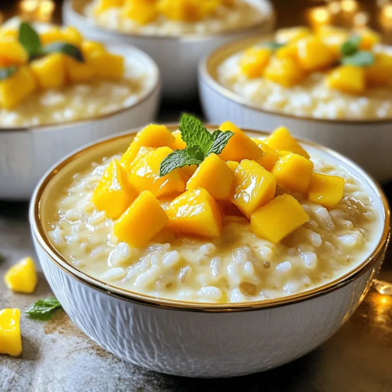 To make this creamy treat, you need these main ingredients: - 1 cup Arborio rice - 2 cups coconut milk - 1 cup almond milk (or any milk of choice) - 1/2 cup sugar (or sweetener of choice) - 1 ripe mango, diced - 1 teaspoon vanilla extract - 1/4 teaspoon salt - 1/2 teaspoon ground cinnamon These ingredients work together to create a rich and delightful flavor. The Arborio rice gives it a nice creamy texture. The coconut milk adds a tropical twist that pairs perfectly with mango. You can add these optional ingredients to change up the dish: - Fresh mint leaves for garnish - Lime zest for a citrus kick - Cardamom for a warm spice flavor These choices let you personalize your pudding. For example, adding lime zest gives a bright flavor that complements the mango. This pudding is not just tasty; it offers good nutrition too. Here’s a quick breakdown: - Calories: About 300 per serving - Protein: 4 grams - Carbohydrates: 50 grams - Sugars: 20 grams - Fats: 12 grams The coconut milk gives healthy fats. The mango adds vitamins and fiber. Enjoy this dessert knowing it can be part of a balanced meal! Start by gathering all your ingredients. Here’s what you need: - 1 cup Arborio rice - 2 cups coconut milk - 1 cup almond milk (or any milk of choice) - 1/2 cup sugar (or sweetener of choice) - 1 ripe mango, diced - 1 teaspoon vanilla extract - 1/4 teaspoon salt - 1/2 teaspoon ground cinnamon - Fresh mint leaves for garnish (optional) Make sure your mango is ripe and sweet. Dice it into small pieces. Measure out the rice and liquids. This will help you stay organized. In a medium-sized saucepan, combine the Arborio rice, coconut milk, almond milk, sugar, vanilla extract, salt, and cinnamon. Stir all the ingredients together. Next, bring the mixture to a gentle boil over medium heat. Stir occasionally to stop the rice from sticking to the bottom. Once it boils, lower the heat to let it simmer. Let it cook uncovered for about 25-30 minutes. Stir often until the rice is creamy and tender. The pudding should be thick but not dry. Once your pudding reaches the right texture, take it off the heat. Allow it to cool slightly. Then, gently fold in the diced mango. Save a few pieces for later as a garnish. Spoon the rice pudding into serving bowls. Chill them in the fridge for at least one hour. This helps it set. Before serving, add the reserved mango on top. You can also add fresh mint leaves for a pop of color and flavor. Enjoy your delightful and creamy treat! To get the creamiest mango coconut rice pudding, use Arborio rice. This rice has more starch, which makes the pudding rich and smooth. When cooking, stir often to help release the starch. Start with medium heat to bring your mixture to a boil. Then lower the heat and let it simmer. Keep stirring every few minutes until the rice is soft and creamy. Let it cook for about 25-30 minutes. If you want it creamier, add a bit more coconut milk while cooking. One mistake is not stirring enough. If you don’t stir, the rice may stick to the pan and burn. Another mistake is cooking at too high a heat. This can make the rice tough instead of soft. Make sure to simmer it gently. Also, don’t skip the cooling step. Letting the pudding cool helps it set well. Finally, avoid overcooking the rice. If the rice gets mushy, it won't have a nice texture. If you have leftovers, store them in an airtight container. Place the pudding in the fridge, where it can stay fresh for about 3 days. When you want to eat it again, give it a stir. If it seems too thick, add a splash of coconut milk or almond milk. This will help bring back its creamy texture. You can also freeze it for up to a month, but be aware it might change the texture. For best taste, enjoy it fresh! {{image_2}} You can easily make this pudding vegan. Just stick to coconut milk and almond milk. Both options are plant-based. They keep the pudding creamy and rich. You can swap sugar for maple syrup or agave nectar. These sweeteners add a nice touch. You can enjoy a delightful vegan treat! This recipe is gluten-free. Arborio rice is naturally gluten-free. You can use any type of milk. Just ensure it’s gluten-free if you choose a different milk. Avoid additives in your milk. Most coconut and nut milks work well. You can enjoy this dessert without any worries about gluten! Want to spice up your pudding? You can add lime zest for a bright kick. Just a pinch will do. Cardamom adds a warm, sweet flavor. Try adding half a teaspoon during cooking. You can also mix in shredded coconut for extra texture. Feel free to get creative with your flavors! Mango Coconut Rice Pudding pairs well with a variety of flavors. You can serve it with crunchy cookies, like shortbread or biscotti. A dollop of whipped cream adds a nice touch of sweetness. You might also try it alongside fresh tropical fruits, like pineapple or kiwi. This dessert complements a light meal, such as grilled chicken or fish. The bright flavors balance rich dishes perfectly. Garnishing makes your pudding look even more inviting. Fresh mint leaves add a pop of green and a hint of freshness. You can sprinkle some toasted coconut flakes on top for extra crunch. A dash of ground cinnamon or a drizzle of honey adds color and flavor too. Use the reserved mango pieces to create a beautiful, colorful topping. This way, each bowl looks like a work of art. Presentation matters when serving dessert. Consider using clear cups or jars to show off the layers. This creates a lovely visual effect with the creamy pudding and bright mango. You can serve individual portions or a large bowl for sharing. For a fun twist, try layering the pudding with yogurt or fruit. This adds texture and taste while making it even more appealing. Having a beautiful presentation makes the dessert feel special. You can store your Mango Coconut Rice Pudding in the fridge for up to four days. Make sure to keep it in an airtight container. This helps maintain the creamy texture and fresh taste. Before serving, give it a good stir. If it seems thick, add a splash of milk to loosen it up. Yes! You can swap mango for many other fruits. Try using diced pineapple, berries, or bananas. Each fruit adds a unique flavor. Just remember to adjust the sweetness if your fruit is very sweet. This keeps the pudding balanced and delicious. Absolutely! You can make this pudding dairy-free by using almond milk or coconut milk alone. These milks give great flavor and creaminess. Just check your sugar and vanilla for any dairy ingredients. This way, you can enjoy a tasty treat without dairy. Mango coconut rice pudding is a delightful treat, rich in flavor and nutrition. We explored key ingredients, cooking steps, and variations you can try. I shared tips for a creamy texture and mistakes to avoid. This dessert is versatile—you can make it vegan or gluten-free. With the right garnishes and serving ideas, you can impress anyone. Enjoy this sweet dish, and don’t hesitate to experiment with flavors! Each bite is a chance to savor something special.