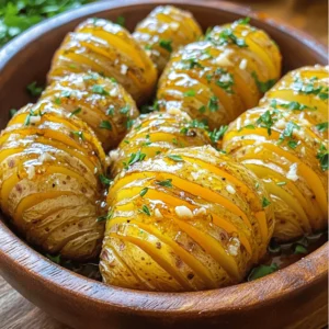 - 4 medium-sized russet potatoes - 4 tablespoons unsalted butter, melted - 2 tablespoons honey - 4 garlic cloves, minced - 1 teaspoon fresh rosemary, finely chopped - 1 teaspoon fresh thyme leaves - Salt and pepper to taste - Chopped parsley for garnish First, let's talk about the main ingredients. For this recipe, you will need four medium-sized russet potatoes. They are great for baking and get crispy on the outside. The next key ingredient is unsalted butter. You'll need four tablespoons of it, melted. This butter gives the potatoes a rich flavor. Honey adds sweetness. It balances the garlic's bold taste. You will use two tablespoons of honey. Garlic is the next star. Four cloves of minced garlic will give your dish a fragrant kick. For seasoning, we have fresh herbs. One teaspoon each of finely chopped rosemary and thyme will enhance the flavor. Finally, we must not forget salt and pepper. These enhance the taste of the potatoes. Use them to your liking. To finish, sprinkle chopped parsley on top for a fresh touch. This mix of ingredients creates a dish that is both delicious and beautiful. Each bite should be a treat! - Preheat the oven to 425°F (220°C). - Wash and scrub the potatoes; pat dry. - Slice each potato into slits, keeping the bottom intact. Start by preheating your oven. This will make sure your potatoes bake evenly. Next, wash the potatoes well. Scrub them to remove any dirt. Pat them dry with a towel. Dry potatoes help the butter stick better. Now, it’s time to slice the potatoes. Make thin cuts, about 1/4 inch apart. Be careful not to cut all the way through. Each potato should stay intact at the bottom. - Combine melted butter, honey, minced garlic, rosemary, and thyme. In a small bowl, mix the melted butter and honey. Add the minced garlic next. The garlic adds a rich flavor. Then, toss in the finely chopped rosemary and thyme. These herbs give a fresh taste. Stir everything together until well mixed. This honey garlic butter will be the star of the dish. - Place potatoes on a parchment-lined baking sheet. - Brush with honey garlic butter and season. - Bake for 45-50 minutes, basting halfway. Now, place the potatoes on a baking sheet. Use parchment paper to prevent sticking. Brush the honey garlic butter over the tops and into the slits. Make sure each potato is well coated. Sprinkle salt and pepper to taste. This adds flavor to the outside. Bake the potatoes in the oven for about 45 to 50 minutes. Halfway through, take them out and baste again with the honey garlic butter. This helps them get crispy and golden. When they are done, the tops should be crunchy, and the insides soft. To get crispy tops, slice the potatoes thinly but not all the way through. Leave the bottom intact. This helps them hold together. Brush the honey garlic butter into the slits. This adds flavor and keeps the potatoes moist. Baste them halfway through baking with more butter. This step is key for a rich taste and nice crispness. For a great look, serve the potatoes in a rustic wooden bowl. Drizzle extra honey on top for a glossy finish. Sprinkle fresh herbs for color. Use parsley or thyme for a pop of green. You can even add edible flowers for extra flair. This will wow your guests and make the dish more inviting. If you want to swap the butter, use olive oil or coconut oil. For a vegan option, replace honey with maple syrup or agave nectar. Fresh herbs can be switched out too. Try using oregano or basil if rosemary and thyme aren’t available. Each option will give the dish a new twist while keeping the flavors bold. {{image_2}} You can make your Honey Garlic Butter Hasselback Potatoes even better. Try adding cheese, like cheddar or mozzarella. The cheese melts and adds a rich flavor. You can also sprinkle crispy bacon bits on top. This adds a nice crunch and a savory taste. For those who like a bit of heat, add some chili flakes or cayenne pepper. This will give your dish a spicy kick. You can also use hot sauce in the honey garlic mixture. Just a bit can change the whole dish. While russet potatoes work great, you have options. Yukon gold potatoes are creamy and flavorful. Sweet potatoes add a hint of natural sweetness. Each type will give you a different taste. Keep in mind that cooking times may differ. Yukon golds may cook a little faster. Sweet potatoes might need a few extra minutes. Always check for tenderness with a fork. If you want to try something new, use an air fryer. Cooking them in an air fryer makes the skin extra crispy. Set your air fryer to 375°F and cook for about 30 minutes. Remember to check them halfway through. Grilling is another fun way to prepare these potatoes. Wrap them in foil and place them on the grill. The smoky flavor adds another layer of taste. Just be sure to check them often so they don’t burn. These variations can make your Honey Garlic Butter Hasselback Potatoes exciting and unique! To keep your Honey Garlic Butter Hasselback Potatoes fresh, store them in an airtight container. This method helps lock in moisture and flavor. Place them in the fridge right after they cool. They will stay fresh for about 3 days. If you wait too long, they may lose their taste and texture. The best way to reheat these potatoes is in the oven. Set your oven to 350°F (175°C). Place the potatoes on a baking tray and cover them with foil. This helps keep them moist. Heat them for about 15-20 minutes. If you want the tops crispy again, remove the foil for the last few minutes. This adds back that yummy crunch without drying them out. Yes, you can freeze Honey Garlic Butter Hasselback Potatoes! First, let them cool completely. Wrap each potato in plastic wrap or foil. Place them in a freezer-safe bag or container. They can last up to 3 months in the freezer. To defrost, move them to the fridge overnight. Reheat them in the oven as mentioned above for the best results. What are Hasselback potatoes? Hasselback potatoes are whole potatoes cut into thin slices. The cuts go almost to the bottom but not all the way through. This method helps them cook evenly. It creates crispy edges while keeping the inside soft and fluffy. How do I make my potatoes crispy? To make crispy potatoes, follow these tips: - Cut deep slits to allow more heat in. - Brush with plenty of honey garlic butter. - Bake them at a high temperature. - Baste halfway through cooking for extra flavor. Can I use pre-made garlic butter instead? Yes, you can use pre-made garlic butter. It saves time and adds flavor. Just be sure to adjust the salt based on the butter's saltiness. - Each serving contains about 250 calories. - The recipe has roughly 15g of fat and 32g of carbs. - It provides a good source of vitamins and minerals from the potatoes and herbs. - Serve these potatoes with grilled chicken or steak for a hearty meal. - They also pair well with roasted vegetables or a fresh salad. - For drinks, try a crisp white wine or a light beer. This blog post covered how to make Honey Garlic Butter Hasselback Potatoes. You learned about the key ingredients, preparation tips, and baking steps. I shared ideas for enhancing flavor and alternative methods for cooking. You now know how to store leftovers and properly reheat them. These tasty potatoes can easily become a favorite dish. Enjoy experimenting with different flavors and methods to find your perfect version. Get ready to impress friends and family at your next meal!