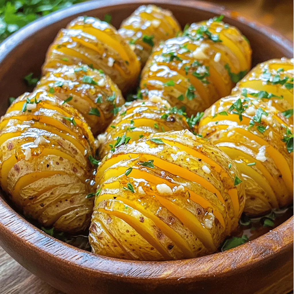 - 4 medium-sized russet potatoes - 4 tablespoons unsalted butter, melted - 2 tablespoons honey - 4 garlic cloves, minced - 1 teaspoon fresh rosemary, finely chopped - 1 teaspoon fresh thyme leaves - Salt and pepper to taste - Chopped parsley for garnish First, let's talk about the main ingredients. For this recipe, you will need four medium-sized russet potatoes. They are great for baking and get crispy on the outside. The next key ingredient is unsalted butter. You'll need four tablespoons of it, melted. This butter gives the potatoes a rich flavor. Honey adds sweetness. It balances the garlic's bold taste. You will use two tablespoons of honey. Garlic is the next star. Four cloves of minced garlic will give your dish a fragrant kick. For seasoning, we have fresh herbs. One teaspoon each of finely chopped rosemary and thyme will enhance the flavor. Finally, we must not forget salt and pepper. These enhance the taste of the potatoes. Use them to your liking. To finish, sprinkle chopped parsley on top for a fresh touch. This mix of ingredients creates a dish that is both delicious and beautiful. Each bite should be a treat! - Preheat the oven to 425&deg;F (220&deg;C). - Wash and scrub the potatoes; pat dry. - Slice each potato into slits, keeping the bottom intact. Start by preheating your oven. This will make sure your potatoes bake evenly. Next, wash the potatoes well. Scrub them to remove any dirt. Pat them dry with a towel. Dry potatoes help the butter stick better. Now, it&rsquo;s time to slice the potatoes. Make thin cuts, about 1/4 inch apart. Be careful not to cut all the way through. Each potato should stay intact at the bottom. - Combine melted butter, honey, minced garlic, rosemary, and thyme. In a small bowl, mix the melted butter and honey. Add the minced garlic next. The garlic adds a rich flavor. Then, toss in the finely chopped rosemary and thyme. These herbs give a fresh taste. Stir everything together until well mixed. This honey garlic butter will be the star of the dish. - Place potatoes on a parchment-lined baking sheet. - Brush with honey garlic butter and season. - Bake for 45-50 minutes, basting halfway. Now, place the potatoes on a baking sheet. Use parchment paper to prevent sticking. Brush the honey garlic butter over the tops and into the slits. Make sure each potato is well coated. Sprinkle salt and pepper to taste. This adds flavor to the outside. Bake the potatoes in the oven for about 45 to 50 minutes. Halfway through, take them out and baste again with the honey garlic butter. This helps them get crispy and golden. When they are done, the tops should be crunchy, and the insides soft. To get crispy tops, slice the potatoes thinly but not all the way through. Leave the bottom intact. This helps them hold together. Brush the honey garlic butter into the slits. This adds flavor and keeps the potatoes moist. Baste them halfway through baking with more butter. This step is key for a rich taste and nice crispness. For a great look, serve the potatoes in a rustic wooden bowl. Drizzle extra honey on top for a glossy finish. Sprinkle fresh herbs for color. Use parsley or thyme for a pop of green. You can even add edible flowers for extra flair. This will wow your guests and make the dish more inviting. If you want to swap the butter, use olive oil or coconut oil. For a vegan option, replace honey with maple syrup or agave nectar. Fresh herbs can be switched out too. Try using oregano or basil if rosemary and thyme aren&rsquo;t available. Each option will give the dish a new twist while keeping the flavors bold. {{image_2}} You can make your Honey Garlic Butter Hasselback Potatoes even better. Try adding cheese, like cheddar or mozzarella. The cheese melts and adds a rich flavor. You can also sprinkle crispy bacon bits on top. This adds a nice crunch and a savory taste. For those who like a bit of heat, add some chili flakes or cayenne pepper. This will give your dish a spicy kick. You can also use hot sauce in the honey garlic mixture. Just a bit can change the whole dish. While russet potatoes work great, you have options. Yukon gold potatoes are creamy and flavorful. Sweet potatoes add a hint of natural sweetness. Each type will give you a different taste. Keep in mind that cooking times may differ. Yukon golds may cook a little faster. Sweet potatoes might need a few extra minutes. Always check for tenderness with a fork. If you want to try something new, use an air fryer. Cooking them in an air fryer makes the skin extra crispy. Set your air fryer to 375&deg;F and cook for about 30 minutes. Remember to check them halfway through. Grilling is another fun way to prepare these potatoes. Wrap them in foil and place them on the grill. The smoky flavor adds another layer of taste. Just be sure to check them often so they don&rsquo;t burn. These variations can make your Honey Garlic Butter Hasselback Potatoes exciting and unique! To keep your Honey Garlic Butter Hasselback Potatoes fresh, store them in an airtight container. This method helps lock in moisture and flavor. Place them in the fridge right after they cool. They will stay fresh for about 3 days. If you wait too long, they may lose their taste and texture. The best way to reheat these potatoes is in the oven. Set your oven to 350&deg;F (175&deg;C). Place the potatoes on a baking tray and cover them with foil. This helps keep them moist. Heat them for about 15-20 minutes. If you want the tops crispy again, remove the foil for the last few minutes. This adds back that yummy crunch without drying them out. Yes, you can freeze Honey Garlic Butter Hasselback Potatoes! First, let them cool completely. Wrap each potato in plastic wrap or foil. Place them in a freezer-safe bag or container. They can last up to 3 months in the freezer. To defrost, move them to the fridge overnight. Reheat them in the oven as mentioned above for the best results. What are Hasselback potatoes? Hasselback potatoes are whole potatoes cut into thin slices. The cuts go almost to the bottom but not all the way through. This method helps them cook evenly. It creates crispy edges while keeping the inside soft and fluffy. How do I make my potatoes crispy? To make crispy potatoes, follow these tips: - Cut deep slits to allow more heat in. - Brush with plenty of honey garlic butter. - Bake them at a high temperature. - Baste halfway through cooking for extra flavor. Can I use pre-made garlic butter instead? Yes, you can use pre-made garlic butter. It saves time and adds flavor. Just be sure to adjust the salt based on the butter's saltiness. - Each serving contains about 250 calories. - The recipe has roughly 15g of fat and 32g of carbs. - It provides a good source of vitamins and minerals from the potatoes and herbs. - Serve these potatoes with grilled chicken or steak for a hearty meal. - They also pair well with roasted vegetables or a fresh salad. - For drinks, try a crisp white wine or a light beer. This blog post covered how to make Honey Garlic Butter Hasselback Potatoes. You learned about the key ingredients, preparation tips, and baking steps. I shared ideas for enhancing flavor and alternative methods for cooking. You now know how to store leftovers and properly reheat them. These tasty potatoes can easily become a favorite dish. Enjoy experimenting with different flavors and methods to find your perfect version. Get ready to impress friends and family at your next meal!