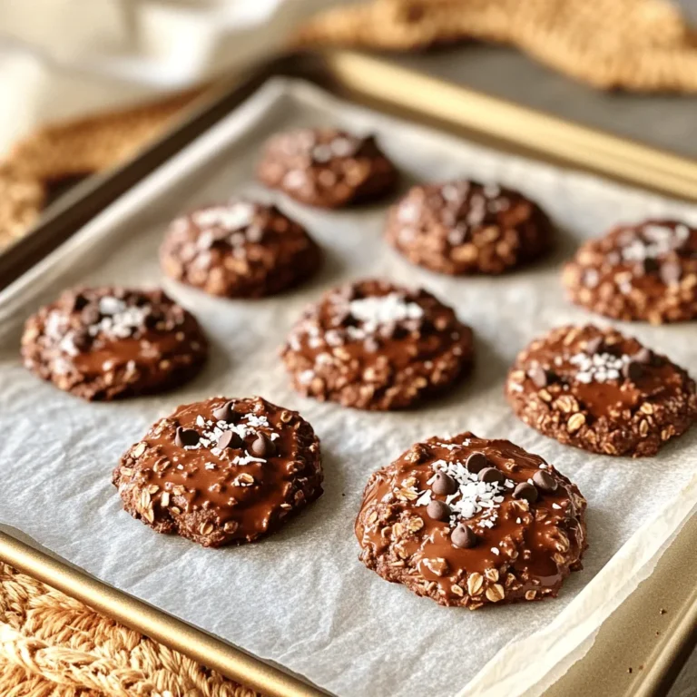 To make no-bake chocolate oat cookies, you need simple ingredients. Each one plays a crucial role in the final taste and texture. Here’s what you will need: - 1 cup quick oats - 1/2 cup almond butter (or peanut butter) - 1/4 cup honey or maple syrup - 1/3 cup cocoa powder - 1/4 cup chocolate chips (dark or semi-sweet) - 1 teaspoon vanilla extract - Pinch of salt - Optional toppings: shredded coconut, chopped nuts, or sea salt Each ingredient adds flavor and texture. Quick oats give the cookies a chewy bite. Almond butter or peanut butter adds creaminess and healthy fats. Honey or maple syrup serves as a sweetener and binds everything together. Cocoa powder provides that rich chocolate flavor we all love. Chocolate chips add extra sweetness and a melty texture. Vanilla extract enhances the overall taste, while salt balances the sweetness. For toppings, you can get creative! Shredded coconut adds a fun texture. Chopped nuts bring a nice crunch. A sprinkle of sea salt can enhance the chocolate flavor. Use what you have on hand or what you enjoy most! Gather these ingredients, and you’re ready to create a delicious treat. Start by taking a medium mixing bowl. Combine the almond butter and honey (or maple syrup). Stir them well until you have a smooth blend. Next, add the cocoa powder, vanilla extract, and a pinch of salt. Mix these ingredients until they form a creamy consistency. This step is key. A smooth mixture makes the cookies taste better. Now, it's time to add the oats. Gradually fold in the quick oats. Make sure each oat gets coated in the chocolate mixture. The dough should feel thick and slightly sticky. After that, fold in the chocolate chips. This will give your cookies a rich flavor and nice texture. Using your hands or a cookie scoop, form small balls. Aim for about one tablespoon for each cookie. Once you have the balls, flatten them slightly. This gives them the classic cookie shape. Next, place the cookies on a baking sheet lined with parchment paper. If you want, sprinkle your favorite toppings on top. Shredded coconut, chopped nuts, or a pinch of sea salt all work well. Finally, refrigerate the cookies for at least 30 minutes. This helps them set and become firm. After that, they are ready for you to enjoy! You can swap almond butter for peanut butter. Both work well in this recipe. If you want a different sweetener, try agave syrup instead of honey or maple syrup. For cocoa powder, use raw cacao for a richer taste. You can also skip it and use carob powder for a unique twist. For toppings, shredded coconut adds texture. Chopped nuts give a nice crunch. Sea salt enhances the flavor and balances the sweetness. The dough should feel thick and slightly sticky. If it’s too dry, add a bit more almond butter. If it’s too wet, mix in more oats. To handle sticky dough, wet your hands slightly. This helps form the cookies without the dough sticking to your fingers. Make sure to mix well so every oat is coated in that rich chocolate goodness. These no-bake cookies are best right from the fridge. They taste amazing chilled. Try pairing them with a glass of cold milk for a classic combo. You can also enjoy them with coffee or tea. For a fun twist, serve them with a scoop of vanilla ice cream. The flavors mix well and create a delicious dessert experience. {{image_2}} You can change the taste of your no-bake cookies in fun ways. Adding spices like cinnamon or nutmeg gives them a warm flavor. Just a pinch can make a big difference. You can also switch nut butters. Almond butter is great, but peanut butter works well too. Each choice adds its own twist to the cookies. If you want a lighter treat, you can cut the sugar. Try using less honey or maple syrup. This change still keeps the cookies sweet. You can also add superfoods like chia seeds or flaxseed. These seeds boost the health benefits without changing the taste much. Plus, they add extra fiber and nutrients. You can make these cookies any size you like! For mini cookies, use less dough per cookie. A teaspoon works well for tiny bites. For larger cookies, use a tablespoon or more. Just remember to flatten them a bit. Adjust the time in the fridge too. Smaller cookies may set faster, while larger ones need a bit more time. Enjoy making them your way! To keep your no-bake chocolate oat cookies fresh, use air-tight containers. This prevents moisture from getting in and making them soggy. Store the cookies in the fridge for the best taste and texture. A cool environment helps maintain their firmness and flavor. These cookies stay fresh in the fridge for about one week. If you want to keep them longer, freezing is a good option. Wrap each cookie tightly in plastic wrap or place them in a freezer-safe bag. They can stay frozen for up to three months. Just thaw them at room temperature before eating. Enjoy your treats anytime! Yes, you can use old-fashioned oats. They will change the texture a bit. The cookies may be chewier and less smooth. If you prefer a softer bite, quick oats work best. To make these cookies vegan, use maple syrup instead of honey. Choose almond butter or peanut butter with no added ingredients. This way, you keep it plant-based and delicious. If the dough feels too dry, add a little more almond butter or sweetener. A splash of plant milk can also help. Mix until the dough is sticky and holds together well. Yes, this recipe can be gluten-free. Just ensure your oats are labeled gluten-free. Most brands offer gluten-free oats that work well in this recipe. You can make easy no-bake cookies with quick oats and almond butter. First, mix your nut butter with sweetener and cocoa. Then, add oats and chocolate chips. Shape your cookie balls, flatten them, and chill. These cookies can be customized to fit your taste or dietary needs. Store them in an airtight container for longer freshness. Whether you enjoy them as a snack or dessert, these cookies are fun and tasty. Enjoy creating your perfect treat!