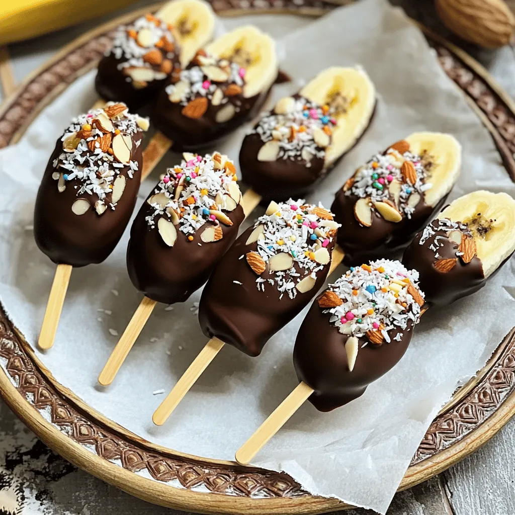 To make these tasty treats, gather these simple ingredients: - 3 ripe bananas - 1 cup dark chocolate chips - 1 tablespoon coconut oil - 1/4 cup crushed nuts (e.g., almonds, walnuts) - 1/4 cup shredded coconut - 1/4 cup sprinkles (optional) - 6 wooden popsicle sticks These ingredients make it easy to create a fun and yummy snack. You can get creative with toppings! Here are some ideas: - Use white or milk chocolate instead of dark chocolate. - Add peanut butter for a creamy twist. - Try crushed cookies for extra crunch. - Use festive sprinkles for holidays or parties. - Drizzle caramel or melted chocolate on top. These options let you make each pop unique and special. Each serving of a Chocolate Covered Banana Pop has: - Calories: Approximately 150 - Total Fat: 7g - Saturated Fat: 4g - Carbohydrates: 22g - Fiber: 2g - Protein: 2g This treat is a fun way to enjoy fruit while adding some extra nutrition! First, peel the ripe bananas. Make sure they are yellow with a few brown spots. Slice each banana in half across the middle. This gives you six pieces. Take a wooden popsicle stick and insert it into each half. Push it in gently but firmly. This stick will help you hold the banana while you dip it in chocolate. Now, grab a microwave-safe bowl. Add one cup of dark chocolate chips and one tablespoon of coconut oil to the bowl. The coconut oil helps the chocolate melt smoothly. Microwave the bowl on medium power for 30 seconds. Take it out and stir. Repeat this process until the chocolate is fully melted and smooth. This should only take a few minutes. Next, take each banana half and dip it into the melted chocolate. Make sure to coat it evenly. Let any extra chocolate drip back into the bowl. You want a nice layer but not too thick. While the chocolate is still wet, roll or sprinkle your banana pops with toppings like crushed nuts, shredded coconut, or colorful sprinkles. Press gently to make sure they stick. Finally, you need to freeze the pops. Take a cup or a freezer-safe container. Stand the banana pops upright in it. Place them in the freezer for at least two hours. This helps the chocolate set and firms up the bananas. Once done, the pops are ready to enjoy! When making chocolate-covered banana pops, there are a few mistakes to dodge. First, do not use bananas that are too ripe. They can become mushy once frozen. Second, avoid rushing the melting process. If you overheat chocolate, it can become thick and hard to use. Lastly, ensure you coat the bananas well. A thin layer of chocolate won’t stick to the banana as well. Melting chocolate requires some care. Use a microwave-safe bowl to avoid burns. Start with medium power for short times. Heat for 30 seconds, then stir. Repeat until smooth. Adding coconut oil helps the chocolate stay shiny and smooth. This also makes it easier to dip the bananas. If you do not have a microwave, use a double boiler. This method allows for gentle heating and reduces the risk of burning. Presentation can make your pops even more fun. Arrange the banana pops on a colorful plate. You can use parchment paper for an easy cleanup. To make them look fancy, drizzle more melted chocolate over the top before serving. Adding a few sprinkles on the plate can brighten up the display. These small touches can impress your guests and make the treat feel special. {{image_2}} You can switch up the chocolate to change the flavor. White chocolate adds a sweet touch. It contrasts well with the banana's natural taste. Milk chocolate offers a creamier option and is a classic choice. Both types melt just like dark chocolate. Just remember to adjust the toppings if you change the coating. Adding flavors can take your pops to another level. You can spread peanut butter on the banana before dipping. This adds a rich and nutty flavor. Mint extract is another great choice. Just add a few drops to the chocolate while melting. Both options give a fun twist to the classic recipe. Make your pops festive with themed toppings. For holidays, use colorful sprinkles that match the occasion. You can also dip them in fruit puree for a fruity flair. Strawberry or raspberry puree pairs well with bananas. These seasonal touches make your treats fun and appealing for any gathering. To keep your chocolate covered banana pops fresh, wrap each pop in plastic wrap. You can also place them in a freezer bag. This prevents freezer burn and keeps them tasty. These pops last up to two months in the freezer. For best taste, eat them within one month. Keep them in a spot where they won’t get squished. Avoid stacking them, as this can ruin their shape. You don’t need to reheat these pops. They are best served cold and frozen. Just take them out of the freezer and let them sit for a few minutes before enjoying. This makes them easier to bite into. Yes, you can use frozen bananas. However, fresh bananas work better. Frozen bananas may get mushy. They can still taste great, but the texture changes. If using frozen bananas, let them thaw slightly before dipping. To stop the chocolate from cracking, make sure you melt it well. Use coconut oil to help the chocolate stay smooth. Dip the bananas while the chocolate is warm. Avoid freezing them for too long. This keeps the chocolate from becoming too hard. You can try white chocolate or milk chocolate. Nut butter like peanut butter is a fun choice too. Yogurt is another option for a creamy dip. You can also dip them in melted dark chocolate with fun flavors added. Chocolate Covered Banana Pops last about one month in the freezer. For best taste, eat them within two weeks. Wrap them well to keep them fresh. Use freezer bags or containers to avoid freezer burn. Chocolate covered banana pops are fun and easy to make. You learned about ingredients, steps, and tips for the best results. I shared ideas for toppings and variations to spark your creativity. Remember to avoid mistakes like chocolate cracking and follow proper storage methods. These pops can be a tasty treat for any occasion. Enjoy making them for yourself or to share with friends and family. Your creativity will make them a hit!