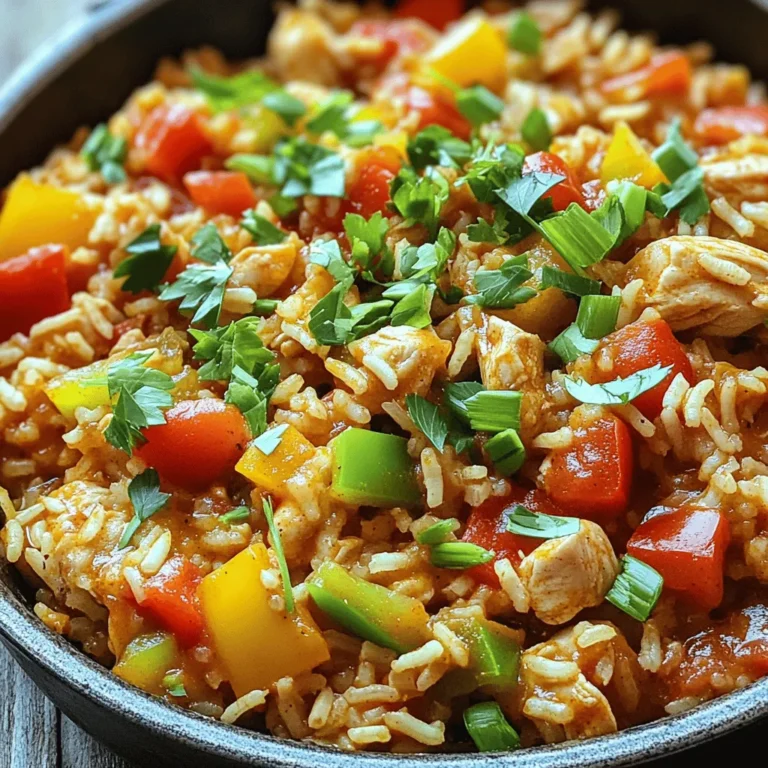 To make a tasty Cajun Chicken Rice Skillet, you need some key items. Gather these ingredients: - 1 lb chicken breast, diced - 1 cup long-grain rice - 1 medium onion, chopped - 1 bell pepper (red or green), diced - 3 cloves garlic, minced - 1 can (14 oz) diced tomatoes (with juices) - 2 cups chicken broth These items form the heart of the dish. The chicken gives protein, while the rice makes it filling. The onion, bell pepper, and garlic add flavor and color. The right spices make your dish shine. You will need: - 2 tablespoons Cajun seasoning - 1 teaspoon dried thyme - 1 teaspoon paprika - 1/2 teaspoon cayenne pepper (adjust to taste) - Salt and pepper to taste Cajun seasoning brings a warm, spicy kick. Thyme and paprika add depth, while cayenne boosts heat. Adjust the cayenne to match your taste. Finishing touches bring the dish to life. Consider these garnishes: - 2 green onions, chopped - Fresh parsley, chopped These fresh herbs add color and a pop of flavor. Plus, they make your skillet look even more inviting. Enjoy your meal! To make a Cajun chicken rice skillet, you will cook the chicken, sauté vegetables, add rice, and simmer everything together. This dish is quick and full of flavor. You can enjoy it on a busy weeknight or for a cozy family dinner. First, heat the olive oil in a large skillet over medium-high heat. Add 1 pound of diced chicken breast. Season it with salt, pepper, and half of the Cajun seasoning. Cook the chicken for about 5 to 7 minutes. Make sure it gets browned and cooked through. Then, remove the chicken from the skillet and set it aside. This step gives the chicken a nice flavor. In the same skillet, add 1 chopped medium onion, 1 diced bell pepper, and 3 cloves of minced garlic. Sauté these for 3 to 4 minutes. You want the vegetables to soften and release their flavors. This mix adds great taste to your dish. Next, stir in 1 cup of long-grain rice, the remaining Cajun seasoning, 1 teaspoon of dried thyme, 1 teaspoon of paprika, and 1/2 teaspoon of cayenne pepper. Toast the rice for 2 minutes while stirring. This helps the rice absorb all the flavors. After that, add 1 can of diced tomatoes with their juices and 2 cups of chicken broth. Bring this to a boil. Then, return the cooked chicken to the skillet and stir everything together. Now, reduce the heat to low and cover the skillet. Let it simmer for about 20 minutes. Check it now and then to prevent sticking. The rice will absorb most of the liquid and become tender. Once done, remove it from the heat. Let it sit covered for another 5 minutes. Fluff the rice with a fork, and taste for seasoning. Adjust if needed. Finally, serve it hot, garnished with chopped green onions and parsley. Enjoy your meal! To boost the taste of your Cajun Chicken Rice Skillet, use fresh herbs. Fresh thyme and parsley add bright notes. You can also squeeze some lemon juice before serving. This adds a nice tang. Don't skip the Cajun seasoning; it brings that classic kick. For an extra layer, try smoked paprika instead of regular. For fluffy rice, rinse it under cold water before cooking. This removes excess starch. Use a 2:1 ratio of broth to rice for the best texture. Let the rice simmer gently. Do not lift the lid too often, as it releases steam. After cooking, let it sit covered for five minutes. This helps the rice finish cooking and absorb flavors. Garnish your dish with chopped green onions and parsley for color. You can also add sliced jalapeños for heat. A dollop of sour cream can cool down the spice. For a fun twist, try crumbled feta or goat cheese. These add creaminess and a unique flavor. {{image_2}} You can make a tasty vegetarian version by swapping out chicken. Use hearty veggies like zucchini, mushrooms, and carrots. I suggest adding more beans for protein. Black beans or kidney beans work well. Just cook the veggies until soft and mix in the rice as usual. You can still use the same Cajun spices to keep the bold flavor. For a seafood twist, try shrimp or scallops. Cook them until they turn pink and firm. Add them in the last few minutes of cooking so they don’t overcook. If you prefer sausage, andouille sausage is a great choice. Slice it and cook it with the chicken for added flavor. Either option gives a new spin to your skillet meal. If you want to switch up the grain, consider using quinoa or farro. Both add a nice texture and flavor. Quinoa cooks faster, so adjust the liquid and cooking time. Farro takes longer, so you may want to cook it separately first. Either way, these grains bring a healthy twist to your Cajun dish. Store your leftover Cajun chicken rice skillet in an airtight container. Let it cool first. Place it in the fridge within two hours of cooking. Properly stored, it lasts about 3-4 days. Always label your container with the date for easy tracking. To reheat, use the microwave or a skillet. If using a microwave, put a portion in a bowl and cover it. Heat for 1-2 minutes, stirring halfway. If using a skillet, add a splash of broth or water. Heat over medium heat, stirring until hot. You can freeze Cajun chicken rice skillet for later use. First, let it cool completely. Then, transfer it to a freezer-safe container. It keeps well for up to three months. To thaw, move it to the fridge overnight. Reheat as directed above. Yes, you can use brown rice. It takes longer to cook, about 45 minutes. You will need to add more broth. Use 2.5 cups of broth for brown rice. To reduce spice, cut back on cayenne pepper. You can also add sour cream or yogurt. These will help cool down the heat and add creaminess. Leftovers can last up to 3-4 days in the fridge. Store them in an airtight container. Make sure they cool down before sealing. Yes, this dish is great for meal prep. It reheats well and keeps its flavor. Portion it out in individual containers for easy meals. You can make it in advance. Cook it and let it cool. Store it in the fridge for up to 3 days or freeze it for longer storage. Just reheat before serving. This blog shared key ingredients, cooking steps, and storage tips for Cajun Chicken Rice Skillet. You learned how to enhance flavors and explore variations, like vegetarian options or adding seafood. Remember to store leftovers correctly and reheat them safely. Making this dish easy to prepare allows you to enjoy great meals. Embrace your kitchen skills, and try these ideas today!