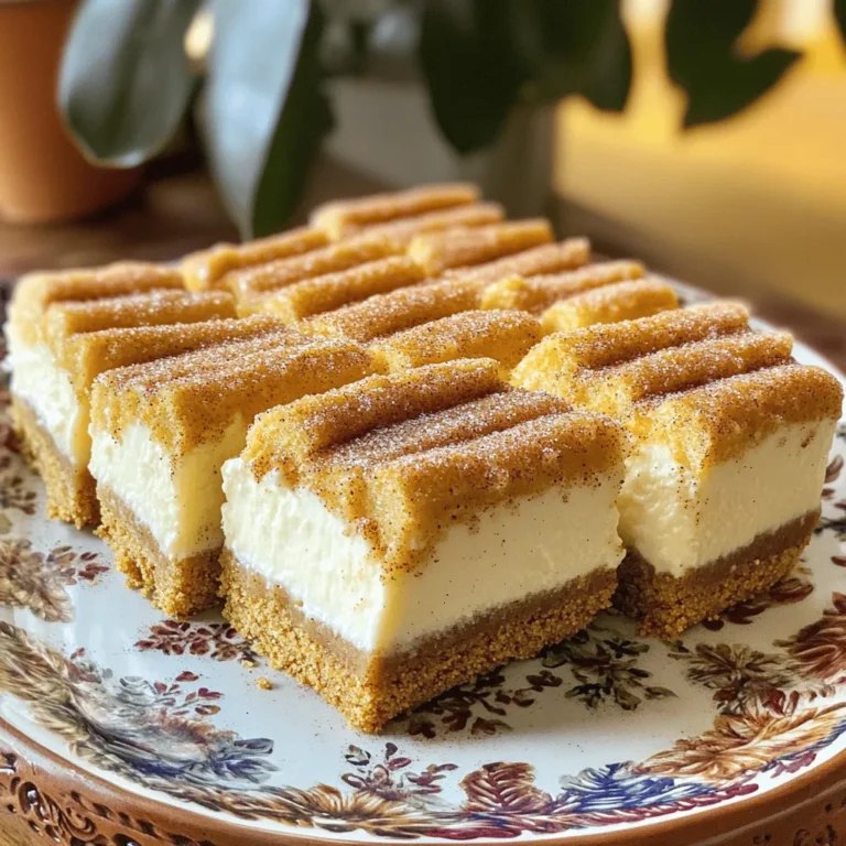 - 1 ½ cups graham cracker crumbs - ½ cup unsalted butter, melted - ¼ cup granulated sugar - 16 oz cream cheese, softened - ½ cup granulated sugar - 1 teaspoon vanilla extract - 2 large eggs - 1 teaspoon cinnamon - ¼ cup unsalted butter, melted - ½ cup granulated sugar - 1 teaspoon cinnamon When making churro cheesecake bars, you need specific ingredients. The crust is the base, and it gives flavor. For the crust, use graham cracker crumbs. Combine these with melted butter and sugar. This mix will form a nice, firm base. Next, we prepare the cheesecake layer. Softened cream cheese is key for a smooth texture. Add granulated sugar, vanilla extract, eggs, and cinnamon. Each element adds flavor and creaminess. Mix them well to ensure everything blends. Lastly, the churro topping adds a sweet crunch. Melted butter, sugar, and cinnamon create this delight. It will sit on top, adding a tasty finish. With these ingredients, you can create a sweet treat that everyone will enjoy! - Preheat Oven: 325°F (160°C) - Prepare the Baking Pan: Line an 8x8 inch pan with parchment paper. This helps with easy removal later. - Combine ingredients: In a mixing bowl, mix 1 ½ cups of graham cracker crumbs, ½ cup of melted butter, and ¼ cup of sugar. - Press into the pan: Firmly press this mixture into the bottom of the lined pan. This will form a solid base for your cheesecake. - Mix cream cheese, sugar, and eggs: In a large bowl, beat 16 oz of softened cream cheese with ½ cup of sugar until smooth. - Add vanilla extract and cinnamon: Mix in 1 teaspoon of vanilla extract, 2 large eggs, and 1 teaspoon of cinnamon. Ensure everything is well blended. - Pour cheesecake mixture over crust: Spread the cheesecake layer evenly over the crust in the pan. - Bake for 30-35 minutes: Place in the preheated oven. Bake until the center is set but still slightly jiggly. - Combine churro topping ingredients: In a small bowl, mix ¼ cup melted butter, ½ cup sugar, and 1 teaspoon cinnamon. - Drizzle over the baked cheesecake: Once baked, pour this mixture over the top of the cheesecake. Spread it evenly. - Allow to cool to room temperature: Let the cheesecake bars sit out until they reach room temp. - Refrigerate for at least 2 hours: Chill in the fridge until fully set. - Cut into squares and serve: Use the parchment paper to lift the cheesecake out. Cut into squares and enjoy! To make the best churro cheesecake bars, first ensure your ingredients are at room temperature. This helps them blend smoothly. Next, don’t overmix after adding the eggs. Mix just enough to combine. Overmixing can lead to cracks. Presentation matters! Serve your bars on a decorative plate. You can add toppings like whipped cream or chocolate sauce. Dust the top with cinnamon and sugar before serving. This makes them look even more tempting. If you see cracks in your cheesecake, don’t worry. You can fix them by covering the cracks with topping. For the perfect texture, bake until the center is set but still a bit jiggly. This helps keep your bars creamy and delicious. {{image_2}} You can change the flavors in churro cheesecake bars. Try adding chocolate or caramel layers for a rich twist. This gives each bite a sweet surprise. You can also mix in fruit like berries or bananas for a fresh taste. This makes the cheesecake lighter and adds color. Toppings can change the whole feel of your bars. Use whipped cream on top for a creamy addition. Chopped nuts add a nice crunch that contrasts with the smooth cheesecake. You can also sprinkle chocolate chips for a sweet touch. For more flavor, experiment with spices like nutmeg or ginger. They can add warmth to your treat. How you serve these bars can make them even more fun. Cut them into small mini bars for easy eating at parties. This also makes it easy for guests to grab and enjoy. You can decorate with sauces or drizzles. A chocolate or caramel drizzle can make each bar look fancy and taste even better. Store leftover churro cheesecake bars in an airtight container. This keeps them fresh and delicious. They last about 4 to 5 days in the fridge. If you want to enjoy them later, refrigeration is key. To freeze, wrap each bar tightly in plastic wrap. Place them in a freezer-safe bag or container. You can freeze churro cheesecake bars for up to three months. When you're ready to eat them, let them thaw in the fridge overnight for the best taste. Reheat leftover bars in the oven for about 5 to 10 minutes at 350°F (175°C). This helps keep the texture and flavor just right. You can also use a microwave for 30 seconds. Just be careful not to overheat them, as they can get too soft. Enjoy your delightful treat! Yes, you can change the crust! Here are some tasty options: - Oreo Crust: Use crushed Oreo cookies instead of graham crackers. - Almond Flour Crust: Mix almond flour with butter and a bit of sugar for a nutty flavor. - Gingersnap Crust: Crushed gingersnap cookies add a spicy twist to your bars. Each crust gives a unique taste and texture to the churro cheesecake bars. Chill the cheesecake for at least 2 hours. This helps it set properly. If you want it extra firm, leave it in the fridge longer. The longer it chills, the better the flavors meld together. Yes, you can try other cheeses! Here are some ideas: - Ricotta: This cheese makes a lighter texture. - Mascarpone: Adds a rich and creamy flavor. - Greek Yogurt: Use it for a tangy twist, but expect a different texture. Each option changes the taste and creaminess of your cheesecake bars. Yes, you can make gluten-free churro cheesecake bars! Here are some tips: - Gluten-Free Graham Crackers: Use these instead of regular ones for the crust. - Almond Flour Crust: A great gluten-free option that is easy to make. - Check Labels: Always read labels on your ingredients to ensure they are gluten-free. These steps let everyone enjoy your churro cheesecake bars! This blog post covered how to make delicious churro cheesecake bars. We explored the simple ingredients for the crust, cheesecake filling, and churro topping. You learned step-by-step instructions and helpful tips for perfecting your recipe. Remember, you can mix up flavors and toppings to suit your taste. Now, you’re ready to try this treat. Enjoy making these bars for friends and family. Happy baking!