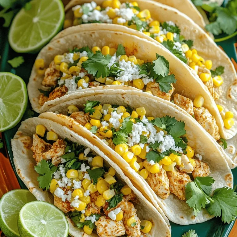 - 2 chicken breasts, diced - 2 cups corn kernels (fresh or frozen) - 8 small corn tortillas - 1 tablespoon chili powder - 1 teaspoon garlic powder - 1 teaspoon cumin - 1 tablespoon olive oil - Juice of 2 limes - Salt and pepper to taste - 1/2 cup mayonnaise - 1/4 cup cotija cheese, crumbled - 2 tablespoons chopped cilantro - Slices of lime, for serving Start by marinating the chicken. In a bowl, mix the diced chicken with chili powder, garlic powder, cumin, olive oil, lime juice, salt, and pepper. Make sure every piece is coated well. Let it sit for about 10 minutes. This lets the flavors soak in. Next, heat a skillet over medium heat. Add the marinated chicken to the skillet. Cook for about 6-8 minutes. Stir occasionally to ensure even cooking. The chicken should turn golden brown and be fully cooked. Once done, remove it from the heat and set it aside. Now, let’s char the corn. In another skillet, add the corn kernels. Cook them over medium heat for about 5 minutes. You want them to get slightly charred, which adds great flavor. In a small bowl, mix the charred corn with mayonnaise, cotija cheese, and chopped cilantro. Stir well until everything is combined. This adds a creamy and tasty touch to your tacos. To warm the corn tortillas, place them in a dry skillet. Heat them for about 15-30 seconds on each side. This makes them soft and easy to fold. Now, it’s time to assemble your tacos! Take a warm tortilla and add a spoonful of the chili lime chicken. Then, top it with a generous scoop of the corn mixture. The flavors all come together here for a delicious bite. Serve the tacos with slices of lime on the side. This adds extra zest when you squeeze them on top. Enjoy your tasty creation! To ensure the chicken is cooked through, use a meat thermometer. Chicken should reach 165°F (75°C). This keeps it juicy and safe to eat. Cook the chicken evenly by cutting it into small, even pieces. Stir it often while it cooks. For perfect char on the corn, use fresh corn when possible. If using frozen corn, thaw it first. Heat a skillet over medium heat and let the corn sit without stirring for a minute. This helps to get a nice char. Stir and let it sit again. Repeat until you see those lovely golden spots. For vibrant taco plating, use a colorful platter. Arrange tacos in a line and sprinkle extra cilantro on top. Add lime wedges around the tacos. This adds color and makes the dish more fun. When it comes to pairing drinks, try a light lager or a zesty margarita. Fresh lime juice in your drink will match the tacos' flavors. For sides, consider a simple green salad or tortilla chips with salsa. These make great companions and balance the meal. To adjust spice levels, use less chili powder and cumin. You can also skip the garlic powder. These small changes make a big difference for sensitive taste buds. If you have picky eaters, swap the chicken for shredded rotisserie chicken. It’s simple and tasty. You can also use plain corn without the mayo mix. Serve the corn on the side. This way, kids can choose what they want in their tacos. {{image_2}} You can switch up the protein in these tacos. If you like shrimp, use that instead of chicken. Just marinate the shrimp the same way. Cook it until it’s pink and opaque. Beef is another good choice. Use diced steak or seasoned ground beef. For a veggie twist, try grilled vegetables. Bell peppers and zucchini work well. You can also use tofu for a tasty meatless option. Just press and marinate it, then grill or sauté until golden. Want to amp up the flavor? Add heat with jalapeños or chipotle peppers. A smoky touch can come from smoked paprika. You can also mix in different sauces. Try a spicy mayo or tangy salsa for extra zest. Experiment with toppings, like avocado or radishes. Fresh mango salsa adds sweetness too. Get creative with what you have at home! If you need gluten-free options, look for corn tortillas made without gluten. Many brands offer this choice. You can also make low-calorie adjustments. Use Greek yogurt instead of mayonnaise for a lighter mix. Reducing the cheese or using less oil can help cut calories too. Adjust the recipe to fit your needs while keeping the flavor! To store leftover tacos, keep them in the fridge. Use airtight containers to keep the flavors fresh. Place the chicken and corn mixture separately from the tortillas. This prevents sogginess. Make sure to eat them within three days for best taste. To reheat the chicken and corn mixture, use a skillet over low heat. Stir frequently to keep it moist. Add a splash of lime juice for extra flavor and juiciness. For the tortillas, warm them in a dry skillet for 15-30 seconds. This keeps them soft and tasty. You can freeze leftover chicken or corn mixture. Let it cool completely before packing it in freezer bags. Remove as much air as possible to prevent freezer burn. When ready to eat, thaw in the fridge overnight. Reheat it in a skillet, adding some lime juice to refresh the flavor. To spice up your chili lime chicken tacos, you can add more heat easily. Here are some ideas: - Extra chili powder: Just sprinkle in more when marinating the chicken. - Cayenne pepper: A pinch goes a long way. Start small. - Hot sauce: Mix some into the mayonnaise for added kick. - Fresh jalapeños: Dice them up and add to your corn mixture. These options let you control the spice level. Enjoy the heat! Yes, you can prepare some parts ahead. Here’s how: - Marinate chicken: Do this the night before. It will soak up the flavors. - Cook corn: You can char the corn a few hours in advance. Just store it in the fridge. - Warm tortillas: Do this right before serving for the best taste. By prepping ahead, you save time on taco night! If you don’t have cotija cheese, here are some great swaps: - Feta cheese: Crumbled feta works well. It adds a nice salty taste. - Parmesan cheese: Shredded Parmesan can also be a good choice. - Homemade version: Mix cream cheese with a bit of lime juice and salt for a quick substitute. These alternatives keep your tacos tasty and fun! This blog post covered easy chicken tacos made from simple ingredients. We explored marinating chicken, charring corn, and layering flavors. I shared tips for cooking, serving, and adjusting the recipe for kids. Variations included different proteins and dietary adjustments. Remember, these tacos can please anyone at the table. Enjoy making them your own, and have fun with flavors and toppings! Your taco night will never be the same.
