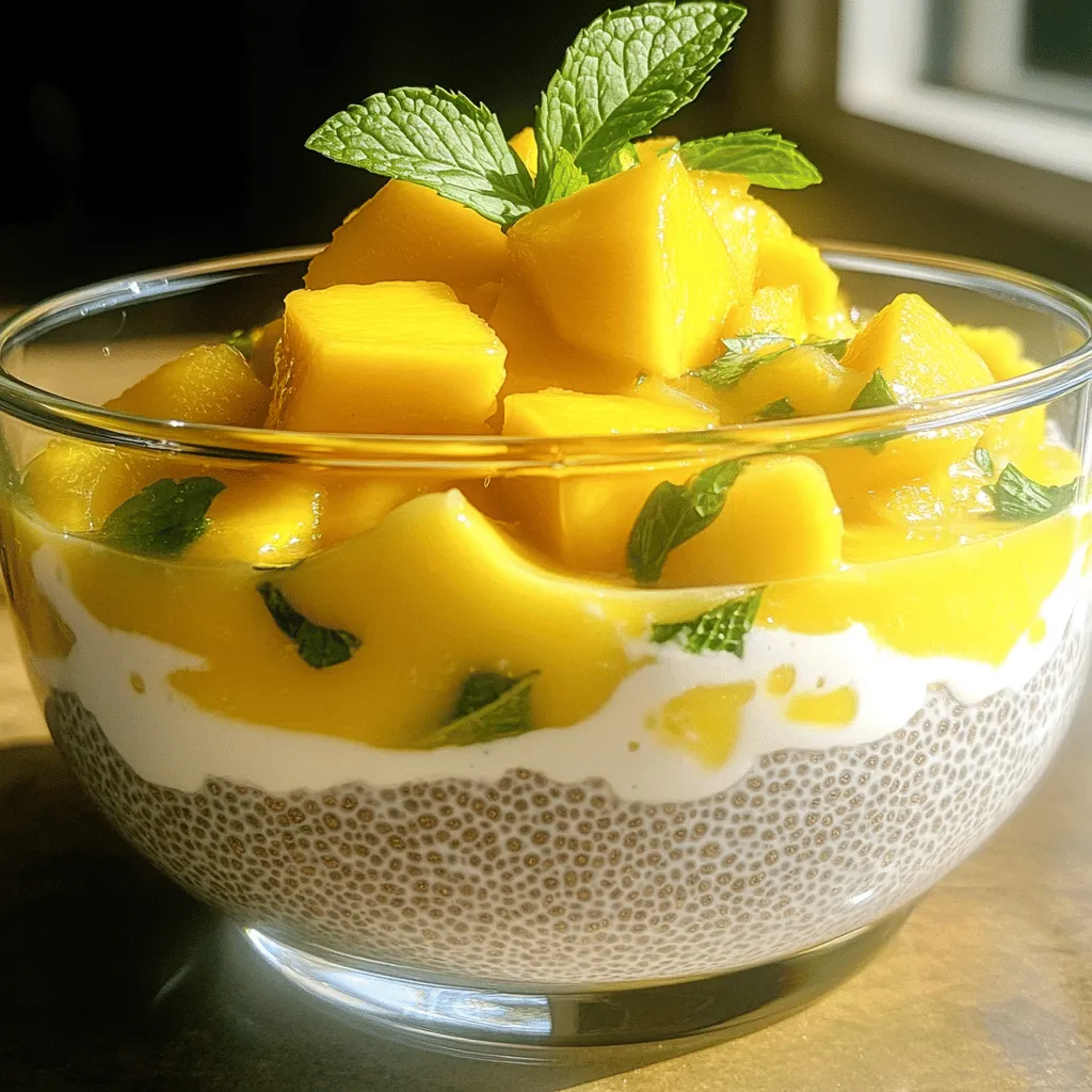 For a tasty Coconut Mango Chia Pudding, you will need: - 1 cup coconut milk (canned or carton) - 1 cup almond milk (or any non-dairy milk) - 1/2 cup chia seeds - 2 tablespoons maple syrup (or honey) - 1 ripe mango, diced - 1 teaspoon vanilla extract - Pinch of salt - Fresh mint leaves for garnish (optional) Coconut milk is rich in healthy fats. It can boost heart health and provide energy. Almond milk is low in calories and high in vitamins. It helps with weight management and supports bone health. Chia seeds are full of fiber and protein. They aid digestion and keep you full. Mangoes are loaded with vitamins A and C. They strengthen your immune system and improve skin health. If you have allergies, you can swap the almond milk for oat milk or soy milk. Instead of maple syrup, try using agave syrup or stevia for a low-sugar option. If you're not a fan of mango, you can use berries or bananas instead. This recipe is flexible to fit your taste and dietary needs. To make Coconut Mango Chia Pudding, gather your ingredients first. You will need coconut milk, almond milk, chia seeds, maple syrup, vanilla extract, a ripe mango, and salt. This recipe takes only 15 minutes to prep but needs time to chill. In a mixing bowl, add 1 cup of coconut milk and 1 cup of almond milk. Pour in 2 tablespoons of maple syrup and 1 teaspoon of vanilla extract. Sprinkle a pinch of salt into the mix. Whisk everything together until smooth. Next, add 1/2 cup of chia seeds. Stir well to break up any clumps. This step is important for a creamy pudding. Cover the bowl with plastic wrap or pour the mixture into a jar with a lid. Place it in the fridge for at least 4 hours, or better yet, overnight. The chia seeds will soak up the liquid. This makes the pudding thick and delicious. After chilling, stir the pudding again. It’s ready to serve! To get the best pudding, you need enough time. Chia seeds must soak in the liquid to expand. After mixing, cover the bowl well. Leave it in the fridge for at least 4 hours. If you can, let it sit overnight. Stir the pudding well before serving. This helps break up any clumps. A smooth texture makes every bite enjoyable. You can easily boost the flavor of your pudding. Try adding a pinch of cinnamon or nutmeg. These spices add warmth and depth. For a tropical twist, mix in some lime zest. If you like sweet, add a touch more maple syrup. You can also use flavored almond milk, like vanilla or coconut, for an extra kick. Serving this pudding is fun and tasty. Use clear glasses to show off the layers. Start with a layer of chia pudding, then add mango. You can repeat this for a pretty effect. Top it off with fresh mint leaves for color. You can also sprinkle some shredded coconut on top. For crunch, add some nuts or granola. This makes the pudding look and taste amazing. {{image_2}} You can give Coconut Mango Chia Pudding a fun tropical twist. Try using pineapple or passion fruit instead of mango. You can also mix in some shredded coconut for extra flavor. This change keeps the dish fresh and exciting. Fruits are a great way to enhance your pudding. You can add berries, bananas, or kiwi on top for color and taste. Chopped nuts like almonds or walnuts add a nice crunch too. Feel free to layer different fruits for a beautiful presentation! If you want a different flavor, swap the vanilla extract with almond or coconut extract. You can also add spices like cinnamon or nutmeg for warmth. Each swap gives a new twist to the dish while keeping it delicious and fun. Store your Coconut Mango Chia Pudding in an airtight container. This keeps it fresh and prevents odors from other foods. If you used a bowl, cover it tightly with plastic wrap. Always place it in the fridge to maintain its creamy texture. Coconut Mango Chia Pudding lasts about five days in the fridge. If you want to keep it longer, you can freeze it. However, the texture may change when thawed. To freeze, pour the pudding into freezer-safe containers and leave some space for expansion. Label it with the date for easy tracking. When ready to eat, check the pudding. If it is too thick, mix in a little almond milk to loosen it. Serve it cold for the best taste. If you prefer warm pudding, gently heat it in a pot over low heat, stirring often. Enjoy it with fresh mango and mint for a tasty treat! Yes, you can use other types of milk. Almond milk works well, but you can try oat milk or soy milk too. Each type of milk gives a different taste. Experiment to find your favorite mix. If you want a creamier texture, choose full-fat coconut milk. You can keep the chia pudding in the fridge for up to five days. Just make sure to store it in a sealed container. The pudding may thicken more over time. If it gets too thick, add a bit of milk to loosen it up. Yes, Coconut Mango Chia Pudding is healthy! Chia seeds are full of fiber and omega-3s. Coconut milk adds healthy fats. Mango brings vitamins and antioxidants. This pudding is a tasty way to get good nutrients. Enjoy it as a snack or breakfast. If you don’t have maple syrup, honey is a great choice. Agave syrup works too. You can also use stevia or a sugar substitute. Just remember, each sweetener may change the taste a little, so adjust to your liking. This blog post covered how to make Coconut Mango Chia Pudding. We shared the key ingredients and their health benefits. You learned steps for preparation, mixing, and setting your pudding. Tips for perfect texture, flavor, and serving ideas added extra value. We explored tasty variations and smart storage tips. In conclusion, I hope this guide helps you create a delicious treat you enjoy!