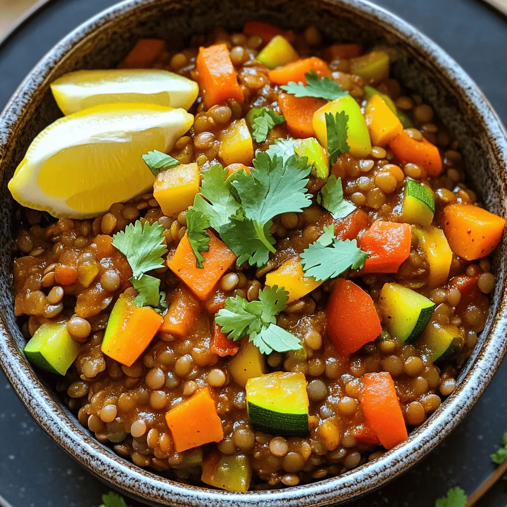 To make Cozy Moroccan Lentil Stew, you need: - 1 cup green or brown lentils, rinsed - 1 onion, diced - 2 cloves garlic, minced - 2 carrots, diced - 1 bell pepper, diced (any color) - 1 zucchini, diced - 1 can (14 oz) diced tomatoes - 4 cups vegetable broth - 2 tablespoons olive oil - 1 tablespoon Moroccan spice mix (cumin, coriander, cinnamon, paprika) - 1 teaspoon ground ginger - Salt and black pepper to taste - 1 cup spinach or kale, chopped When serving, consider these garnishes: - Fresh cilantro or parsley - Lemon wedges These add a pop of color and flavor to your dish. I recommend serving this stew with: - Crusty bread - Cooked rice These sides soak up the flavors and make the meal more filling. Enjoying this stew warms the heart and satisfies the belly! Start by gathering your ingredients. You will need: - 1 cup green or brown lentils, rinsed - 1 onion, diced - 2 cloves garlic, minced - 2 carrots, diced - 1 bell pepper, diced (any color) - 1 zucchini, diced - 1 can (14 oz) diced tomatoes - 4 cups vegetable broth - 2 tablespoons olive oil - 1 tablespoon Moroccan spice mix (cumin, coriander, cinnamon, paprika) - 1 teaspoon ground ginger - Salt and black pepper to taste - 1 cup spinach or kale, chopped - Fresh cilantro or parsley for garnish - Lemon wedges for serving Make sure your vegetables are washed and diced. Rinsing the lentils is key to removing any dust. This step makes your stew clean and fresh. In a large pot, pour in the olive oil. Heat it on medium. Once hot, add the diced onion. Sauté for about 5 minutes until it looks clear. This adds a great base flavor. Next, add the minced garlic. Cook for one more minute until you smell it. Now, stir in your diced carrots, bell pepper, and zucchini. Sauté these for 5-7 minutes. You want them to soften, but not mushy. Now, add the rinsed lentils into the pot. Pour in the diced tomatoes and vegetable broth. Sprinkle in the Moroccan spice mix and ground ginger. Season with salt and black pepper to taste. Bring this mix to a boil. Then, lower the heat to let it simmer. Cover the pot and cook for 30-35 minutes. Stir it now and then. If it seems dry, add more broth or water. Once the lentils are soft, it's time for the greens. Stir in the chopped spinach or kale. Cook this for another 5 minutes until it wilts down. Taste your stew. Adjust seasoning if needed. For serving, ladle the stew into deep bowls. Garnish with fresh cilantro or parsley. Don't forget the lemon wedges on the side for a zesty kick. Enjoy it with crusty bread or over rice! To make your stew even tastier, use fresh herbs. Fresh cilantro or parsley adds bright notes. A squeeze of lemon juice at the end brightens all the flavors. You can also try adding a spoonful of harissa for a spicy twist. For a deeper flavor, roast the vegetables first. This brings out their natural sweetness. Rinse your lentils well before cooking. This removes dust and helps them cook evenly. Use a mix of broth and water for more flavor. Keep an eye on the simmering time. Overcooked lentils turn mushy. They should be tender but still hold their shape. Stir the pot occasionally. This helps prevent sticking and ensures even cooking. If you want more heat, add a pinch of cayenne pepper. Taste as you go to find your perfect balance. You can also reduce the spices if you prefer milder flavors. Start with half the spice mix, then add more if needed. Always remember, you can add more but can’t take it out! {{image_2}} You can change the veggies in this stew. Try adding sweet potatoes, peas, or green beans. These choices add color and taste. You can also use butternut squash for a sweet twist. Don't be afraid to mix and match your favorites. Each veggie brings its own flavor to the mix. If you want more protein, consider adding chickpeas or cooked quinoa. Both options work well with lentils. You can also add shredded chicken if you prefer meat. Just stir it in during the last few minutes of cooking. This way, it warms up without overcooking. This stew is already vegan and gluten-free! To keep it that way, ensure your broth is plant-based. You can use any vegetable broth you like. If you want to thicken the stew, blend a portion of it until smooth. This gives it a creamy texture without dairy. Enjoy your cozy meal without worry! To store your leftover stew, let it cool. Then, transfer it to an airtight container. Make sure to seal the lid tightly. You can keep it in the fridge for up to three days. For best taste, try to eat it sooner. When you are ready to enjoy your stew again, you can reheat it. Pour the stew into a pot over medium heat. Stir it often and heat until it's hot throughout. You can also use the microwave. Place it in a bowl and heat for about two minutes. Stir and check if it is warm enough. If you want to keep your stew longer, freezing is a great option. First, let the stew cool completely. Then, pour it into freezer-safe bags or containers. Flatten the bags to save space in your freezer. You can freeze it for up to three months. When you are ready to eat, thaw in the fridge overnight before reheating. You can use chickpeas or black beans in place of lentils. Both options add great protein. If you need a faster option, use canned beans. Just rinse them well before adding to your stew. Remember, the cooking time may change with different beans. Yes, adding meat is easy! Chicken or beef works well. Brown the meat in the pot first, then follow the recipe as usual. This will give your stew extra flavor and heartiness. You can also add sausage for a spicy kick. This stew lasts about 5 days in the fridge. Make sure to store it in an airtight container. Always reheat it until it’s hot all the way through. If you want to keep it longer, consider freezing it. It will stay good for about 3 months in the freezer. This blog post covered lentil stew's main ingredients, cooking steps, and tips to improve flavor. You can use various vegetables, proteins, or even make it vegan and gluten-free. Don't worry about leftovers; I shared how to store, reheat, and freeze them correctly. In the end, lentil stew is both simple and versatile. Enjoy creating your unique version!