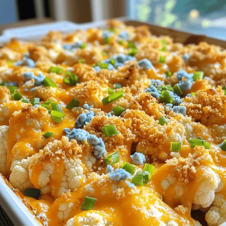 - 1 medium head of cauliflower, cut into florets - 2 cups cooked chicken, shredded - 1/2 cup buffalo sauce (mild or hot, depending on your preference) - 1 cup cream cheese, softened - 1 cup shredded cheddar cheese - 1/2 cup blue cheese, crumbled - 1/2 cup green onions, chopped - 1 teaspoon garlic powder - 1 teaspoon onion powder - Salt and pepper to taste - 1/2 cup breadcrumbs - 2 tablespoons olive oil In this recipe, the ingredients come together to create a cheesy delight. First, cauliflower florets serve as the base. They provide a great texture and absorb the flavors well. You can use fresh cauliflower or frozen, but fresh gives the best bite. Next, cooked chicken adds protein. You can use any cooked chicken. Shredded rotisserie chicken works great. Then we add buffalo sauce. It gives a spicy kick. You can choose mild for less heat or hot for more spice. Cream cheese makes everything creamy. It binds the dish together. Shredded cheddar cheese adds a rich flavor and helps create a gooey top layer. For a twist, add blue cheese. It gives a tangy taste that pairs well with buffalo sauce. Green onions add a fresh crunch and color. Don't forget the seasoning! Garlic powder and onion powder boost the flavor. Salt and pepper enhance everything. Finally, the topping of breadcrumbs mixed with olive oil adds a crispy finish. It makes every bite exciting. This mix of ingredients is what makes this Cheesy Buffalo Chicken Cauliflower Bake so special. 1. Preheat oven and cook cauliflower Set your oven to 400°F (200°C). In a large pot, boil salted water. Add the cauliflower florets and cook for about 5 minutes until they are slightly tender. Drain the cauliflower and set it aside. 2. Prepare chicken mixture In a mixing bowl, combine the shredded chicken, buffalo sauce, and softened cream cheese. Add half of the cheddar cheese along with garlic powder, onion powder, salt, and pepper. Mix everything well until you have a smooth, creamy mixture. 1. Combine chicken and cauliflower Gently fold the cooked cauliflower into the chicken mixture. Make sure each piece of cauliflower is well coated with the sauce. 2. Transfer to baking dish Grease a 9x13-inch baking dish with a little oil. Spread the chicken and cauliflower mixture evenly in the dish. 1. Adding cheese and breadcrumb topping Sprinkle the remaining cheddar cheese over the top. If you like blue cheese, add that too. In a small bowl, mix breadcrumbs with olive oil until coated. Then, sprinkle this mixture over the cheese layer. 2. Baking time and temperature Place the dish in the oven and bake for 20-25 minutes. Look for bubbly cheese and a golden brown top. After baking, let it cool for a few minutes. Garnish with chopped green onions before serving. To avoid soggy cauliflower, make sure to cook it just right. Boil it for only 5 minutes. Drain it well to remove excess water. Adding the cauliflower to the dish while it's still wet can make it mushy. To achieve a golden top, use breadcrumbs mixed with olive oil. This adds crunch and color. Bake at 400°F (200°C) for 20-25 minutes. Keep an eye on it. You want the cheese to bubble and the topping to turn golden. Using leftover chicken works great for this dish. Just shred it and mix it in. This saves time and adds flavor. If you don’t have chicken, try cooked turkey or even canned chicken. They both blend well with the other flavors. For cheese substitutions, you can use gouda or mozzarella. They melt nicely and taste great. If you want a different flavor, consider pepper jack for a kick. Adjusting spice levels is easy. If you like it mild, use less buffalo sauce. You can also mix in some ranch dressing for a creamier taste. Just remember to balance the flavors to keep it delicious. {{image_2}} You can make this dish lighter. Try using low-fat cream cheese. This swaps in less fat and keeps the creaminess. Gluten-free breadcrumbs work great too. They add crunch without gluten. Both options keep the dish tasty and enjoyable for everyone. Want to change the flavor? Add colorful bell peppers. They bring sweetness and crunch. You can also switch up the sauces. Try ranch or teriyaki for a new kick. These small changes make the dish fun and fresh each time you make it. Pair this bake with a fresh salad. A crisp green salad complements the cheesy dish well. Roasted veggies also make a great side. They add more nutrients and balance the meal. Enjoy these sides for a full, satisfying dinner. To keep your Cheesy Buffalo Chicken Cauliflower Bake fresh, store it properly. First, let the dish cool down. Then, place leftovers in an airtight container. This helps keep moisture in and prevents odors. You can store it in the fridge for up to three days. For best results, use glass containers. They are sturdy and help with even heating. When you're ready to enjoy leftovers, you have two options: the oven or the microwave. The oven gives the best results. Preheat it to 350°F (175°C). Place the bake in a baking dish and cover with foil. Heat for about 20 minutes, or until warm. This helps keep the texture nice and creamy. If you use the microwave, heat in 30-second intervals. Stir in between to help warm it evenly. If you want to save some for later, freezing is a great choice. First, let the dish cool completely. Then, cut it into portions. Wrap each piece tightly in plastic wrap. Place them in a freezer-safe bag or container. Label it with the date. You can freeze it for up to three months. When you're ready to eat, thaw it in the fridge overnight. Reheat it in the oven as mentioned above for the best texture. Yes, you can use frozen cauliflower. It saves time and is easy to find. However, frozen cauliflower has more water than fresh. This can make it a bit mushy. To fix this, cook it for less time. You can skip boiling and just add it to the dish. This will keep the texture better. If you want a milder sauce, try these options: - Barbecue sauce for a sweet twist. - Ranch dressing for a cool flavor. - Hot sauce mixed with butter for a softer kick. These options will change the taste but still keep it tasty. This dish lasts about 3 to 4 days in the fridge. Store it in an airtight container. Make sure it cools before putting it away. Always check for any signs of spoilage before eating leftovers. If it smells off or looks strange, it’s better to throw it away. You now have a delicious buffalo chicken bake recipe at your fingertips. We covered the main ingredients, tips for baking, and ways to vary the dish. Remember, you can adjust ingredients like cheese and chicken to fit your taste. Store leftovers properly or freeze them for later. This meal is fun to make and share. Enjoy experimenting in the kitchen and delighting your taste buds!