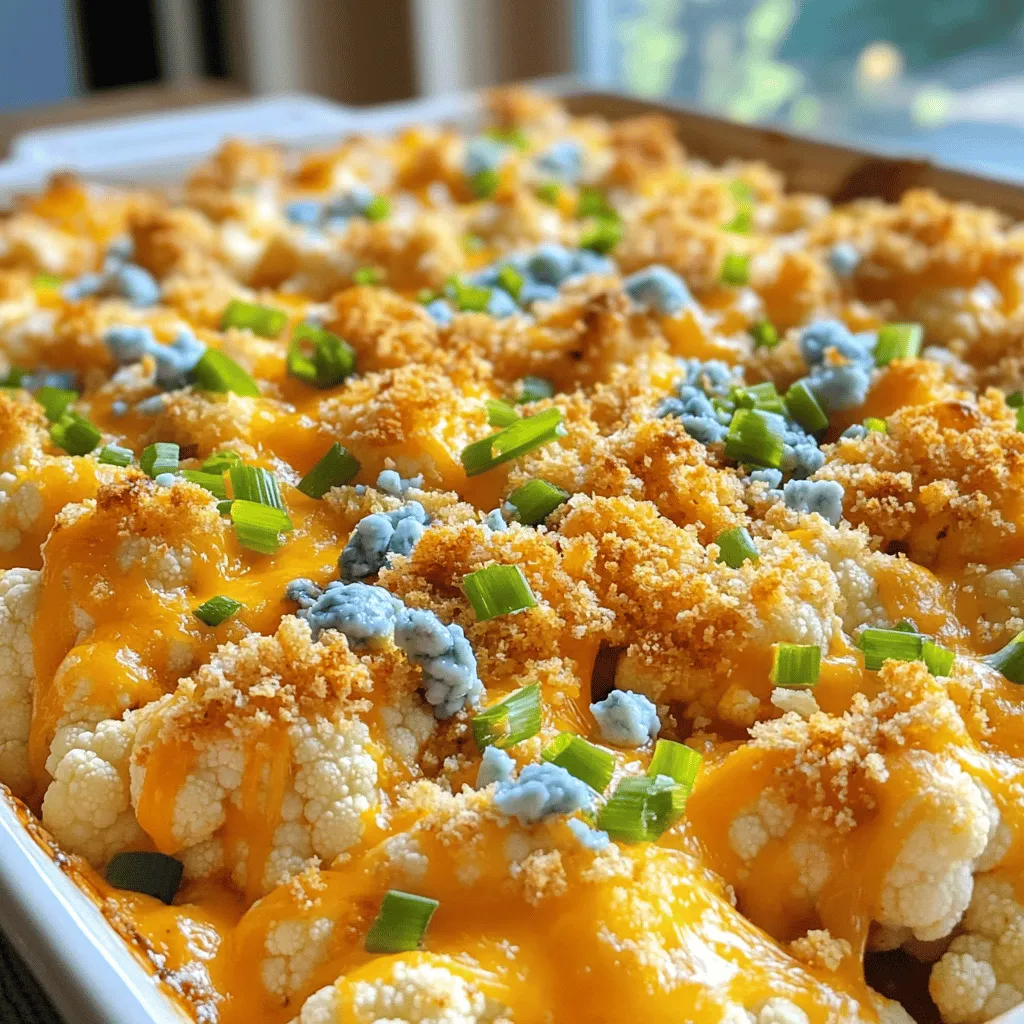 - 1 medium head of cauliflower, cut into florets - 2 cups cooked chicken, shredded - 1/2 cup buffalo sauce (mild or hot, depending on your preference) - 1 cup cream cheese, softened - 1 cup shredded cheddar cheese - 1/2 cup blue cheese, crumbled - 1/2 cup green onions, chopped - 1 teaspoon garlic powder - 1 teaspoon onion powder - Salt and pepper to taste - 1/2 cup breadcrumbs - 2 tablespoons olive oil In this recipe, the ingredients come together to create a cheesy delight. First, cauliflower florets serve as the base. They provide a great texture and absorb the flavors well. You can use fresh cauliflower or frozen, but fresh gives the best bite. Next, cooked chicken adds protein. You can use any cooked chicken. Shredded rotisserie chicken works great. Then we add buffalo sauce. It gives a spicy kick. You can choose mild for less heat or hot for more spice. Cream cheese makes everything creamy. It binds the dish together. Shredded cheddar cheese adds a rich flavor and helps create a gooey top layer. For a twist, add blue cheese. It gives a tangy taste that pairs well with buffalo sauce. Green onions add a fresh crunch and color. Don't forget the seasoning! Garlic powder and onion powder boost the flavor. Salt and pepper enhance everything. Finally, the topping of breadcrumbs mixed with olive oil adds a crispy finish. It makes every bite exciting. This mix of ingredients is what makes this Cheesy Buffalo Chicken Cauliflower Bake so special. 1. Preheat oven and cook cauliflower Set your oven to 400°F (200°C). In a large pot, boil salted water. Add the cauliflower florets and cook for about 5 minutes until they are slightly tender. Drain the cauliflower and set it aside. 2. Prepare chicken mixture In a mixing bowl, combine the shredded chicken, buffalo sauce, and softened cream cheese. Add half of the cheddar cheese along with garlic powder, onion powder, salt, and pepper. Mix everything well until you have a smooth, creamy mixture. 1. Combine chicken and cauliflower Gently fold the cooked cauliflower into the chicken mixture. Make sure each piece of cauliflower is well coated with the sauce. 2. Transfer to baking dish Grease a 9x13-inch baking dish with a little oil. Spread the chicken and cauliflower mixture evenly in the dish. 1. Adding cheese and breadcrumb topping Sprinkle the remaining cheddar cheese over the top. If you like blue cheese, add that too. In a small bowl, mix breadcrumbs with olive oil until coated. Then, sprinkle this mixture over the cheese layer. 2. Baking time and temperature Place the dish in the oven and bake for 20-25 minutes. Look for bubbly cheese and a golden brown top. After baking, let it cool for a few minutes. Garnish with chopped green onions before serving. To avoid soggy cauliflower, make sure to cook it just right. Boil it for only 5 minutes. Drain it well to remove excess water. Adding the cauliflower to the dish while it's still wet can make it mushy. To achieve a golden top, use breadcrumbs mixed with olive oil. This adds crunch and color. Bake at 400°F (200°C) for 20-25 minutes. Keep an eye on it. You want the cheese to bubble and the topping to turn golden. Using leftover chicken works great for this dish. Just shred it and mix it in. This saves time and adds flavor. If you don’t have chicken, try cooked turkey or even canned chicken. They both blend well with the other flavors. For cheese substitutions, you can use gouda or mozzarella. They melt nicely and taste great. If you want a different flavor, consider pepper jack for a kick. Adjusting spice levels is easy. If you like it mild, use less buffalo sauce. You can also mix in some ranch dressing for a creamier taste. Just remember to balance the flavors to keep it delicious. {{image_2}} You can make this dish lighter. Try using low-fat cream cheese. This swaps in less fat and keeps the creaminess. Gluten-free breadcrumbs work great too. They add crunch without gluten. Both options keep the dish tasty and enjoyable for everyone. Want to change the flavor? Add colorful bell peppers. They bring sweetness and crunch. You can also switch up the sauces. Try ranch or teriyaki for a new kick. These small changes make the dish fun and fresh each time you make it. Pair this bake with a fresh salad. A crisp green salad complements the cheesy dish well. Roasted veggies also make a great side. They add more nutrients and balance the meal. Enjoy these sides for a full, satisfying dinner. To keep your Cheesy Buffalo Chicken Cauliflower Bake fresh, store it properly. First, let the dish cool down. Then, place leftovers in an airtight container. This helps keep moisture in and prevents odors. You can store it in the fridge for up to three days. For best results, use glass containers. They are sturdy and help with even heating. When you're ready to enjoy leftovers, you have two options: the oven or the microwave. The oven gives the best results. Preheat it to 350°F (175°C). Place the bake in a baking dish and cover with foil. Heat for about 20 minutes, or until warm. This helps keep the texture nice and creamy. If you use the microwave, heat in 30-second intervals. Stir in between to help warm it evenly. If you want to save some for later, freezing is a great choice. First, let the dish cool completely. Then, cut it into portions. Wrap each piece tightly in plastic wrap. Place them in a freezer-safe bag or container. Label it with the date. You can freeze it for up to three months. When you're ready to eat, thaw it in the fridge overnight. Reheat it in the oven as mentioned above for the best texture. Yes, you can use frozen cauliflower. It saves time and is easy to find. However, frozen cauliflower has more water than fresh. This can make it a bit mushy. To fix this, cook it for less time. You can skip boiling and just add it to the dish. This will keep the texture better. If you want a milder sauce, try these options: - Barbecue sauce for a sweet twist. - Ranch dressing for a cool flavor. - Hot sauce mixed with butter for a softer kick. These options will change the taste but still keep it tasty. This dish lasts about 3 to 4 days in the fridge. Store it in an airtight container. Make sure it cools before putting it away. Always check for any signs of spoilage before eating leftovers. If it smells off or looks strange, it’s better to throw it away. You now have a delicious buffalo chicken bake recipe at your fingertips. We covered the main ingredients, tips for baking, and ways to vary the dish. Remember, you can adjust ingredients like cheese and chicken to fit your taste. Store leftovers properly or freeze them for later. This meal is fun to make and share. Enjoy experimenting in the kitchen and delighting your taste buds!