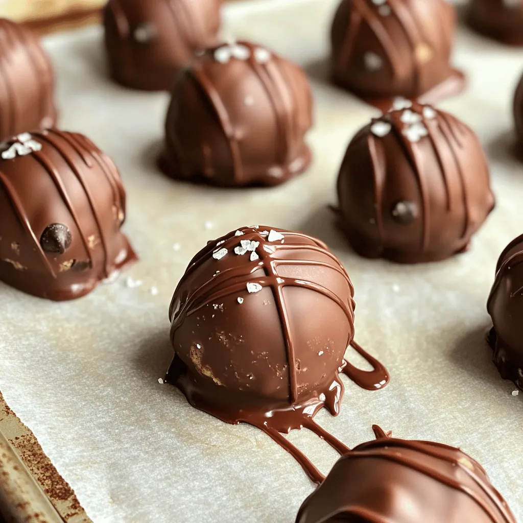 - 1 cup all-purpose flour - 1/2 teaspoon baking soda - 1/4 teaspoon salt - 1/2 cup unsalted butter, softened - 1/2 cup brown sugar, packed - 1/4 cup granulated sugar - 1 teaspoon vanilla extract - 1 cup semi-sweet chocolate chips - 1/4 cup milk (adjust as needed for consistency) - 8 ounces dark chocolate, for coating - Sea salt, for garnish (optional) - All-purpose flour: This is the base for your dough. If you need gluten-free, try almond flour. - Unsalted butter: Use unsalted for better control over salt levels. You can swap it with coconut oil for a dairy-free option. - Brown sugar: This adds moisture and flavor. If you want a lighter taste, use coconut sugar. - Granulated sugar: Helps with sweetness. You can adjust this based on your taste. - Semi-sweet chocolate chips: Use milk chocolate for a sweeter truffle or dark chocolate for a richer flavor. - Milk: You can use almond or oat milk if you want a dairy-free version. - Dark chocolate for coating: Choose high-quality chocolate for the best flavor. You can also use white chocolate for a fun twist. - Always use dry measuring cups for dry ingredients. - When measuring flour, spoon it into the cup and level it off with a knife. - For sticky ingredients like butter, pack it into the measuring cup for accuracy. - Use a kitchen scale for precision, especially for chocolate and butter. - Remember to check the expiration dates on your baking ingredients. Fresh ingredients make a big difference! Making Chocolate Chip Cookie Dough Truffles is fun and simple. You will need to prepare the dough first. This involves heating the flour to ensure it’s safe to eat. After that, you mix the ingredients, chill the dough, and shape the truffles. Then, you coat them in chocolate. 1. Prepare the Flour: Heat treat 1 cup of flour in the microwave for 1-2 minutes. This step is crucial to kill any bacteria. Let it cool before using. 2. Make the Dough: In a bowl, beat 1/2 cup softened butter, 1/2 cup brown sugar, and 1/4 cup granulated sugar until creamy. 3. Add Flavor: Stir in 1 teaspoon of vanilla extract to give a nice taste. 4. Combine Dry Ingredients: In another bowl, whisk 1 cup cooled flour, 1/2 teaspoon baking soda, and 1/4 teaspoon salt. Gradually add this mix to the butter mixture until just combined. 5. Incorporate Chocolate Chips: Fold in 1 cup semi-sweet chocolate chips. If the dough is too dry, add 1/4 cup milk until it feels right. 6. Chill the Dough: Cover the bowl with plastic wrap. Chill in the fridge for about 30 minutes. This makes rolling easier. 7. Shape Truffles: Once chilled, scoop the dough with a tablespoon and roll into small balls, about 1 inch wide. Place them on a parchment-lined baking sheet. 8. Freeze the Truffles: Freeze for 15-20 minutes. This helps them firm up. 9. Melt Chocolate: While they freeze, melt 8 ounces of dark chocolate in a microwave-safe bowl. Heat in 30-second intervals, stirring until smooth. 10. Coat the Truffles: Dip each ball into the melted chocolate. Use a fork to lift it out and let excess chocolate drip off. 11. Garnish: Place the coated truffles back on parchment paper. If you want, sprinkle with a pinch of sea salt. 12. Cool and Set: Let the chocolate set at room temperature or in the fridge for about 30 minutes. - Not Heating the Flour: Skipping this step can lead to eating unsafe flour. - Overmixing the Dough: Mix just until combined to keep the truffles soft. - Not Chilling the Dough: If you don’t chill, the dough will be hard to shape. - Using Too Much Chocolate: Ensure you coat evenly but avoid excess; it can lead to a mess. To get the right texture for your truffles, use heat-treated flour. Heat it in the microwave for about 1-2 minutes. This step helps eliminate any bacteria. After heating, let the flour cool before mixing it with other ingredients. When mixing, beat the butter and sugars until creamy. This helps create a smooth dough. If the dough feels too dry, add a little milk. This will help achieve that perfect dough-like consistency. Melting chocolate can be tricky. I recommend using a microwave-safe bowl. Start by breaking the chocolate into small pieces for even melting. Heat it in 30-second intervals. Stir after each interval. This helps avoid scorching. When the chocolate is mostly melted, let it sit for a moment. Stir it gently to make it completely smooth. If you need to melt more chocolate, repeat these steps. Adding a pinch of sea salt on top can really boost the flavor of your truffles. You can also mix in other flavors. Consider adding nuts, like chopped walnuts or pecans, for crunch. You might try a hint of cinnamon or espresso powder for warmth. These additions can make your truffles unique and exciting. Get creative and find combinations you love! {{image_2}} You can change the chocolate coating for your truffles. Instead of dark chocolate, try using milk chocolate or white chocolate. Each one gives a different taste. You can also roll the truffles in crushed nuts, sprinkles, or cocoa powder. This adds a fun twist and a new look. Want to add more flavor? You can mix in different ingredients. Try adding brown butter for a nutty taste. For a spicy kick, add a pinch of cinnamon or cayenne pepper. You can also use flavored extracts, like almond or hazelnut, instead of vanilla. Each change makes your truffles unique. If you need gluten-free truffles, swap the all-purpose flour for almond flour or oat flour. To make them dairy-free, use coconut oil instead of butter and dairy-free chocolate. These simple swaps keep the truffles tasty while fitting your diet. Enjoy your delicious treats without worry! Store your cookie dough truffles in an airtight container. This keeps them fresh and tasty. If you layer them, use parchment paper to separate each layer. This prevents sticking. Place the container in the fridge for best results. The cool air helps maintain their texture and flavor. To freeze the truffles, place them on a baking sheet. Make sure they are not touching each other. Freeze them for about 30 minutes. Once firm, transfer them to a freezer-safe bag or container. They can last in the freezer for up to three months. When you want to enjoy them, simply thaw in the fridge for a few hours. Avoid microwaving, as this can ruin their texture. Chocolate chip cookie dough truffles can last in the fridge for about one week. After that, they may start to lose their freshness. Look for changes in color or texture. If they smell off or appear dry, it’s best to discard them. Always trust your senses; they guide you well in the kitchen! Yes, you can eat cookie dough truffles raw. The main concern with raw dough is raw flour. To keep it safe, heat treat the flour before using it. This process kills any harmful bacteria. Just microwave the flour for 1-2 minutes and let it cool. Then, you can enjoy the delicious cookie dough without worry. Truffles can last up to two weeks in the fridge. To keep them fresh, store them in an airtight container. Place parchment paper between layers to avoid sticking. If you want them to last longer, you can also freeze them. For coating, I recommend using high-quality dark chocolate. Dark chocolate gives a rich taste that pairs well with the sweet cookie dough. You can also use milk or white chocolate for a sweeter option. Melt it carefully to avoid burning, and ensure it coats the truffles evenly. To decorate your truffles, try these tips: - Drizzle melted chocolate over the top for a fun design. - Roll them in crushed nuts, sprinkles, or cocoa powder for added texture. - Use colorful candy melts instead of dark chocolate for a bright look. These simple touches make your truffles stand out and look extra special! In this blog post, we covered the essential ingredients, step-by-step instructions, and tips for making chocolate chip cookie dough truffles. We explored various coatings and flavor options to match your taste. I shared storage advice to keep your truffles fresh and answered common questions about making them. Making these truffles can be fun and easy. With the right steps and tips, you will enjoy a great treat. Dive in and treat yourself or share with friends. Happy cooking!