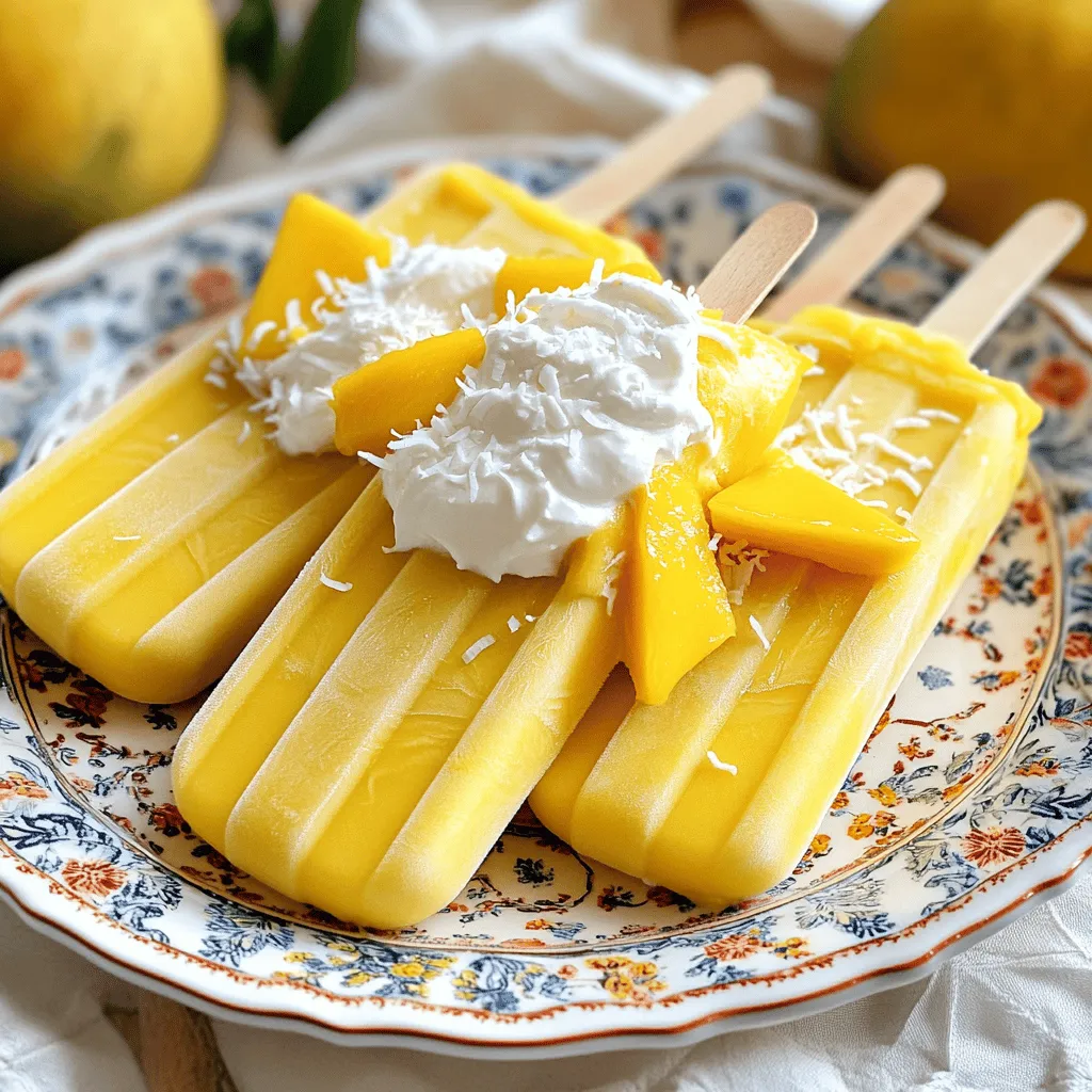 - 2 ripe mangoes, peeled and diced - 1 cup coconut milk - 1/2 cup Greek yogurt - 2 tablespoons honey or maple syrup (optional, adjust for sweetness) - 1 teaspoon vanilla extract - A pinch of salt - Whipped coconut cream (for garnish, optional) For creamy coconut mango popsicles, you need fresh and ripe mangoes. The ripe mangoes give a sweet and rich flavor. Next, use coconut milk for a creamy texture. It adds a tropical taste that complements the mangoes. Greek yogurt brings in a nice creaminess and adds protein. You can sweeten the mix with honey or maple syrup. This step is optional, but it helps if your mangoes are not very sweet. A touch of vanilla extract adds warmth and depth. Lastly, a pinch of salt balances all the flavors. If you want to make your popsicles even more special, add whipped coconut cream on top. It makes for a lovely garnish and enhances the tropical feel. Keep these ingredients in mind as you prepare your refreshing treat. First, peel and dice the ripe mangoes. Take about two mangoes. Place the diced mangoes in a blender. Add one cup of coconut milk. Blend this mix until it is smooth and creamy. Next, add half a cup of Greek yogurt. If you like it sweeter, add two tablespoons of honey or maple syrup. Pour in one teaspoon of vanilla extract and a pinch of salt. Blend again until everything combines well. Now, taste your mixture. If it needs more sweetness, just add a little more honey or syrup. Blend again until you reach your desired taste. Once your mixture is ready, pour it into popsicle molds. Leave a small gap at the top of each mold. This gap helps when the popsicles freeze and expand. After filling the molds, insert the sticks. Make sure they are secure. This way, they won’t fall out when freezing. Now, place the molds in the freezer. Let them freeze for at least four to six hours. This time ensures they become fully frozen. To check if they are ready, gently touch the mold. If it feels solid, your popsicles are set. If they are still soft, leave them in longer. To release the popsicles, run warm water over the molds for a few seconds. This helps them come out easily. Then, gently pull the popsicles out and enjoy your creamy coconut mango popsicles! To make the best creamy coconut mango popsicles, start with ripe mangoes. Look for mangoes that are slightly soft when you press them. They should have a sweet aroma. This means they are ready to use. The sweetness of ripe mangoes boosts the flavor of your popsicles. When it comes to coconut milk, choose full-fat coconut milk for a rich taste. It gives your popsicles a smooth and creamy texture. You can find coconut milk in cans or cartons. Make sure it is unsweetened to control the sweetness of your popsicles. Getting popsicles out of the molds can be tricky. To make it easy, run warm water over the outside of the molds for a few seconds. This helps loosen the popsicles without melting them. Gently pull the popsicles out once they are warm enough. If you have leftover popsicle mixture, store it in a sealed container in the fridge. It will stay fresh for a few days. You can refill the molds later or use it for smoothies. Make your popsicles look even better with some simple garnishes. You can top them with whipped coconut cream for a fluffy touch. If you want more color, serve them with fresh mango slices or shredded coconut. This adds a tropical vibe to your dessert. Use a nice plate to display your popsicles and impress your guests. {{image_2}} You can make your popsicles even more fun! Try adding other tropical fruits like pineapple or banana. Pineapple brings a sweet-tart taste, while banana adds creaminess. You can mix them in with the mango for a new twist. If you want something different, try mixing in berries. Blueberries, strawberries, or raspberries add color and a fresh flavor. Each fruit adds a unique taste and makes your popsicles special. If you want a dairy-free treat, you can swap Greek yogurt with plant-based yogurt. Almond, coconut, or soy yogurt work great. They keep the creamy texture without dairy. You can also change the sweeteners. Instead of honey, try agave syrup or maple syrup. Both add sweetness and keep it plant-based. These changes make the popsicles suitable for everyone. Want to kick up the flavor? Add a splash of lime or lemon juice to the mix. This adds a zesty brightness that balances the sweetness of mango. You can also add a dash of spices, like cinnamon or nutmeg. They bring warmth and depth to your popsicles. Just a pinch is enough to make a big difference. These simple tweaks can turn your creamy coconut mango popsicles into a gourmet treat! Store your creamy coconut mango popsicles in airtight containers or freezer bags. This helps keep them fresh and tasty. Label the containers with the date. These popsicles can last up to three months in the freezer. For the best flavor and texture, eat them within one month. You can reuse popsicles after they melt, but only if they stay cold. If they sit out for too long, it’s best to toss them. To re-freeze, pour the melted mixture back into molds quickly. Make sure the molds are clean. Freeze them again for at least four hours. Look for signs of freezer burn, like ice crystals on the surface. This can change the taste and texture. If the popsicle feels hard and has a dry surface, it’s likely spoiled. You may also notice changes in flavor. If it tastes off, throw it away. Creamy coconut mango popsicles can last up to two months in the freezer. To keep them fresh, store them in an airtight container or a freezer bag. Make sure to label the container with the date. This helps you track how long they have been stored. Yes, you can use frozen mangoes! Frozen mangoes are often picked at their peak ripeness and can be just as sweet. When using frozen mangoes, you may need to reduce the coconut milk slightly. This helps keep the mixture from becoming too watery. Blend the frozen mangoes straight from the freezer for smooth results. If you need a substitute for coconut milk, consider these options: - Almond milk - Soy milk - Oat milk - Cashew milk These alternatives can change the flavor slightly, but they work well. If you want a creamier texture, use full-fat versions of these non-dairy milks. In this guide, we covered how to make creamy coconut mango popsicles. You learned about the key ingredients, including ripe mangoes and coconut milk. Our step-by-step instructions made it easy to blend, pour, and freeze your popsicles. I also shared tips for enhancing flavor and ensuring easy removal from molds. These popsicles are a treat for any day. Play with different fruits and flavors to make them your own. Enjoy your homemade popsicles and stay cool!