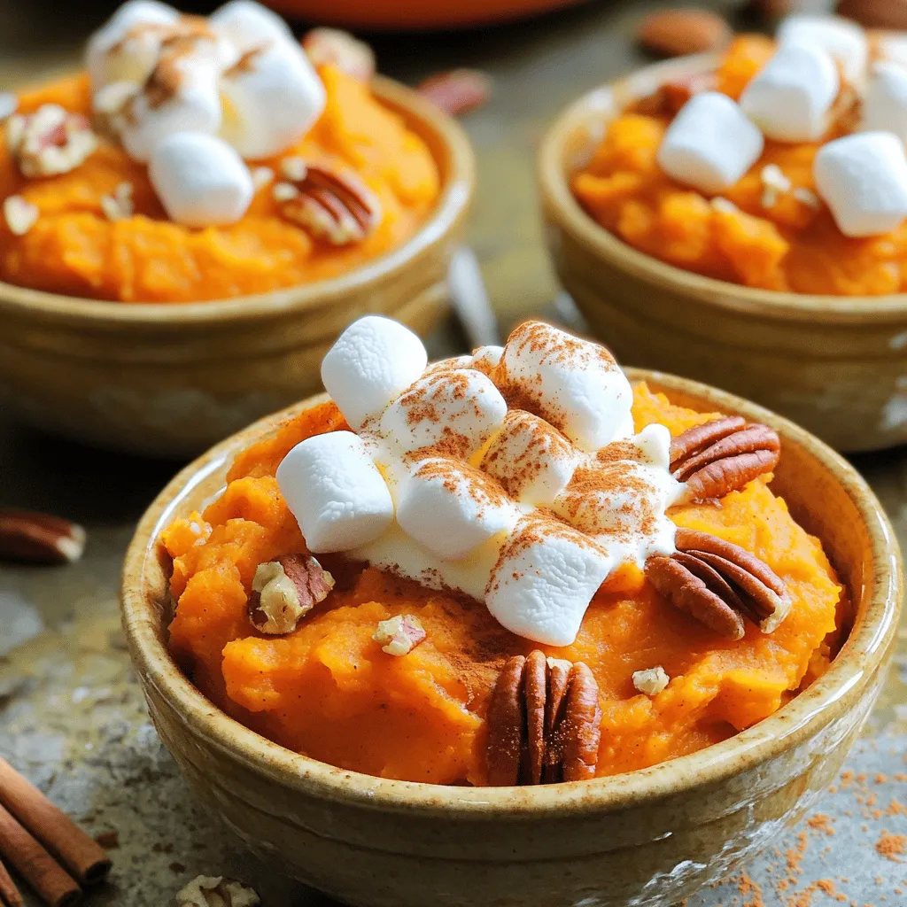 - 4 large sweet potatoes, peeled and cubed - 1/2 cup brown sugar - 1/2 cup granulated sugar - 1/2 cup unsalted butter, melted - 1/2 cup milk - 2 large eggs - 1 teaspoon vanilla extract - 1/2 teaspoon ground cinnamon - 1/4 teaspoon ground nutmeg - 2 cups mini marshmallows - 1/2 cup chopped pecans (optional) When I prepare this sweet potato casserole, I love to focus on the fresh ingredients. Sweet potatoes are the star here, so pick the best ones you can find. They should be firm and have smooth skin. The sugars add sweetness, while the butter and milk make it creamy. I prefer mini marshmallows because they melt perfectly and give that nice, fluffy top. If you want a crunchy twist, add chopped pecans. They add a nice texture and flavor that complements the sweet potatoes well. For those who want to adjust the recipe, converting measurements can help. Here are some tips: - Serving Sizes: If you need to serve more, simply double the ingredients. For fewer servings, halve them. - Substitutions: If you don't have brown sugar, use an equal amount of granulated sugar with a bit of molasses for similar flavor. For a dairy-free option, swap milk for almond or coconut milk. Using these tips, you can easily adapt the recipe to your needs while keeping it tasty and delightful! 1. Preheat your oven to 350°F (175°C). This step is key for even cooking. 2. In a large pot, boil the cubed sweet potatoes in salted water. Cook them until tender, about 15-20 minutes. You’ll know they are ready when a fork goes in easily. 3. Drain the sweet potatoes and let them cool slightly. This makes mashing easier. 4. In a large mixing bowl, mash the sweet potatoes until they are smooth. You can use a potato masher or even a fork. 5. Add the following ingredients to the mashed sweet potatoes: - 1/2 cup brown sugar - 1/2 cup granulated sugar - 1/2 cup unsalted butter, melted - 1/2 cup milk - 2 large eggs - 1 teaspoon vanilla extract - 1/2 teaspoon ground cinnamon - 1/4 teaspoon ground nutmeg 6. Mix until everything is fully combined and creamy. This blend adds sweetness and flavor. 1. Transfer the sweet potato mixture into a greased 9x13 inch baking dish. Make sure it is spread evenly. 2. Bake in your preheated oven for 25-30 minutes. You’ll see the edges begin to bubble, which means it’s time for the next step. 3. Remove the dish from the oven and sprinkle 2 cups of mini marshmallows evenly over the top. If you want, add 1/2 cup of chopped pecans for a nice crunch. 1. Return the dish to the oven and bake for an additional 10-15 minutes. Keep an eye on it until the marshmallows are golden brown and puffy. This adds that sweet, toasted flavor. 2. Once done, remove it from the oven and let it cool for a few minutes before serving. This helps set the layers and makes it easier to scoop out. - To ensure sweet potatoes are perfectly tender, boil them in salted water. Cook them for about 15-20 minutes. Check them by poking with a fork. They should be soft. - To prevent burning on marshmallows, keep an eye on them while baking. Bake until they're golden brown and puffy, which takes about 10-15 minutes. If they brown too fast, cover them with foil. - For garnishes, sprinkle a bit of cinnamon on top before serving. Add a dollop of whipped cream for extra fun. Serve warm in individual bowls for a nice touch. - This casserole pairs well with roasted meats or a fresh salad. It’s a great side dish for holiday meals or family gatherings. - This dish is calorie-dense due to sugars and butter. To lighten it, consider using less sugar or swapping butter for a lighter option. - If you want healthier choices, use almond milk instead of regular milk. You can also use egg substitutes for a vegan version. {{image_2}} You can spice up your sweet potato casserole in many ways. Adding ginger or cloves gives it a warm, cozy flavor. Just a pinch can change the whole taste! You can also mix in fruits like cranberries or apples for a sweet twist. These fruits add color and a hint of tartness that balances the sweetness of the dish. If you want a vegan version, swap regular butter and milk for plant-based options. This keeps the dish creamy and delicious without dairy. For those who need gluten-free meals, ensure your sugars and any additional toppings are gluten-free. Many brands offer these options, so check the labels before you buy. Sweet potato casserole often shines in Southern kitchens. Adding pecans can give it a crunchy texture that many love. You can also make holiday-themed variations. Try adding spices like nutmeg or cinnamon to match the season. These small changes make the dish unique and fun for any gathering. To store leftover sweet potato casserole, let it cool completely. Then, cover it tightly with plastic wrap or foil. You can also use an airtight container. This will help keep it fresh. Place it in the fridge. It’s best to eat it within three to five days for great taste. To freeze sweet potato casserole, first let it cool down. Then, place it in a freezer-safe dish. Cover it tightly with foil or plastic wrap. You can also use freezer bags. When you want to eat it, thaw it overnight in the fridge. Reheat it in the oven at 350°F (175°C) until hot. To keep the texture nice, cover it with foil while reheating. In the fridge, your casserole can stay fresh for three to five days. If you freeze it, it can last for up to three months. Watch for signs of spoilage like bad smells or mold. If you see any changes in color or texture, it’s best to toss it out. Enjoy your casserole while it's fresh! Can I make sweet potato casserole ahead of time? Yes, you can make sweet potato casserole ahead of time. Prepare the dish, but do not bake it. Cover it tightly and store it in the fridge. Bake it when you are ready to serve. This saves time on special occasions. What can I substitute for marshmallows? If you don’t want to use marshmallows, try using toasted coconut flakes. They add a nice texture and flavor. You can also use chocolate chips for a fun twist. How do I reheat sweet potato casserole? To reheat, place the casserole in the oven at 350°F (175°C). Cover it with foil to keep it moist. Heat for about 20 minutes or until warm. You can also use a microwave for quick reheating. What to do if it turns out too dry or watery? If your casserole is dry, add a splash of milk to moisten it. Mix it gently before serving. If it’s too watery, bake it a bit longer. This helps to evaporate extra moisture. Why aren't the marshmallows browning? If the marshmallows aren’t browning, they may not be hot enough. Make sure you bake them long enough. Broil them for a minute at the end for a perfect golden finish. Is this recipe gluten-free or nut-free? Yes, this recipe is gluten-free. Sweet potatoes and the other ingredients do not contain gluten. However, check your sugar brands to be sure. The recipe is also nut-free unless you add pecans. Tips for making it suitable for vegan diets For a vegan version, use plant-based butter and milk. Replace the eggs with flaxseed meal or applesauce. This keeps the texture creamy and delicious while staying plant-based. This sweet potato casserole recipe is simple and delicious. We covered key ingredients, measurement tips, and easy baking steps. You learned how to make it tender while preventing burning on marshmallows. Remember to explore variations like adding spices or fruits. For storage, proper refrigeration and freezing help keep it fresh. Follow the guidelines for a tasty dish that fits your needs. Enjoy making this comforting casserole and sharing it with loved ones. You'll impress everyone with your skills and creativity!