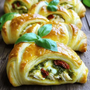 To make pesto chicken stuffed crescent rolls, you will need: - 1 can (8 oz) refrigerated crescent roll dough - 1 cup cooked chicken, shredded - 1/4 cup basil pesto - 1/2 cup cream cheese, softened - 1/2 cup shredded mozzarella cheese - 1/4 cup sun-dried tomatoes, chopped - 1/4 teaspoon garlic powder - 1/4 teaspoon black pepper - 1 egg (for egg wash) - Fresh basil leaves (for garnish) You can swap ingredients if needed. Use rotisserie chicken for quick prep. Instead of cream cheese, try ricotta for a lighter texture. You can also use goat cheese for a tangy flavor. If you don’t have sun-dried tomatoes, try fresh cherry tomatoes. For a dairy-free option, look for vegan cream cheese and cheese alternatives. Each roll contains about 180 calories. You get 8 grams of protein and 10 grams of fat. Each roll has 15 grams of carbs but only 1 gram of fiber. This dish gives a tasty boost to your meal without too many calories. Enjoy these rolls as a fun dinner or snack! 1. Start by preheating your oven to 375°F (190°C). Line a baking sheet with parchment paper. This helps prevent sticking. 2. In a bowl, mix together the shredded chicken, basil pesto, cream cheese, mozzarella, sun-dried tomatoes, garlic powder, and black pepper. Stir well until combined. This creates a creamy, flavorful filling. 3. Open the can of crescent roll dough and unroll it. Cut it into triangles along the perforations. Each triangle will hold the filling. 4. On the wide end of each triangle, place a generous tablespoon of the chicken and pesto mixture. Make sure it is enough for great flavor. 5. Roll each triangle from the wide end to the pointed end. Pinch the seams to seal the filled rolls. This keeps the filling secure inside. 6. Place the rolls on the baking sheet, leaving space between each one. They need room to puff up while baking. 7. In a small bowl, beat the egg with a fork. Brush the egg wash over the tops of the rolls. This step gives them a beautiful golden color. 8. Bake the rolls in the preheated oven for 12-15 minutes. Keep an eye on them until they turn golden brown and puffed up. 9. After baking, remove the rolls from the oven. Let them cool slightly before serving. Garnish with fresh basil leaves for a pop of color and flavor. - Make sure to use the egg wash. This gives the rolls their shiny, golden finish. - Space the rolls evenly on the baking sheet. This ensures even baking and browning. - If your rolls are not browning, you can broil them for the last minute. Watch closely so they don’t burn. - Avoid opening the oven door too often while baking. This helps maintain a consistent temperature for better browning. You can prepare the filling a day before. Mix the chicken, pesto, cream cheese, mozzarella, sun-dried tomatoes, garlic powder, and black pepper. Store it in the fridge. This saves time on busy nights. When ready, unroll the crescent dough and fill it with your cold mixture. You can bake them fresh right before serving. Store leftovers in an airtight container. Place them in the fridge for up to three days. To reheat, use an oven at 350°F (175°C) for about 10 minutes. This helps keep them crispy. Avoid microwaving, as it can make the rolls soggy. Don’t skip the egg wash! It gives a nice golden color. Also, be sure to seal the seams well when rolling. If not sealed, the filling may leak out during baking. Lastly, don’t overcrowd the baking sheet. Give each roll space to puff up and brown evenly. {{image_2}} You can mix up the filling for your pesto chicken stuffed rolls. Try using cooked turkey in place of chicken. You can also add spinach for more veggies. If you enjoy bold flavors, add feta cheese or olives. For a spicy kick, mix in jalapeños or crushed red pepper. You could even use a blend of different cheeses like cheddar or gouda. The options are endless, and each mix brings a new taste! While crescent roll dough works great, you can explore other doughs. Pizza dough gives a chewy texture. You can also use puff pastry for a flaky and airy bite. If you want a low-carb option, try almond flour dough. Each dough choice changes the taste and feel of the rolls. Experiment to find your favorite! Dipping sauces can enhance your meal. A simple marinara sauce pairs well with the rolls. You might also enjoy ranch dressing or garlic aioli for extra flavor. For a zesty twist, try a balsamic glaze. If you like heat, add a spicy sriracha mayo. Each dip offers a fun way to enjoy your rolls. You can make your meal even better by adding side dishes. A fresh salad goes great with these rolls. Try a simple green salad with a light vinaigrette. Roasted vegetables also pair well. Think about carrots, zucchini, or bell peppers. They add color and flavor. You could also serve garlic bread for a nice touch. The crunch of the bread complements the soft rolls. For a heartier option, try a side of pasta. A light pesto pasta can tie everything together nicely. When it comes to drinks, you have many options. A crisp white wine, like Pinot Grigio, matches well. It balances the flavors of the pesto and chicken. If you prefer something non-alcoholic, try sparkling water with lemon. The fizz refreshes your palate. Another fun choice is iced tea with mint. It adds a nice herbal note that pairs well with the dish. Presentation makes your meal look more inviting. Start by placing the rolls on a large platter. You can stack them in a pyramid shape for height. Drizzle some pesto sauce on top for color. Garnish with fresh basil leaves around the edges. This adds a pop of green. You can also serve the rolls with a small bowl of marinara sauce on the side. This gives guests a fun dipping option. Use a colorful plate to make the dish stand out. A great presentation makes your meal feel special. To store leftover rolls, let them cool first. Place them in an airtight container. You can keep them in the fridge for up to three days. To reheat, pop them in the oven at 350°F for about 10 minutes. This keeps them crispy and warm. Yes, you can freeze the stuffed rolls before baking. Simply prepare the rolls and arrange them on a baking sheet. Make sure they do not touch each other. Freeze them for about an hour until firm. Then, transfer the rolls to a freezer bag. They can last for up to three months. When you’re ready to bake, cook them straight from the freezer. Just add a few extra minutes to the baking time. If you need a substitute for cream cheese, try ricotta cheese or Greek yogurt. Both options will keep the rolls creamy. You can also use sour cream for a tangy twist. Each choice adds a unique flavor to the filling. In this article, we explored how to make Pesto Chicken Stuffed Crescent Rolls. We covered the key ingredients, step-by-step instructions, and tips for success. We also discussed variations and serving suggestions to enhance your dish. These rolls are tasty and easy to make. Use the tips shared to avoid mistakes. Enjoy experimenting with different fillings and dips. Happy baking, and enjoy every bite of your delicious rolls!