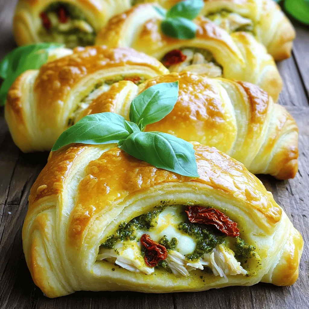 To make pesto chicken stuffed crescent rolls, you will need: - 1 can (8 oz) refrigerated crescent roll dough - 1 cup cooked chicken, shredded - 1/4 cup basil pesto - 1/2 cup cream cheese, softened - 1/2 cup shredded mozzarella cheese - 1/4 cup sun-dried tomatoes, chopped - 1/4 teaspoon garlic powder - 1/4 teaspoon black pepper - 1 egg (for egg wash) - Fresh basil leaves (for garnish) You can swap ingredients if needed. Use rotisserie chicken for quick prep. Instead of cream cheese, try ricotta for a lighter texture. You can also use goat cheese for a tangy flavor. If you don’t have sun-dried tomatoes, try fresh cherry tomatoes. For a dairy-free option, look for vegan cream cheese and cheese alternatives. Each roll contains about 180 calories. You get 8 grams of protein and 10 grams of fat. Each roll has 15 grams of carbs but only 1 gram of fiber. This dish gives a tasty boost to your meal without too many calories. Enjoy these rolls as a fun dinner or snack! 1. Start by preheating your oven to 375°F (190°C). Line a baking sheet with parchment paper. This helps prevent sticking. 2. In a bowl, mix together the shredded chicken, basil pesto, cream cheese, mozzarella, sun-dried tomatoes, garlic powder, and black pepper. Stir well until combined. This creates a creamy, flavorful filling. 3. Open the can of crescent roll dough and unroll it. Cut it into triangles along the perforations. Each triangle will hold the filling. 4. On the wide end of each triangle, place a generous tablespoon of the chicken and pesto mixture. Make sure it is enough for great flavor. 5. Roll each triangle from the wide end to the pointed end. Pinch the seams to seal the filled rolls. This keeps the filling secure inside. 6. Place the rolls on the baking sheet, leaving space between each one. They need room to puff up while baking. 7. In a small bowl, beat the egg with a fork. Brush the egg wash over the tops of the rolls. This step gives them a beautiful golden color. 8. Bake the rolls in the preheated oven for 12-15 minutes. Keep an eye on them until they turn golden brown and puffed up. 9. After baking, remove the rolls from the oven. Let them cool slightly before serving. Garnish with fresh basil leaves for a pop of color and flavor. - Make sure to use the egg wash. This gives the rolls their shiny, golden finish. - Space the rolls evenly on the baking sheet. This ensures even baking and browning. - If your rolls are not browning, you can broil them for the last minute. Watch closely so they don’t burn. - Avoid opening the oven door too often while baking. This helps maintain a consistent temperature for better browning. You can prepare the filling a day before. Mix the chicken, pesto, cream cheese, mozzarella, sun-dried tomatoes, garlic powder, and black pepper. Store it in the fridge. This saves time on busy nights. When ready, unroll the crescent dough and fill it with your cold mixture. You can bake them fresh right before serving. Store leftovers in an airtight container. Place them in the fridge for up to three days. To reheat, use an oven at 350°F (175°C) for about 10 minutes. This helps keep them crispy. Avoid microwaving, as it can make the rolls soggy. Don’t skip the egg wash! It gives a nice golden color. Also, be sure to seal the seams well when rolling. If not sealed, the filling may leak out during baking. Lastly, don’t overcrowd the baking sheet. Give each roll space to puff up and brown evenly. {{image_2}} You can mix up the filling for your pesto chicken stuffed rolls. Try using cooked turkey in place of chicken. You can also add spinach for more veggies. If you enjoy bold flavors, add feta cheese or olives. For a spicy kick, mix in jalapeños or crushed red pepper. You could even use a blend of different cheeses like cheddar or gouda. The options are endless, and each mix brings a new taste! While crescent roll dough works great, you can explore other doughs. Pizza dough gives a chewy texture. You can also use puff pastry for a flaky and airy bite. If you want a low-carb option, try almond flour dough. Each dough choice changes the taste and feel of the rolls. Experiment to find your favorite! Dipping sauces can enhance your meal. A simple marinara sauce pairs well with the rolls. You might also enjoy ranch dressing or garlic aioli for extra flavor. For a zesty twist, try a balsamic glaze. If you like heat, add a spicy sriracha mayo. Each dip offers a fun way to enjoy your rolls. You can make your meal even better by adding side dishes. A fresh salad goes great with these rolls. Try a simple green salad with a light vinaigrette. Roasted vegetables also pair well. Think about carrots, zucchini, or bell peppers. They add color and flavor. You could also serve garlic bread for a nice touch. The crunch of the bread complements the soft rolls. For a heartier option, try a side of pasta. A light pesto pasta can tie everything together nicely. When it comes to drinks, you have many options. A crisp white wine, like Pinot Grigio, matches well. It balances the flavors of the pesto and chicken. If you prefer something non-alcoholic, try sparkling water with lemon. The fizz refreshes your palate. Another fun choice is iced tea with mint. It adds a nice herbal note that pairs well with the dish. Presentation makes your meal look more inviting. Start by placing the rolls on a large platter. You can stack them in a pyramid shape for height. Drizzle some pesto sauce on top for color. Garnish with fresh basil leaves around the edges. This adds a pop of green. You can also serve the rolls with a small bowl of marinara sauce on the side. This gives guests a fun dipping option. Use a colorful plate to make the dish stand out. A great presentation makes your meal feel special. To store leftover rolls, let them cool first. Place them in an airtight container. You can keep them in the fridge for up to three days. To reheat, pop them in the oven at 350°F for about 10 minutes. This keeps them crispy and warm. Yes, you can freeze the stuffed rolls before baking. Simply prepare the rolls and arrange them on a baking sheet. Make sure they do not touch each other. Freeze them for about an hour until firm. Then, transfer the rolls to a freezer bag. They can last for up to three months. When you’re ready to bake, cook them straight from the freezer. Just add a few extra minutes to the baking time. If you need a substitute for cream cheese, try ricotta cheese or Greek yogurt. Both options will keep the rolls creamy. You can also use sour cream for a tangy twist. Each choice adds a unique flavor to the filling. In this article, we explored how to make Pesto Chicken Stuffed Crescent Rolls. We covered the key ingredients, step-by-step instructions, and tips for success. We also discussed variations and serving suggestions to enhance your dish. These rolls are tasty and easy to make. Use the tips shared to avoid mistakes. Enjoy experimenting with different fillings and dips. Happy baking, and enjoy every bite of your delicious rolls!