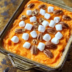 To make a delicious sweet potato casserole with marshmallow topping, gather these simple ingredients: - 4 medium sweet potatoes, peeled and cubed - 1/2 cup brown sugar - 1/4 cup butter, melted - 1/2 cup milk - 1 teaspoon vanilla extract - 1/2 teaspoon ground cinnamon - 1/4 teaspoon nutmeg - 1/4 teaspoon salt - 2 cups mini marshmallows - 1/2 cup chopped pecans (optional) These ingredients work together to create a sweet and creamy dish. Sweet potatoes are the star here, bringing natural sweetness and a lovely texture. The brown sugar adds depth, while butter makes it rich. Milk helps to blend everything, and vanilla adds a warm note. Spices like cinnamon and nutmeg enhance the flavor, making it feel cozy. The salt balances the sweetness. For the topping, mini marshmallows puff up and turn golden, creating a perfect contrast to the smooth filling. If you like, add chopped pecans for crunch. With these ingredients, you will create a comforting casserole that shines at any meal. - Preheat your oven to 350°F (175°C). - Peel and cube 4 medium sweet potatoes. - Boil the sweet potatoes in salted water until tender, about 15-20 minutes. - Drain and let them cool slightly. - Mash the cooked sweet potatoes until smooth. - In a mixing bowl, combine the mashed sweet potatoes with: - 1/2 cup brown sugar - 1/4 cup melted butter - 1/2 cup milk - 1 teaspoon vanilla extract - 1/2 teaspoon ground cinnamon - 1/4 teaspoon nutmeg - 1/4 teaspoon salt - Mix until well combined. - Transfer the sweet potato mixture to a greased 9x13 inch baking dish. Smooth the top with a spatula. - Bake in the preheated oven for 25-30 minutes until heated through. - Remove the casserole and evenly sprinkle 2 cups of mini marshmallows on top. - If you like, add 1/2 cup of chopped pecans for extra crunch. - Return the casserole to the oven. Bake for another 10-15 minutes until the marshmallows are golden brown and puffed. - Let the casserole cool slightly before serving. - How to choose the best sweet potatoes: Look for firm, smooth sweet potatoes. Avoid those with dark spots or soft spots. The color should be vibrant, either orange or purple. - Avoiding common mistakes in preparation: Always peel and cube sweet potatoes evenly. This ensures they cook at the same rate. Boil them until tender, but avoid overcooking to keep them flavorful. - Ideal serving temperatures: Serve your sweet potato casserole warm for the best taste. Let it cool slightly after baking to set the marshmallows. - Garnishing ideas for presentation: A sprinkle of cinnamon on top adds warmth. You can also add toasted pecans for a nice crunch and an appealing look. - Adjusting cooking time based on oven type: If you use a convection oven, reduce the baking time by about 10%. Keep an eye on the marshmallows to achieve that perfect golden color. - Cooling time to enhance flavors: Let the casserole cool for about 10 minutes before serving. This helps the flavors meld and makes it easier to serve. {{image_2}} You can change the sweetener in this dish. Instead of brown sugar, try maple syrup or agave. These swaps keep it sweet with a different taste. For a dairy-free or vegan option, replace milk with almond or coconut milk. You can use vegan butter too. This keeps the dish creamy and delicious without animal products. To boost the flavor, think about adding spices. A pinch of ginger or allspice can add warmth. You might also try some orange zest for a fresh twist. For a crunchy topping, consider adding crushed graham crackers or coconut flakes. These add texture and fun to each bite. For holiday meals, you can make this dish extra special. Add a sprinkle of nutmeg or cloves for a festive feel. You can serve it in mini ramekins for a charming touch. In warmer months, try serving it cold or at room temperature. This makes it a perfect side dish for summer picnics or barbecues. To keep your sweet potato casserole fresh, store leftovers in the fridge. Use an airtight container to prevent drying out. If you have a glass dish with a lid, that works great too. Make sure to cool the casserole to room temperature before sealing. This helps keep the marshmallows from getting sticky. Yes, you can freeze sweet potato casserole! To do this, let it cool completely first. Wrap the casserole tightly in plastic wrap and then in aluminum foil. This double wrap keeps it from freezer burn. When ready to eat, thaw it overnight in the fridge. Reheat it in the oven at 350°F until warm. In the fridge, your casserole will last about 3 to 5 days. If frozen, it stays good for up to 3 months. Watch for signs of spoilage, like an off smell or mold. If the marshmallows look hard or change color, it’s best to toss it. Always check before serving! What can I substitute for marshmallows? You can use crushed graham crackers, coconut, or even whipped cream. These options add sweetness and texture. If you want more crunch, use nuts like pecans or walnuts. They pair well with sweet potatoes. Can I make Sweet Potato Casserole ahead of time? Yes! You can prepare the sweet potato mix a day before. Just store it in the fridge. When ready to bake, add the marshmallows and heat it in the oven. This saves time and makes serving easier. How do I make sweet potatoes sweeter? Add more brown sugar or maple syrup to your sweet potato mix. A pinch of cinnamon or nutmeg can also enhance the natural sweetness. Taste as you go to find your perfect balance. What’s the best way to reheat the casserole? Reheat the casserole in the oven at 350°F (175°C) for about 15-20 minutes. Cover it with foil to keep it moist. If the marshmallows look too brown, remove the foil for a few minutes at the end. How to scale the recipe for larger gatherings? Double or triple the ingredients based on your needs. Use a larger baking dish to fit everything. Adjust baking time as needed, checking for doneness with a fork. Is this recipe suitable for gluten-free diets? Yes! This casserole is naturally gluten-free. Just ensure your ingredients, like brown sugar, are gluten-free. Enjoy this dish worry-free at any gathering. This blog post covered the key details for making a delicious sweet potato casserole. We discussed ingredients, steps, tips, and variations to enhance your dish. Remember, great cooking takes practice. You can adjust the recipe to suit your taste and dietary needs. Store leftovers well and enjoy the flavors longer. Embrace creativity with your baking and make this recipe your own! Happy cooking and enjoy your sweet potato delight!
