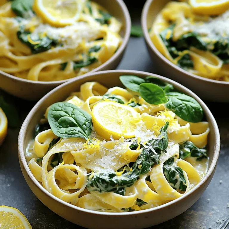 For this creamy lemon spinach pasta, you need the following ingredients: - 8 oz fettuccine or spaghetti - 2 cups fresh spinach, washed and chopped - 1 cup heavy cream - 1/2 cup grated Parmesan cheese - 2 tablespoons olive oil - 3 cloves garlic, minced - Zest of 1 lemon - Juice of 1 lemon - Salt and pepper to taste - Crushed red pepper flakes (optional, for heat) To make this dish, gather these tools: - A large pot for boiling the pasta - A frying pan for sautéing - A colander for draining the pasta - A wooden spoon for mixing - Measuring cups and spoons for accuracy If you need to swap out ingredients, here are some ideas: - Use whole wheat pasta for a healthier option. - Swap heavy cream with coconut cream for a dairy-free version. - Try nutritional yeast instead of Parmesan for a vegan touch. - Use kale instead of spinach for a different green. - Lemon juice can be replaced with lime juice for a twist. These substitutions help keep the dish tasty while fitting your needs. Start by boiling water in a large pot. Make sure to add salt to the water. Once it boils, add 8 oz of fettuccine or spaghetti. Cook it until it is al dente, usually about 8-10 minutes. Remember to check the package for exact times. Save 1/2 cup of the pasta water before draining. This water helps make the sauce creamy later. Set the drained pasta aside while you prepare the sauce. In the same pot, pour in 2 tablespoons of olive oil. Heat the oil over medium heat. Add 3 cloves of minced garlic to the pot. Sauté the garlic for about 1 minute. You want it to smell great but not burn. After that, stir in 2 cups of chopped spinach. Cook until the spinach is wilted, which should take about 2-3 minutes. This adds a fresh flavor to your pasta. Next, lower the heat and pour in 1 cup of heavy cream. Stir well to mix it with the garlic and spinach. Let it simmer for a few minutes. The cream will thicken slightly as it cooks. Then, add 1/2 cup of grated Parmesan cheese, the zest of 1 lemon, and the juice of 1 lemon. Stir until the cheese melts. If the sauce is too thick, add some of that reserved pasta water. Mix until it is smooth and creamy. Finally, toss the drained pasta into the sauce, mixing well to coat. Add salt, pepper, and crushed red pepper flakes if you like a little heat. To get that rich, creamy texture, start with heavy cream. This thick cream makes a smooth sauce. If you want a lighter option, try half-and-half. Remember to simmer the cream gently. This helps it thicken without curdling. If your sauce gets too thick, just add a bit of reserved pasta water. This makes it silky smooth. Season the dish well for great taste. Use fresh lemon juice and zest for brightness. They add a nice zing to the rich cream. Don’t forget salt and pepper to balance the flavors. For a spicy kick, sprinkle in crushed red pepper flakes. These small touches make a big difference in flavor. Serve the pasta in shallow bowls. This makes it look fancy! Garnish with extra Parmesan cheese on top. A sprig of fresh spinach or parsley adds color. You can also place lemon slices on the side. This not only looks pretty but also gives guests a chance to add more flavor. Enjoy your meal! {{image_2}} You can add protein to your creamy lemon spinach pasta to make it heartier. Chicken or shrimp work well. For chicken, cook diced breast in olive oil until golden. For shrimp, sauté them until they turn pink. Add these proteins just before mixing in the pasta. This addition makes the dish more filling and adds great flavor. If you want a vegetarian version, consider using mushrooms or chickpeas. Sauté sliced mushrooms with garlic until soft. You can also add cooked chickpeas for a protein boost. These options keep the dish tasty while staying meat-free. Don't forget to adjust the seasonings to enhance these flavors. For a gluten-free meal, swap regular pasta for gluten-free pasta. Many stores offer great alternatives made from rice or chickpeas. Make sure to follow the cooking instructions on the package for the best results. This way, you can enjoy creamy lemon spinach pasta without gluten. You can store leftover creamy lemon spinach pasta in an airtight container. Keep it in the fridge for up to three days. To make sure it stays fresh, let it cool down first before sealing the container. Avoid storing it in a warm place. If you added crushed red pepper flakes, the heat may increase after storage. To reheat your pasta, use the microwave or a pan. If using the microwave, place it in a bowl and cover it. Heat in short intervals, stirring in between. This helps heat evenly. If using a pan, add a splash of water or cream to keep it moist. Stir it on low heat until warm. If you want to freeze the pasta, do it right after cooking. Place it in a freezer-safe container. Leave some space at the top for expansion. It can last up to two months in the freezer. When ready to eat, let it thaw in the fridge overnight before reheating. Avoid refreezing it after thawing for the best taste. You can use coconut cream or cashew cream. Both give a rich taste. For a lighter option, try whole milk or a mix of milk and Greek yogurt. These swaps keep the dish creamy and delicious. To make it vegan, swap heavy cream for coconut cream. Use nutritional yeast instead of Parmesan. You can also add a plant-based butter for extra richness. This keeps the flavor bright and fresh. Yes, you can! Any pasta shape works well. Try penne, rigatoni, or even gluten-free pasta. Just adjust the cooking time based on the pasta type. Enjoy your creamy lemon spinach pasta your way. This blog post covered key elements for making a delicious pasta dish. We explored essential ingredients, step-by-step cooking methods, and helpful tips for perfect creaminess. I shared tasty variations, including protein additions and alternatives for different diets. Lastly, we discussed how to store leftovers and reheating methods. With these insights, you can create a tasty meal that suits your needs. Enjoy experimenting with flavors and options to make this dish truly yours.