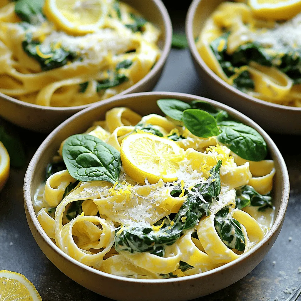 For this creamy lemon spinach pasta, you need the following ingredients: - 8 oz fettuccine or spaghetti - 2 cups fresh spinach, washed and chopped - 1 cup heavy cream - 1/2 cup grated Parmesan cheese - 2 tablespoons olive oil - 3 cloves garlic, minced - Zest of 1 lemon - Juice of 1 lemon - Salt and pepper to taste - Crushed red pepper flakes (optional, for heat) To make this dish, gather these tools: - A large pot for boiling the pasta - A frying pan for sautéing - A colander for draining the pasta - A wooden spoon for mixing - Measuring cups and spoons for accuracy If you need to swap out ingredients, here are some ideas: - Use whole wheat pasta for a healthier option. - Swap heavy cream with coconut cream for a dairy-free version. - Try nutritional yeast instead of Parmesan for a vegan touch. - Use kale instead of spinach for a different green. - Lemon juice can be replaced with lime juice for a twist. These substitutions help keep the dish tasty while fitting your needs. Start by boiling water in a large pot. Make sure to add salt to the water. Once it boils, add 8 oz of fettuccine or spaghetti. Cook it until it is al dente, usually about 8-10 minutes. Remember to check the package for exact times. Save 1/2 cup of the pasta water before draining. This water helps make the sauce creamy later. Set the drained pasta aside while you prepare the sauce. In the same pot, pour in 2 tablespoons of olive oil. Heat the oil over medium heat. Add 3 cloves of minced garlic to the pot. Sauté the garlic for about 1 minute. You want it to smell great but not burn. After that, stir in 2 cups of chopped spinach. Cook until the spinach is wilted, which should take about 2-3 minutes. This adds a fresh flavor to your pasta. Next, lower the heat and pour in 1 cup of heavy cream. Stir well to mix it with the garlic and spinach. Let it simmer for a few minutes. The cream will thicken slightly as it cooks. Then, add 1/2 cup of grated Parmesan cheese, the zest of 1 lemon, and the juice of 1 lemon. Stir until the cheese melts. If the sauce is too thick, add some of that reserved pasta water. Mix until it is smooth and creamy. Finally, toss the drained pasta into the sauce, mixing well to coat. Add salt, pepper, and crushed red pepper flakes if you like a little heat. To get that rich, creamy texture, start with heavy cream. This thick cream makes a smooth sauce. If you want a lighter option, try half-and-half. Remember to simmer the cream gently. This helps it thicken without curdling. If your sauce gets too thick, just add a bit of reserved pasta water. This makes it silky smooth. Season the dish well for great taste. Use fresh lemon juice and zest for brightness. They add a nice zing to the rich cream. Don’t forget salt and pepper to balance the flavors. For a spicy kick, sprinkle in crushed red pepper flakes. These small touches make a big difference in flavor. Serve the pasta in shallow bowls. This makes it look fancy! Garnish with extra Parmesan cheese on top. A sprig of fresh spinach or parsley adds color. You can also place lemon slices on the side. This not only looks pretty but also gives guests a chance to add more flavor. Enjoy your meal! {{image_2}} You can add protein to your creamy lemon spinach pasta to make it heartier. Chicken or shrimp work well. For chicken, cook diced breast in olive oil until golden. For shrimp, sauté them until they turn pink. Add these proteins just before mixing in the pasta. This addition makes the dish more filling and adds great flavor. If you want a vegetarian version, consider using mushrooms or chickpeas. Sauté sliced mushrooms with garlic until soft. You can also add cooked chickpeas for a protein boost. These options keep the dish tasty while staying meat-free. Don't forget to adjust the seasonings to enhance these flavors. For a gluten-free meal, swap regular pasta for gluten-free pasta. Many stores offer great alternatives made from rice or chickpeas. Make sure to follow the cooking instructions on the package for the best results. This way, you can enjoy creamy lemon spinach pasta without gluten. You can store leftover creamy lemon spinach pasta in an airtight container. Keep it in the fridge for up to three days. To make sure it stays fresh, let it cool down first before sealing the container. Avoid storing it in a warm place. If you added crushed red pepper flakes, the heat may increase after storage. To reheat your pasta, use the microwave or a pan. If using the microwave, place it in a bowl and cover it. Heat in short intervals, stirring in between. This helps heat evenly. If using a pan, add a splash of water or cream to keep it moist. Stir it on low heat until warm. If you want to freeze the pasta, do it right after cooking. Place it in a freezer-safe container. Leave some space at the top for expansion. It can last up to two months in the freezer. When ready to eat, let it thaw in the fridge overnight before reheating. Avoid refreezing it after thawing for the best taste. You can use coconut cream or cashew cream. Both give a rich taste. For a lighter option, try whole milk or a mix of milk and Greek yogurt. These swaps keep the dish creamy and delicious. To make it vegan, swap heavy cream for coconut cream. Use nutritional yeast instead of Parmesan. You can also add a plant-based butter for extra richness. This keeps the flavor bright and fresh. Yes, you can! Any pasta shape works well. Try penne, rigatoni, or even gluten-free pasta. Just adjust the cooking time based on the pasta type. Enjoy your creamy lemon spinach pasta your way. This blog post covered key elements for making a delicious pasta dish. We explored essential ingredients, step-by-step cooking methods, and helpful tips for perfect creaminess. I shared tasty variations, including protein additions and alternatives for different diets. Lastly, we discussed how to store leftovers and reheating methods. With these insights, you can create a tasty meal that suits your needs. Enjoy experimenting with flavors and options to make this dish truly yours.