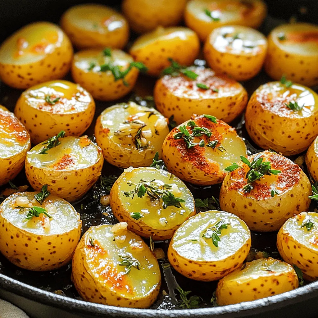 - 2 pounds baby potatoes, halved - 3 tablespoons olive oil - 4 cloves garlic, minced - 1 tablespoon fresh rosemary, chopped - 1 tablespoon fresh thyme, chopped The main ingredients make this dish shine. Baby potatoes are small and tender. They cook fast and taste great. Olive oil adds richness and helps with browning. Garlic gives a strong, tasty kick. Fresh rosemary and thyme bring a lovely aroma. These herbs make the dish feel special. - 1 teaspoon paprika - Salt and black pepper to taste Seasoning is key to great flavor. Paprika adds warmth and a bit of color. Salt enhances all the other tastes. Black pepper gives a nice, spicy edge. Adjust these seasonings to suit your taste. - Fresh parsley, chopped (for garnish) Garnishing adds a fresh touch. Fresh parsley brightens the dish. It adds color and a hint of flavor. Always sprinkle it on just before serving. This small step makes your meal look and taste better. - Halve the baby potatoes: Start by cutting the baby potatoes in half. This helps them cook evenly. - Mince garlic and chop herbs: Next, mince the garlic and chop fresh rosemary and thyme. Fresh herbs give the best taste. - Heat olive oil in the skillet: Pour 3 tablespoons of olive oil into a large skillet. Heat it on medium. - Add potatoes and season: Add the halved potatoes, cut side down. Season with salt, black pepper, and paprika to enhance flavor. - Add garlic and herbs: Once the potatoes are crispy, add minced garlic, chopped rosemary, and thyme to the skillet. Stir gently to mix. - Cover and cook for tenderness: Lower the heat and cover the skillet. Cook for 10-15 minutes until the potatoes are tender. Stir occasionally for even cooking. - Adjust seasoning and garnish: After cooking, taste the potatoes. Adjust the seasoning as needed. Lastly, garnish with fresh parsley before serving. To make the best skillet potatoes, focus on crispiness. Start with dry baby potatoes. If they are wet, they won’t crisp up. Cut them in half and place them cut side down in the skillet. Use medium heat to cook them. This helps create a nice golden crust. Fresh herbs are key for flavor. I love using rosemary and thyme. They add a fresh taste that makes the dish pop. Chop them finely before adding them to the skillet. This way, the flavor spreads evenly through the potatoes. For cooking skillet potatoes, use a heavy skillet. A cast iron skillet works best. It holds heat well and gives a nice sear. Non-stick skillets are also good, but remember to use less oil. They can help prevent sticking while ensuring an even cook. Cooking time depends on the size of your potatoes. If you use larger potatoes, cut them into smaller pieces. This will help them cook more evenly. For baby potatoes, about 8-10 minutes on the first side is perfect. After flipping, reduce heat and cover for 10-15 minutes. Always check for tenderness by poking with a fork. If they are soft, they are ready to eat! {{image_2}} You can play with flavors in your garlic herb skillet potatoes. Adding other herbs can boost taste. Try basil for a fresh twist. Oregano gives a nice earthy touch. You can also sprinkle cheese over the top. Feta or Parmesan melts well and adds richness. Just add it during the last few minutes of cooking for the best results. If you want this dish to be vegan, swap the butter for more olive oil. You can also use vegetable broth instead of oil for a lighter option. For a gluten-free meal, this recipe is already safe! Just make sure your ingredients are gluten-free. This way, everyone can enjoy it without worry. Garlic herb skillet potatoes pair well with many dishes. Try them with grilled chicken or steak for a hearty meal. They also work great with roasted vegetables for a vegetarian option. A light salad on the side can add freshness. These potatoes are a versatile side that complements many main dishes beautifully. To store garlic herb skillet potatoes, let them cool first. Use a clean, airtight container. Place the potatoes in the container and seal it well. Store them in the fridge. They will keep fresh for up to three days. When reheating skillet potatoes, I suggest using a skillet again. Heat a little olive oil over medium heat. Add the leftover potatoes and stir gently. Cook until they are warm and crispy again. This keeps the texture nice. You can also use a microwave, but they may not stay crispy. If you want to freeze the potatoes, make sure they are fully cooled. Spread them out on a baking sheet in a single layer. Freeze them for one to two hours. Once frozen, transfer the potatoes to a freezer bag. Remove as much air as possible. When you want to eat them, thaw in the fridge overnight before reheating. You should use baby potatoes for this recipe. Their small size cooks evenly and quickly. They have a creamy texture that makes each bite delightful. You can also use Yukon Gold or red potatoes. Both types are great options. Just remember to halve them for even cooking. Yes, you can use dried herbs. However, fresh herbs taste better and add more flavor. If using dried herbs, use about one-third of the amount. For example, one tablespoon of fresh rosemary is about one teaspoon of dried. Add them earlier in the cooking process. This helps release their flavors. You can prep the potatoes and herbs in advance. Halve the potatoes and chop the herbs. Store them in the fridge until you are ready to cook. You can also cook the potatoes ahead of time. Just reheat them in a skillet before serving. This keeps them warm and crispy. You learned about making tasty skillet potatoes. We discussed key ingredients like baby potatoes, olive oil, and fresh herbs. I shared my step-by-step guide to help you cook them just right. Tips on achieving crispy potatoes and storage methods ensure your dish stays great. Lastly, I covered variations to suit different diets and tastes. Enjoy creating this simple dish that adds flavor to any meal!