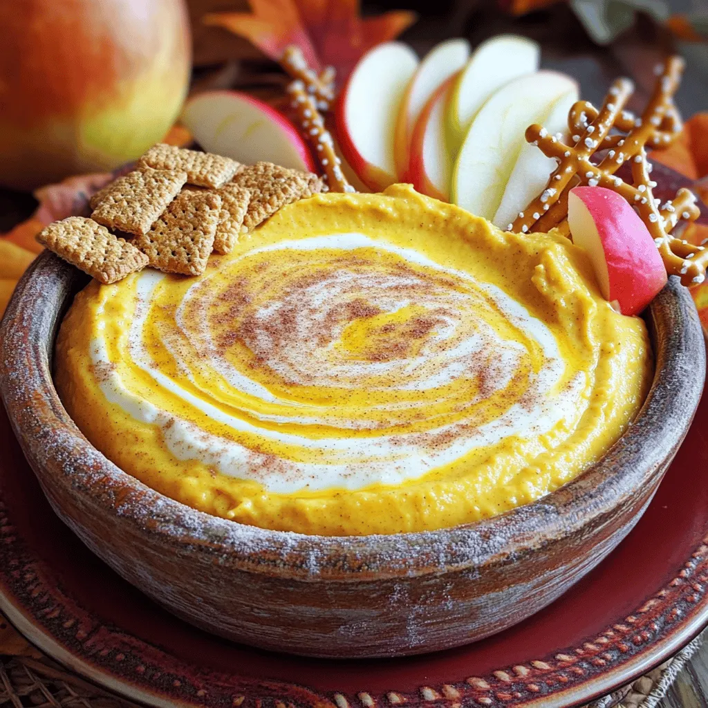 - 8 oz cream cheese, softened - 1 cup pumpkin puree (canned or fresh) - 1/2 cup powdered sugar - 1 teaspoon vanilla extract - 1 teaspoon pumpkin pie spice - 1/2 teaspoon cinnamon - 1/4 cup sour cream - Optional: crushed graham crackers or cinnamon sugar for topping Use a standard measuring cup for dry and liquid ingredients. - For cream cheese, use a food scale for accurate weight. - When measuring pumpkin puree, pack it gently into the cup for the best results. - Use a teaspoon for spices to ensure the right flavor balance. For cream cheese, I recommend Philadelphia. It’s creamy and blends well. For pumpkin puree, Libby's is a great choice and widely available. For powdered sugar, Domino brand works perfectly. It dissolves well in the dip. When it comes to pumpkin pie spice, McCormick offers a great blend of flavors. For graham crackers, Honey Maid adds a sweet touch that pairs nicely. First, gather all your ingredients. You need: - 8 oz cream cheese, softened - 1 cup pumpkin puree (canned or fresh) - 1/2 cup powdered sugar - 1 teaspoon vanilla extract - 1 teaspoon pumpkin pie spice - 1/2 teaspoon cinnamon - 1/4 cup sour cream - Optional: crushed graham crackers or cinnamon sugar for topping Next, place the softened cream cheese, pumpkin puree, and sour cream in a large mixing bowl. Make sure the cream cheese is soft for easy mixing. Use an electric mixer to beat the mixture on medium speed. Mix until the dip is smooth and creamy. This should take about one to two minutes. Now, slowly add the powdered sugar, vanilla extract, pumpkin pie spice, and cinnamon. Keep mixing until everything is well blended. Taste the dip. If you want it sweeter, add more powdered sugar. For extra warmth, sprinkle in more pumpkin pie spice. Once your dip is mixed, transfer it to a serving bowl. Smooth out the top with a spatula. If you like, sprinkle crushed graham crackers or cinnamon sugar on top. Now, chill the dip in the fridge for at least 30 minutes. This helps the flavors blend together. Enjoy it with apple slices, graham crackers, or pretzel sticks! To boost the flavor of your Pumpkin Spice Cheesecake Dip, consider these tips: - Use fresh pumpkin puree for a more vibrant taste. - Add a pinch of nutmeg for warmth. - Swap in maple syrup for a sweet twist. - Mix in chopped pecans for crunch. - Try a splash of bourbon for an adult version. Experiment with these ideas to find your perfect flavor. While making this dip, avoid these common errors: - Don't forget to soften the cream cheese. Cold cream cheese makes mixing hard. - Be careful not to overmix; it can make the dip too fluffy. - If the dip is too sweet, balance it with a bit more sour cream. - Don’t skip chilling the dip! It helps the flavors blend well. These tips will help you create a smooth and tasty dip. Presentation can make your dip even more enjoyable. Here are some ideas: - Serve the dip in a festive bowl to match the season. - Top with crushed graham crackers or a sprinkle of cinnamon sugar for fun. - Arrange apple slices, graham crackers, or pretzel sticks around the bowl for dipping. - Use colorful fall plates to brighten your table. These simple ideas will wow your guests and make the dip even more inviting! {{image_2}} You can change the flavors in your Pumpkin Spice Cheesecake Dip to match the season. Here are some ideas: - Maple Pecan: Add maple syrup and chopped pecans for a rich twist. - Apple Cinnamon: Mix in apple butter and extra cinnamon for a cozy taste. - Chocolate Pumpkin: Stir in melted chocolate for a sweet treat. These variations will keep your dip fresh and exciting. If you have dietary needs, you can still enjoy this dip. Here are some options: - Gluten-Free: Ensure your dippers are gluten-free. Use rice cakes or fresh fruit. - Vegan: Replace cream cheese with vegan cream cheese. Use coconut cream for a rich texture. - Low-Sugar: Substitute powdered sugar with a sugar-free sweetener like erythritol. These adjustments make it easier to enjoy without worry. The fun part of this dip is what you use to dip! Here are some great ideas: - Apple Slices: Crunchy and sweet, they pair well with the dip. - Graham Crackers: Classic choice, especially with the cheesecake flavor. - Pretzel Sticks: The salty taste balances the sweetness of the dip. - Carrot Sticks: A healthy option that adds color to your platter. Try mixing these dippers for a fun tasting party! After enjoying your Pumpkin Spice Cheesecake Dip, you might have some left. To keep it fresh, store it in an airtight container. Wrap it tightly, so no air gets in. Place the container in the fridge right away. This dip stays tasty for about five days. If you want to keep it longer, you can freeze it. First, put the dip in a freezer-safe container. Make sure to leave some space at the top, as it might expand. Seal it well and label it with the date. You can freeze it for up to three months. When you’re ready to eat it, move it to the fridge overnight to thaw. Pumpkin Spice Cheesecake Dip has a good shelf life. In the fridge, it lasts about five days. If you freeze it, use it within three months for the best taste. Always check for any off smells or changes in texture before enjoying leftovers. If it looks or smells funny, it’s best to toss it out. You can serve Pumpkin Spice Cheesecake Dip in many fun ways. I love using apple slices, graham crackers, or pretzel sticks for dipping. Each adds a nice crunch. You can also put the dip in a festive bowl. Top it with crushed graham crackers or a sprinkle of cinnamon sugar for flair. This adds color and taste. Use bright fall-colored plates to make your table feel warm and inviting. Absolutely! You can make this dip a day before your event. Just follow the recipe, then cover the dip tightly and chill it in the fridge. This helps the flavors mix and taste even better. Before serving, check the dip's texture. If it seems too thick, mix in a spoonful of sour cream. This will help it stay creamy. To make more dip, simply double the recipe. Use 16 oz of cream cheese and 2 cups of pumpkin puree. Also, double the sugar and spices. This ensures each bite has the same great flavor. Mix everything well and chill it, just like the original recipe. You can serve it in a larger bowl. This way, everyone can enjoy this tasty treat! This blog post covered everything you need for perfect Pumpkin Spice Cheesecake Dip. We went over the key ingredients and measurements, along with brand tips. You learned step-by-step how to prepare and chill your dip. I shared tips to boost flavor and avoid mistakes, plus fun serving ideas. Don't forget the variations for different diets and tastes. Proper storage helps you enjoy leftovers longer. With these insights, you're ready to impress at your next gathering. Enjoy your tasty dip and happy snacking!