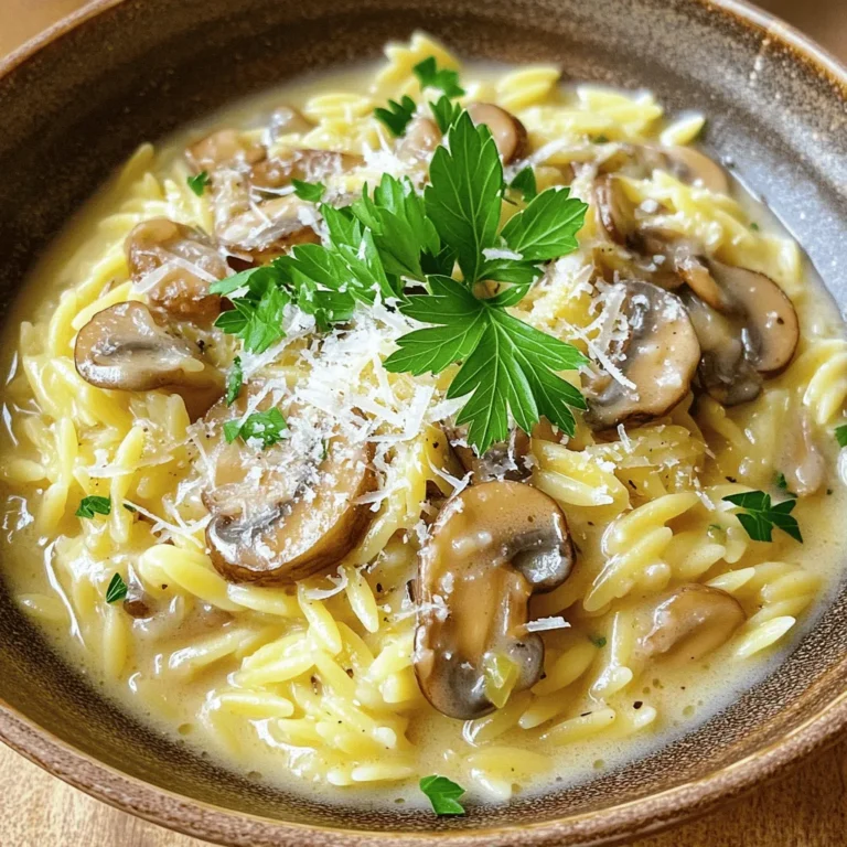 To make garlic butter mushroom orzo, you’ll need the following items: - 1 cup orzo pasta - 2 tablespoons unsalted butter - 1 tablespoon olive oil - 3 cloves garlic, minced - 8 ounces cremini mushrooms, sliced - 1 small shallot, finely chopped - 1 cup vegetable broth - 1/2 cup heavy cream - 1/2 cup grated Parmesan cheese - Salt and pepper to taste - Fresh parsley, chopped (for garnish) If you don’t have a few ingredients on hand, don’t worry. Here are some swaps: - Use any pasta shape if you can’t find orzo. - Substitute margarine for unsalted butter. - Use any oil, like avocado or canola, instead of olive oil. - White button mushrooms can replace cremini mushrooms. - Swap shallots with a small onion if needed. - You can use chicken broth instead of vegetable broth for more flavor. - Substitute half-and-half for heavy cream if you want a lighter dish. - Nutritional yeast can replace Parmesan for a dairy-free option. Measuring correctly helps the dish turn out great. Here are some tips: - For dry ingredients, use dry measuring cups and level them off. - Use a liquid measuring cup for liquids like broth and cream. - Use a kitchen scale for precise measurements, especially for cheese. - When measuring sticky ingredients, like butter, you can line the cup with plastic wrap for easy removal. - Always taste as you go! Adjust salt and pepper based on your preference. To cook the orzo, start with a medium saucepan. Fill it with water and add salt. Bring the water to a boil. Add 1 cup of orzo pasta to the boiling water. Cook the orzo for about 8-10 minutes. Check for doneness; it should be al dente. Once done, drain the orzo and set it aside. In a large skillet, heat 2 tablespoons of unsalted butter and 1 tablespoon of olive oil. Use medium-high heat for this step. When the butter melts, add 3 cloves of minced garlic. Sauté the garlic for about 30 seconds. Be careful not to burn it. Next, add 1 small finely chopped shallot and 8 ounces of sliced cremini mushrooms. Cook this mixture for 5-7 minutes. Stir occasionally until the mushrooms are tender and golden brown. Now it’s time to bring everything together. Pour in 1 cup of vegetable broth and let it simmer for 3-4 minutes. This helps the flavors to meld. Next, add 1/2 cup of heavy cream to the skillet. Stir well and allow it to cook for 2-3 minutes until it thickens slightly. After that, stir in the drained orzo and 1/2 cup of grated Parmesan cheese. Mix everything well until the orzo is coated. Season with salt and pepper to taste. Remove the skillet from heat and let it sit for a minute. This helps the dish thicken further. Serve warm and garnish with freshly chopped parsley. To get that great garlic taste, use fresh cloves. Fresh garlic gives a lively flavor. Mince the garlic finely to release its oils. Sauté it briefly in butter and oil. Cook it just until fragrant, about 30 seconds. Be careful not to burn it. Burnt garlic tastes bitter and ruins the dish. For the best creamy texture, use heavy cream. It thickens beautifully and adds richness. Stir in the cream slowly after adding the broth. Let it simmer gently for a few minutes. This helps the flavors blend well. Adding grated Parmesan also adds creaminess. Mix it in thoroughly to coat the orzo. Serve the garlic butter mushroom orzo in a shallow bowl. Top it with extra Parmesan for a nice touch. A sprinkle of chopped parsley adds color and freshness. Pair this dish with a crisp green salad. A light salad balances the richness of the orzo. You can also serve it with crusty bread for dipping. {{image_2}} You can make Garlic Butter Mushroom Orzo even heartier by adding protein. Cooked chicken works well. Just slice it and mix it in with the orzo. You can use grilled, rotisserie, or even leftover chicken. Bacon is another great option. Cook the bacon in the skillet first. Remove it, then cook the mushrooms in the bacon fat for extra flavor. Crumbled sausage also adds a nice kick. Just brown it in the pan before adding any other ingredients. If you want a vegetarian version, skip the meat and stick to the mushrooms. You can also add more veggies like spinach or peas. For a vegan version, replace the butter with olive oil. Use a plant-based cream instead of heavy cream. Nutritional yeast can replace Parmesan cheese. It gives a cheesy flavor without dairy. This way, everyone can enjoy this dish without worries. Mushrooms add a lot to this dish. While cremini mushrooms are tasty, you can try others. Button mushrooms are mild and easy to find. Shiitake mushrooms add a rich, umami flavor. If you like a bit of a kick, use oyster mushrooms. They have a unique taste and texture. Mix different types of mushrooms for more depth. Each variety brings its own flavor, making your orzo even more exciting! To keep your garlic butter mushroom orzo fresh, place it in an airtight container. Make sure it cools down before sealing. Store it in the fridge for up to three days. This keeps the flavors intact and the texture nice. When you’re ready to enjoy leftovers, heat them gently. You can use a skillet over low heat. Add a splash of vegetable broth or cream to keep it moist. Stir often to prevent sticking. You can also use the microwave, but cover it with a microwave-safe lid. Heat in short intervals, stirring in between. If you want to save some for later, freeze it! Use a freezer-safe container or bag. Make sure to remove as much air as possible. This helps prevent freezer burn. It will stay good for up to three months. When you’re ready to eat, thaw it overnight in the fridge before reheating. Yes, you can use whole wheat orzo. Whole wheat orzo has a nutty flavor and adds fiber. It cooks similarly to regular orzo, so follow the same cooking instructions. Just keep an eye on the cooking time, as it may vary slightly. Whole wheat orzo can make the dish a bit heartier and more filling. Garlic butter mushroom orzo pairs well with many dishes. You can serve it with grilled chicken or steak for a full meal. A simple green salad with lemon vinaigrette works great too. If you want a lighter option, roasted vegetables add color and flavor. For a cozy night in, enjoy it with garlic bread and a glass of wine. To make this recipe gluten-free, use gluten-free orzo. Many brands offer gluten-free pasta made from rice or quinoa. Ensure that your vegetable broth is gluten-free as well. When you follow these swaps, you keep all the creamy, rich flavors while making it perfect for gluten-free diets. This blog post covered the key parts of making Garlic Butter Mushroom Orzo. We talked about the ingredients you need, how to cook the orzo, and ways to add flavor. I shared tips for creamy texture and fun serving ideas. You learned how to store leftovers and find substitutes. Remember, experimenting with different mushrooms or proteins can add a nice twist. Enjoy cooking and have fun with this dish!