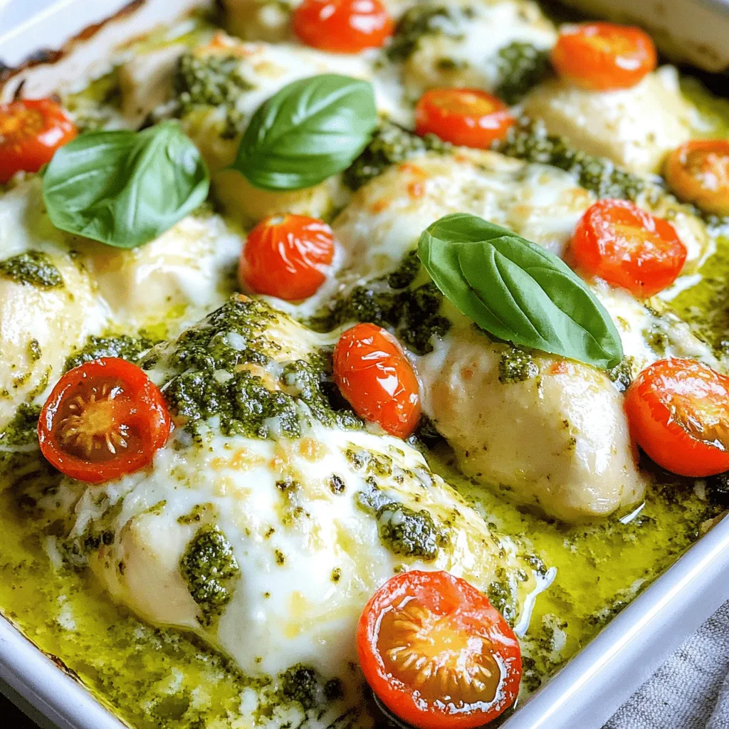 - 4 boneless, skinless chicken breasts - 1 cup heavy cream - ½ cup basil pesto - 1 cup cherry tomatoes, halved - 1 cup mozzarella cheese, shredded - ½ cup grated Parmesan cheese - 2 tablespoons olive oil - Salt and pepper to taste - Fresh basil leaves for garnish (optional) To make creamy pesto chicken bake, gather these simple ingredients. You need chicken breasts for the main protein. Heavy cream and basil pesto create the rich sauce. Cherry tomatoes add a burst of flavor and color. Mozzarella and Parmesan cheeses give it that cheesy goodness. Olive oil helps with cooking, and salt and pepper enhance the taste. Fresh basil leaves are optional but add a nice touch. This list keeps it easy, fun, and tasty! - Preheat the oven to 375°F (190°C). - In a medium bowl, whisk together 1 cup of heavy cream and ½ cup of basil pesto until smooth. - Season 4 boneless, skinless chicken breasts with salt and pepper. - Heat 2 tablespoons of olive oil in a large skillet over medium heat. - Add the chicken and cook for about 3-4 minutes on each side until lightly golden. - The chicken does not need to be fully cooked now. - Arrange the chicken in a single layer in a 9x13 inch baking dish. - Pour the creamy pesto mixture evenly over the chicken. Make sure each piece is well coated. - Scatter 1 cup of halved cherry tomatoes over the top. - Add 1 cup of shredded mozzarella cheese and ½ cup of grated Parmesan cheese on top. - Cover the baking dish with aluminum foil. - Bake in the preheated oven for 20 minutes. - After 20 minutes, remove the foil. - Bake for an additional 10-15 minutes. - Check that the chicken reaches an internal temperature of 165°F (75°C) and the cheese is bubbly and golden. - Remove the dish from the oven and let it rest for a few minutes. - Garnish with fresh basil leaves before serving. To make sure your chicken is perfect, check the internal temperature. Cook the chicken until it reaches 165°F (75°C). This keeps it safe and juicy. For a golden cheese crust, remove the foil near the end of baking. This helps the cheese melt and brown nicely. You can use store-bought pesto for ease, but homemade tastes best. To make your own, blend fresh basil, garlic, nuts, olive oil, and Parmesan. You can also change the flavor. Add extra herbs like oregano or thyme for a unique touch. For side dishes, serve with rice or garlic bread. A fresh salad also pairs well. If you enjoy wine, a crisp white like Sauvignon Blanc complements the dish well. This adds a nice balance to the creamy flavors. {{image_2}} You can switch proteins to fit your taste. Turkey works great as a lean option. If you want a plant-based choice, try tofu. Just make sure to press it to remove extra water. For a dairy-free version, use coconut cream instead of heavy cream. You can substitute nutritional yeast for cheese to keep that cheesy flavor. This way, you still get a creamy dish without dairy. Want to spice things up? Add garlic powder, crushed red pepper, or Italian seasoning to the creamy pesto mix. Fresh herbs like thyme or oregano can add a nice twist too. These enhancements boost the flavor and make it your own. Don’t forget about veggies! You can toss in spinach, bell peppers, or zucchini. Layer them with the chicken for added color and nutrition. This makes the dish even more delicious and healthy. If you want to use a slow cooker, this dish adapts well. Sear the chicken first, then place it in the slow cooker. Pour the creamy pesto sauce over it and cook on low for 4-6 hours. This method keeps the chicken tender and juicy. For a quick option, use an Instant Pot. Sear the chicken using the sauté function. Then add the creamy pesto mix and cook on high pressure for about 8-10 minutes. You’ll have a tasty meal ready in no time! To store leftovers, wait for the dish to cool. Place it in an airtight container. This helps keep the flavors fresh. Store it in the fridge. Your leftovers will stay good for up to three days. If you want to keep it longer, freezing is a good option. When reheating, keep the chicken moist. The best way is to use the oven. Preheat it to 350°F (175°C). Place the dish in a baking pan. Add a splash of cream to help keep it juicy. Cover it with foil to trap steam. Bake for about 15-20 minutes. To keep the cheese melty, remove the foil for the last few minutes. To freeze, let the dish cool completely. Cut it into portions for easy thawing. Wrap each piece in plastic wrap, then place it in a freezer bag. This helps prevent freezer burn. It can last up to three months. When ready to eat, thaw it overnight in the fridge. Reheat it in the oven, just like before, until it's hot throughout. To check if the chicken is done, use a meat thermometer. The internal temperature should reach 165°F (75°C). The chicken should look white throughout with no pink. If you cut into it, the juices should run clear. This ensures your chicken is safe to eat. Yes, you can prep this dish in advance! Simply follow these steps: - Cook the chicken in the skillet until lightly golden. - Arrange it in the baking dish. - Pour the creamy pesto sauce over the chicken. - Cover it with foil and refrigerate. When ready to bake, just add 10 minutes to the cooking time to make sure it’s hot all the way through. This dish pairs well with many sides. Here are a few ideas: - Steamed broccoli or green beans for a healthy crunch. - Garlic bread to soak up the creamy sauce. - A fresh salad with greens, cucumbers, and a light vinaigrette. These sides will balance the rich flavors of the chicken bake perfectly. In this blog post, I covered every step to make a Creamy Pesto Chicken Bake. You learned about the key ingredients and how to prep your oven. I shared tips for perfect chicken and ideas for serving. You can even switch up flavors or try different cooking methods. Try this dish with friends and family. It's easy and delicious. You’ll impress everyone and enjoy every bite. Remember, cooking is fun, and experimenting is key!