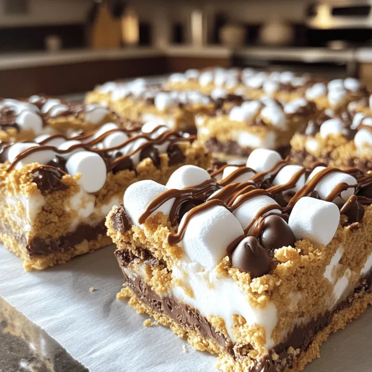 To make these tasty Chocolate Chip S’mores Bars, you need the following items: - 1 cup graham cracker crumbs - 1/2 cup all-purpose flour - 1/2 teaspoon baking powder - 1/4 teaspoon salt - 1/2 cup unsalted butter, melted - 1/2 cup brown sugar, packed - 1/4 cup granulated sugar - 1 teaspoon vanilla extract - 1 large egg - 1 cup semi-sweet chocolate chips - 1 cup mini marshmallows - 1/2 cup crushed graham crackers for topping You can make your bars even more special with these fun options: - Add a pinch of cinnamon for warmth. - Use dark chocolate chips for a richer taste. - Mix in nuts, like walnuts or pecans, for crunch. - Swap mini marshmallows for larger ones if you like gooey bites. When picking chocolate, quality matters. I recommend using: - Semi-sweet chocolate chips for classic flavor. - Dark chocolate chips for a bolder taste. - Milk chocolate chips for a sweeter treat. Choose the type you love best, and feel free to mix them for fun flavors! First, you need to preheat your oven to 350°F (175°C). This step is key to getting the bars just right. Next, prepare a 9x9-inch baking pan. You can grease it lightly or line it with parchment paper. Lining the pan makes it easy to lift the bars out later. In a clean mixing bowl, combine these dry ingredients: - 1 cup graham cracker crumbs - 1/2 cup all-purpose flour - 1/2 teaspoon baking powder - 1/4 teaspoon salt Mix these well. This blend helps create a great base for your bars. Set it aside for later use. In another large bowl, whisk together: - 1/2 cup unsalted butter, melted - 1/2 cup brown sugar, packed - 1/4 cup granulated sugar - 1 teaspoon vanilla extract Make sure the mixture is smooth. Next, beat in 1 large egg until it blends fully. This mix gives the bars their rich flavor. Now, take your dry mix and slowly add it to the wet mix. Stir gently until just combined. Make sure not to overmix. Then, fold in: - 1 cup semi-sweet chocolate chips - 1 cup mini marshmallows Ensure the chips and marshmallows are evenly spread through the batter. This step adds delightful bites of chocolate and gooey marshmallow. Pour the prepared batter into your baking pan. Spread it out evenly. Don’t forget to sprinkle 1/2 cup of crushed graham crackers on top for a crunchy finish. Bake your bars in the oven for 25-30 minutes. You know they’re ready when the edges turn golden brown. A toothpick inserted in the center should come out clean, though it might have melted chocolate on it. After baking, let the bars cool in the pan for about 10-15 minutes before cutting them into squares. Enjoy! Mixing is key to great Chocolate Chip S’mores Bars. Start with dry ingredients. In a bowl, blend graham cracker crumbs, flour, baking powder, and salt. Stir well to combine. This helps evenly distribute the baking powder and salt. For wet ingredients, whisk melted butter with brown and granulated sugars. Add vanilla extract, then beat in an egg. Mix until smooth. Slowly add the dry mix to the wet mix. Stir gently. Avoid overmixing; this keeps the bars soft and chewy. To get the right texture, watch your baking time. Bake the bars for 25-30 minutes at 350°F. Check for golden edges. If a toothpick comes out clean, they’re ready. Remember, some melted chocolate on the toothpick is okay! Let the bars cool in the pan. This helps them set. Cutting too soon can make them fall apart. After 10-15 minutes, slice them into squares. This way, they hold their shape and stay delicious. Serve these bars warm for the best taste. Drizzle melted chocolate on top for a sweet touch. Add a sprinkle of mini marshmallows to make them even better. Pair them with a cold glass of milk. It balances the sweetness and makes each bite better. You can also enjoy these bars with a scoop of vanilla ice cream. The creamy ice cream complements the chewy bars perfectly. {{image_2}} You can easily make this dessert gluten-free. Swap the all-purpose flour for a gluten-free blend. Look for a blend that works well for baking. This choice keeps the bars soft and tasty. You still get that chewy texture and sweet flavor. You can mix things up with flavors. Try adding peanut butter for a nutty twist. Just fold in 1/2 cup of creamy peanut butter when you add the wet ingredients. If you love mint, add a few drops of mint extract. Mint pairs well with chocolate, making it a fun combo. Feel free to get creative with add-ons. Chopped nuts like walnuts or pecans can add crunch. You can also switch chocolate types. Use dark chocolate chips or even white chocolate. These choices bring new flavors and textures to your bars. To keep your Chocolate Chip S’mores Bars fresh, store them in an airtight container. Make sure the bars cool completely before you seal them. If you want to keep them for a longer time, you can wrap them in plastic wrap first. This step prevents them from drying out. You can also place parchment paper between layers to avoid sticking. When stored properly, these bars last about five days at room temperature. If you refrigerate them, they can last up to a week. The cold helps maintain their texture and flavor. Just remember, the bars may become a bit firmer when chilled. If you love them soft, let them sit at room temperature for a bit before eating. If you want to enjoy your bars warm, you can reheat them. Place a bar on a microwave-safe plate and heat it for about 15 to 20 seconds. This will melt the chocolate chips and soften the marshmallows again. For a crispier top, you can place them in the oven at 350°F (175°C) for about 5 minutes. Enjoy the gooey goodness! Yes, you can! You can swap semi-sweet chocolate chips for dark or milk chocolate. White chocolate also works well if you enjoy its creaminess. Mixing different chocolates gives a fun twist to the bars. To make these bars vegan, replace the egg with a flax egg. Use 1 tablespoon of ground flaxseed mixed with 2.5 tablespoons of water. Let it sit for five minutes until it thickens. For butter, use coconut oil or a vegan butter alternative. Ensure that your chocolate chips are dairy-free too. You can use crushed cookies like Digestive biscuits or vanilla wafers. For a gluten-free option, try almond flour or gluten-free graham crackers. You can also grind oats into a fine powder for a different texture. Yes, you can freeze these bars! First, let them cool completely. Then, wrap them tightly in plastic wrap or aluminum foil. Place them in an airtight container or freezer bag. They can last for up to three months in the freezer. In this post, we explored the ingredients and steps for making Chocolate Chip S’mores Bars. We covered required and optional ingredients, the best chocolate choices, and the baking process. You learned tips for great texture and serving ideas. We also shared variations, storage tips, and answers to common questions. With this guide, you can easily make, enjoy, and customize these delicious treats. Happy baking!