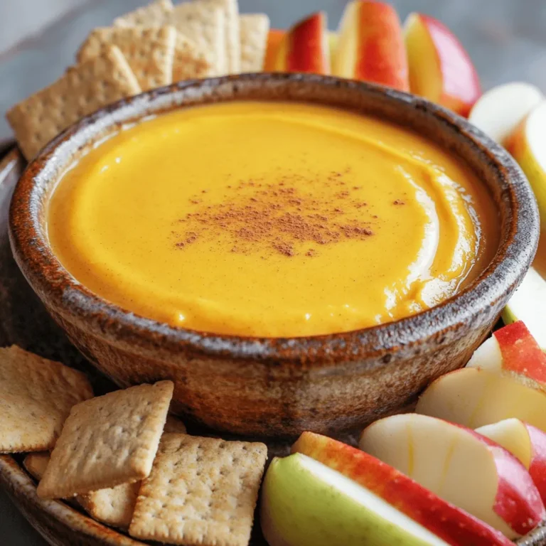 To make the Pumpkin Spice Cheesecake Dip, gather these ingredients: - 8 oz cream cheese, softened - 1 cup pumpkin puree - 1/2 cup powdered sugar - 1/2 tsp vanilla extract - 1 tbsp pumpkin pie spice - 1/2 cup whipped topping - Graham crackers for dipping - Apple slices for dipping These items create a creamy, sweet, and spicy dip that screams fall. You can add a few extras for a more unique taste: - A pinch of salt to balance sweetness - Chopped nuts like pecans for crunch - A drizzle of maple syrup for extra sweetness These options let you customize the dip to your liking. If you need alternatives, here are some easy swaps: - Use mascarpone cheese instead of cream cheese for a richer flavor. - Swap pumpkin puree with butternut squash puree if you want a different taste. - Use coconut cream instead of whipped topping for a dairy-free option. These substitutions help you adjust the dip to fit your needs and preferences. First, you need to gather all your ingredients. Here’s what you need: - 8 oz cream cheese, softened - 1 cup pumpkin puree - 1/2 cup powdered sugar - 1/2 tsp vanilla extract - 1 tbsp pumpkin pie spice - 1/2 cup whipped topping - Graham crackers and apple slices for dipping Make sure your cream cheese is soft. This helps it mix well. You can leave it out for about 30 minutes before starting. Now, take a mixing bowl. Beat the softened cream cheese with a hand mixer. Mix until it is creamy and smooth. This takes about 1-2 minutes. Next, add the pumpkin puree, powdered sugar, vanilla extract, and pumpkin pie spice. Mix everything together until it looks smooth. Once mixed, gently fold in the whipped topping. Use a spatula for this step. This adds a light texture to your dip. Be careful not to over-mix; you want it fluffy! Transfer your dip into a nice serving bowl. Smooth the top with a spatula. Cover the bowl and chill it in the fridge for at least 30 minutes. Chilling helps all the flavors blend well. When you're ready to serve, take it out of the fridge. Pair it with graham crackers and apple slices. This dip is perfect for fall gatherings or cozy nights in! Enjoy every creamy bite. To get the best texture for your Pumpkin Spice Cheesecake Dip, start with soft cream cheese. Use a hand mixer to beat it until it's creamy and smooth. Mixing well is key. When adding pumpkin puree, powdered sugar, and spices, make sure everything blends evenly. Folding in the whipped topping gently makes it light and fluffy. Chill the dip for at least 30 minutes. This helps the flavors mix well and improves the texture. This dip is great for fall gatherings. Serve it in a nice bowl to impress your guests. Use graham crackers and apple slices for dipping. You can also add pretzels for a salty crunch. If you want to make it festive, top the dip with a sprinkle of pumpkin pie spice. You can even add a drizzle of caramel sauce for extra sweetness. One common mistake is not softening the cream cheese enough. Cold cream cheese can make it hard to mix. Another mistake is overmixing the dip after adding whipped topping. This can make it dense instead of fluffy. Lastly, don’t skip chilling the dip. It really makes a difference in flavor and texture. Following these tips can help you create a perfect fall treat! {{image_2}} You can easily switch up this dip for the season. Try adding maple syrup or caramel sauce for a sweeter touch. For a more festive vibe, use crushed candy corn or chocolate chips on top. These add fun colors and extra taste. You can also mix in finely chopped pecans for a crunchy surprise. If you want a lighter dip, swap out cream cheese for Greek yogurt. It still tastes great and adds protein. You can reduce the sugar by using a sugar substitute. For a dairy-free option, use coconut cream. This gives a rich flavor while keeping it vegan. There are many ways to boost the flavor of your dip. Try adding a pinch of nutmeg or cinnamon for warmth. You can also stir in some chopped dried fruits like cranberries or raisins. These add sweetness and a chewy texture. For a fun twist, mix in a splash of bourbon or rum for an adult version. Store any leftover dip in an airtight container. This keeps it fresh longer. Make sure to cover it tightly. You can keep it in the fridge for up to three days. If you see any change in color or smell, it's best to toss it. You can freeze the dip if you want to save it longer. First, place it in a freezer-safe container. Leave some space at the top for expansion. Seal it well to avoid freezer burn. It can last for up to two months in the freezer. When you're ready to enjoy it, move it to the fridge to thaw overnight. Reheating this dip is simple. Place it in a bowl and microwave it. Heat in short bursts, stirring in between. This helps it warm evenly. You can also use a double boiler for gentle heating. Avoid overheating, as it can change the texture. Serve warm with your favorite dippers for a cozy treat! To make your dip creamier, use room temperature cream cheese. You can blend it longer to get a smooth texture. Adding more whipped topping will also help. This keeps the dip light and fluffy. Yes, you can make this dip a day ahead. Just cover it and store it in the fridge. Chilling it helps the flavors mix well. Bring it out about 30 minutes before serving. This lets it warm up a bit, making it easier to dip. You can use many things for dipping! Try vanilla wafers, pretzels, or even carrot sticks. Some people love using ginger snaps for a spicy kick. Get creative and find what you like best! Yes, you can make a vegan version of this dip. Use vegan cream cheese and coconut whipped cream instead of regular cream cheese and whipped topping. Ensure your powdered sugar is vegan too. This way, everyone can enjoy the dip! This blog post shared everything you need to make a great Pumpkin Spice Cheesecake Dip. We covered the key ingredients, including options to boost flavor and common swaps. I explained the best steps for mixing, chilling, and serving. We also shared helpful tips, variations for different seasons, and storage advice. In the end, this dip is easy to prepare and enjoy. It’s fun for gatherings or a tasty treat at home. With a little creativity, you can make it your own. Enjoy making and sharing this dip with others!
