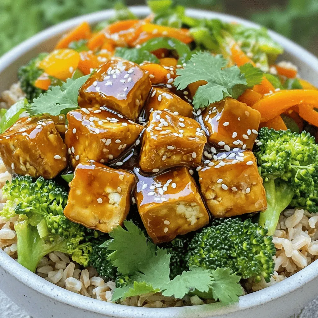 - 1 block firm tofu, pressed and cubed - 1 cup cooked brown rice or quinoa - 2 cups mixed vegetables (broccoli, bell peppers, carrots, snap peas) - 1 tablespoon sesame oil - 2 tablespoons soy sauce (or tamari for gluten-free) - 2 tablespoons maple syrup - 1 tablespoon rice vinegar - 1 teaspoon garlic powder - 1 teaspoon fresh ginger, grated - 1 tablespoon cornstarch - 1 tablespoon sesame seeds (for garnish) - Fresh cilantro or green onions (for garnish) You need these simple ingredients to make Teriyaki Tofu Buddha Bowls. The firm tofu is a great protein source. You can choose brown rice or quinoa for a healthy base. Mixed vegetables add color and crunch. They can include broccoli, bell peppers, carrots, and snap peas. The sauce is key to flavor. Sesame oil gives a nutty taste. Soy sauce or tamari adds depth and saltiness. Maple syrup brings sweetness, while rice vinegar adds tang. Garlic powder and fresh ginger enhance the taste. For garnishes, cornstarch helps the tofu get crispy. Sesame seeds add a nice crunch. Fresh cilantro or green onions give a burst of freshness. Each ingredient plays a role in creating a delicious, balanced meal. Start by pressing the tofu to get rid of extra moisture. Place the block of firm tofu between two plates. Add some weight on top, like a can. Let it sit for at least 15 minutes. This helps the tofu become crispy when cooked. After pressing, cut the tofu into 1-inch cubes. Next, toss the cubed tofu in a bowl with cornstarch. Coat each piece evenly. This coating gives the tofu a nice crunch. In a small bowl, whisk together the sauce ingredients. Combine 2 tablespoons of soy sauce, 2 tablespoons of maple syrup, and 1 tablespoon of rice vinegar. Add 1 teaspoon of garlic powder and 1 teaspoon of grated fresh ginger. Mix well and set the sauce aside. This sweet and savory sauce enhances the flavor of the tofu. Heat 1 tablespoon of sesame oil in a large non-stick skillet over medium-high heat. Once hot, add the coated tofu cubes. Cook for about 5 to 7 minutes. Turn the tofu occasionally until it turns golden brown and crispy. After that, pour the teriyaki sauce over the tofu. Stir gently to coat. Let it cook for another 2 to 3 minutes until the sauce thickens slightly. In another pan, sauté the mixed vegetables. Cook them for about 3 to 4 minutes until they are tender but still colorful. You can splash a bit of water in the pan to help steam them. Grab your serving bowls and start layering. First, add a scoop of cooked brown rice or quinoa. Next, pile on the sautéed vegetables. Finally, top it off with the crispy teriyaki tofu. For a finishing touch, sprinkle sesame seeds on top. Add fresh cilantro or chopped green onions for extra flavor. Enjoy the bright colors and delicious tastes in each bowl! To get crispy tofu, you must press it first. Pressing removes extra moisture. This step helps the tofu absorb flavors better. After pressing, cut the tofu into 1-inch cubes. Next, coat the tofu with cornstarch. Toss the cubes well to ensure an even coat. The cornstarch creates a delightful crunch when you cook it. You can elevate your dish with extra spices. Try adding a pinch of garlic powder or smoked paprika. If you like some heat, sprinkle in chili flakes or drizzle sriracha on top. These additions can bring your Buddha bowls to a whole new level. Prep your ingredients ahead of time for easy cooking. Chop your veggies and store them in containers. This saves time on busy days. You can also cook the rice or quinoa in advance. When storing leftovers, keep tofu and veggies separate. This helps maintain their texture. Enjoy your tasty meal throughout the week! {{image_2}} To make this dish your own, you can swap out the tofu for other proteins. Tempeh or chickpeas work well and add unique tastes. Both options are rich in protein and fit perfectly into Buddha bowls. You can also play with grains. Instead of brown rice, try quinoa or farro. These grains give a nutty flavor and different textures. Quinoa is light and fluffy, while farro has a chewy bite. Choose what you love best. Using seasonal vegetables can brighten your Buddha bowls. In spring, add asparagus and snap peas. In summer, use zucchini and bell peppers. Fall favorites like roasted sweet potatoes or Brussels sprouts add warmth. Winter calls for hearty greens like kale or cabbage. You can adjust the sauce flavors too. For a fresh taste in summer, add lime juice. In winter, try a touch of orange zest for warmth. Seasoning can change with the harvest. Making this dish gluten-free is simple. Just swap soy sauce with tamari. It tastes the same but is safe for gluten-free diets. For lower-calorie options, you can use less oil or skip the cornstarch. Instead of frying, you can bake the tofu for a lighter version. These tweaks keep the flavor while fitting your health goals. After enjoying your Teriyaki Tofu Buddha Bowls, store leftovers in an airtight container. Refrigerate them promptly to keep them fresh. The dish stays good in the fridge for up to four days. To freeze the dish, separate the tofu and vegetables. Tofu freezes well, but it may change texture. Wrap it tightly in plastic wrap or foil. Store vegetables in a freezer bag. The Buddha bowl lasts for about three months in the freezer. When ready to eat, thaw them in the fridge overnight. To reheat, use a skillet for the best texture. Heat it on medium and add a splash of water. This keeps the tofu from getting too dry. For the vegetables, steam them briefly in the skillet. Avoid microwaving. This can make the dish soggy and less tasty. Enjoy your flavorful meal again! To make your Teriyaki Tofu Buddha Bowls gluten-free, simply swap soy sauce with tamari. Tamari is a great gluten-free option that gives you the same umami flavor. Ensure your cornstarch and any other sauces are also gluten-free. Always check labels when buying packaged items. This way, you can enjoy your meal without worry. Yes, you can make this recipe ahead of time! Prepare the tofu and sauce, then store them in separate containers. Cooked tofu stays good for about 3-4 days in the fridge. You can also cook the rice or quinoa in advance. Just reheat everything before serving. This makes meal prep easy and convenient. If you want to replace tofu, consider using tempeh or chickpeas. Tempeh has a firm texture and absorbs flavors well. To prepare tempeh, steam it first, then cube and cook like tofu. Chickpeas offer a different flavor and are protein-rich. Just drain and rinse canned chickpeas, then sauté them until golden. Making teriyaki sauce is simple. Here’s a quick recipe: - 1/4 cup soy sauce (or tamari for gluten-free) - 1/4 cup maple syrup - 1 tablespoon rice vinegar - 1 teaspoon garlic powder - 1 teaspoon fresh ginger, grated Mix all these ingredients in a bowl. Whisk until smooth. Use this sauce to coat your tofu for a tasty kick! Absolutely! You can use any vegetables you like. Zucchini, asparagus, or even spinach work well. Just remember to adjust the cooking time. Softer veggies like spinach need less time than firmer ones like carrots. Aim for vibrant colors and crisp textures. This keeps your bowl fresh and appealing! This blog post covered how to create delicious Teriyaki Tofu Buddha Bowls. We explored key ingredients, cooking steps, and helpful tips for crispy tofu. You can adapt this recipe with various proteins, grains, and seasonal vegetables. Focus on proper storage and reheating methods to enjoy leftovers. In conclusion, this dish is not only full of flavor, but it's also easy to adapt and perfect for meal prep. Enjoy cooking your new Buddha bowl!