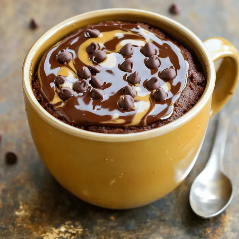 To make a Chocolate Peanut Butter Mug Cake, gather these simple ingredients: - 4 tablespoons all-purpose flour - 2 tablespoons unsweetened cocoa powder - 3 tablespoons granulated sugar - 1/4 teaspoon baking powder - A pinch of salt - 3 tablespoons milk (dairy or non-dairy) - 2 tablespoons creamy peanut butter - 1 tablespoon vegetable oil - 1/2 teaspoon vanilla extract - Optional: chocolate chips for topping These ingredients blend together to create a rich, tasty dessert in just a few minutes. The flour gives structure, while cocoa adds deep chocolate flavor. Sugar brings sweetness, and baking powder makes the cake rise. A pinch of salt balances the taste. You can use any type of milk you like, whether it’s dairy or a plant-based option. Creamy peanut butter adds a nutty richness that pairs perfectly with chocolate. The vegetable oil keeps the cake moist, and vanilla extract enhances the overall flavor. Optional chocolate chips can make this treat even more indulgent. You can customize the recipe to fit your taste. Have fun mixing and matching! First, grab a large microwave-safe mug. Add 4 tablespoons of all-purpose flour, 2 tablespoons of unsweetened cocoa powder, 3 tablespoons of granulated sugar, 1/4 teaspoon of baking powder, and a pinch of salt. Use a fork to mix these dry ingredients well. Make sure there are no lumps. This step helps the mug cake rise evenly. Next, add the wet ingredients. Pour in 3 tablespoons of milk, 2 tablespoons of creamy peanut butter, and 1 tablespoon of vegetable oil. Also, add 1/2 teaspoon of vanilla extract for flavor. Stir the mixture until it is smooth. You want everything combined well. This ensures a rich, tasty cake. Place the mug in the microwave. Cook on high for 30 to 40 seconds. Keep a close eye on it. The cooking time may change based on your microwave's wattage. The cake should puff up and look set when it's done. Let it cool for a minute or two before you dig in. The mug will be hot, so be careful! To make the best chocolate peanut butter mug cake, mix your dry ingredients first. Combine the flour, cocoa powder, sugar, baking powder, and salt in a large mug. Use a fork to break up any lumps. This step is key for a smooth cake. Next, add the wet ingredients. Pour in the milk, creamy peanut butter, vegetable oil, and vanilla extract. Stir until the batter is smooth and well mixed. Avoid over-mixing, as that can make the cake tough. Cooking time can change based on your microwave's wattage. Most microwaves cook at 700-1200 watts. Start with 30 seconds, then check. If the cake isn’t set, add 10-second bursts until it's done. The cake should puff up and look firm. Get creative with toppings! A scoop of ice cream or a dollop of whipped cream works great. You can also add fresh fruit like bananas or strawberries. For a crunchy texture, sprinkle some chopped nuts on top. I recommend serving your mug cake warm. It tastes best right after cooking. If you let it cool, the texture may change. Just be careful; it will be hot right out of the microwave! Want to change things up? You can add 1 tablespoon of your favorite nut butter for a twist. Almond butter or cashew butter can add a unique taste. If you like it sweeter, increase the sugar by a tablespoon. You can also add a dash of cinnamon for extra warmth. Just remember, small changes can make a big difference in flavor! {{image_2}} You can change the flavor of your mug cake easily. Try using different nut butters. Almond butter or cashew butter adds a nice twist. You can also add spices like cinnamon for warmth. Just a pinch can change the whole taste. If you want a gluten-free version, swap all-purpose flour for almond or coconut flour. These flours work well and keep your cake light. For a vegan-friendly option, use plant-based milk and skip the egg. You can even use flaxseed meal mixed with water as an egg substitute. Get creative with add-ins and toppings. Use dark or white chocolate instead of regular chocolate chips. They give a rich flavor. You can also add fruits like sliced bananas or fresh berries. These fruits add sweetness and moisture. Mix and match to find your favorite combination! To store leftover mug cake, let it cool first. Cover it tightly with plastic wrap or transfer it to an airtight container. This keeps it fresh for up to two days in the fridge. When you're ready to enjoy it again, just pop it in the microwave for 10 to 15 seconds. Check if it's warm enough. If not, heat for a few more seconds. Yes, you can freeze mug cake! To freeze it, let the cake cool completely. Wrap it tightly in plastic wrap. Then, place it in a freezer bag or container. It will stay good for up to a month. When you're ready to eat, take it out and let it thaw in the fridge overnight. Then, warm it in the microwave for 20 to 30 seconds to enjoy. For dry ingredients like flour and cocoa powder, keep them in a cool, dry place. Use airtight containers to avoid moisture. This keeps them fresh for a long time. For peanut butter and other wet ingredients, store them in the fridge after opening. This helps maintain their flavor and texture. Always check the label for specific storage tips. Yes, you can make this mug cake vegan. To replace the milk, use any non-dairy milk like almond or soy milk. For the creamy peanut butter, you can keep it as is since it’s already vegan. You don’t need to use eggs in this recipe, so it is naturally egg-free. If you don’t have a microwave, you can still enjoy this mug cake. You can bake it in an oven. Preheat your oven to 350°F (175°C). Pour the batter into a small oven-safe dish instead of a mug. Bake for about 15 to 20 minutes. Check it often to avoid overcooking. To check if your mug cake is done, look for a few signs. The cake should puff up and look set on top. You can also insert a toothpick in the center. If it comes out clean or with a few moist crumbs, your cake is ready. Let it cool for a minute before tasting. This blog post covered how to make a quick and easy mug cake. We looked at all the ingredients, step-by-step instructions, and tips for perfecting your cake. You can also explore fun variations and storage options. Now, you can enjoy a delicious treat in minutes. With just a few simple steps, you can impress your friends or enjoy a cozy night in. It's easy and fun to customize, so get creative!