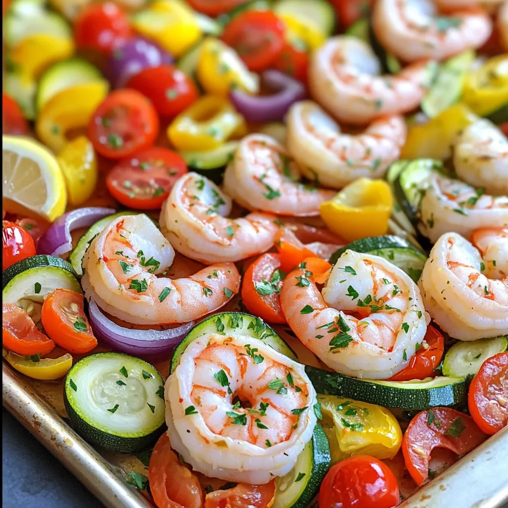 For this tasty Sheet-Pan Greek Shrimp and Veggies, you need just a few key items. First, grab 1 pound of large shrimp. Make sure they are peeled and deveined for easy cooking. Next, you will need a variety of vegetables. I suggest using 1 red bell pepper, 1 yellow bell pepper, 1 zucchini, 1 red onion, and 1 cup of cherry tomatoes. Slice the peppers and zucchini, and cut the onion into wedges. Halving the cherry tomatoes makes them pop with flavor. Now, let’s make this dish sing with flavor! You will need 4 cloves of garlic, minced finely. This adds a great aroma. Next, grab 1 tablespoon of dried oregano and 2 teaspoons of paprika. These spices will give the dish a lovely Greek touch. Squeeze the juice of 1 lemon and mix it with 3 tablespoons of olive oil. Add salt and pepper to taste. Whisk these ingredients together to create a delicious marinade. For a fresh finish, use fresh parsley. Chop it finely and sprinkle it on top just before serving. This adds color and flavor, making the dish look and taste even better. First, preheat your oven to 425°F (220°C). This step is key for even cooking. While the oven warms up, prepare your shrimp and veggies. Take 1 pound of large shrimp, peeled and deveined. Place them in a large bowl. Next, slice 1 red bell pepper and 1 yellow bell pepper. Add these to the bowl. Slice 1 zucchini, cut a red onion into wedges, and halve 1 cup of cherry tomatoes. Toss all these veggies in with the shrimp. Now, let’s make the marinade. In a small bowl, whisk together 4 cloves of minced garlic, 1 tablespoon of dried oregano, and 2 teaspoons of paprika. Squeeze the juice of 1 lemon into the bowl. Add 3 tablespoons of olive oil, salt, and pepper to taste. Once mixed, pour this marinade over the shrimp and vegetables. Toss everything together well. Ensure that the shrimp and veggies are evenly coated with the flavorful mix. Next, spread the shrimp and vegetable mixture in a single layer on a large sheet pan. This helps everything cook evenly. Once the mixture is spread out, place the sheet pan in the oven. Bake for 15-20 minutes. You know it’s done when the shrimp turn pink and opaque, and the veggies are tender. Remove the pan from the oven and garnish with fresh parsley. Your easy and tasty Sheet-Pan Greek Shrimp and Veggies is ready to serve! To ensure your shrimp cook perfectly, choose large shrimp. They cook fast and stay juicy. When baking, keep an eye on the color. Shrimp turn pink and opaque when done. Overcooking makes them tough, so check them at 15 minutes. For the veggies, cut them into uniform sizes. This helps them roast evenly. Bell peppers and zucchini cook well at high heat. Use a single layer on the sheet pan. This allows them to brown nicely and not steam. I love serving this dish straight from the sheet pan. It looks vibrant and inviting. Just sprinkle some fresh parsley on top for color. If you want a flavor boost, drizzle extra lemon juice over everything. It adds a zesty kick that brightens the meal. For a fun touch, you can plate individual servings. Use warm plates to keep the dish hot. This way, your guests can enjoy every bite! {{image_2}} You can change up the veggies in this dish. Try using asparagus, broccoli, or even eggplant. Each adds its own taste and color. You can also switch the shrimp for chicken or tofu. Both options cook well and soak up the flavors nicely. To spice things up, add some red pepper flakes or cumin. These spices will give your dish a warm kick. You can also try using fresh herbs like dill or basil. These herbs brighten the meal and add a fresh twist. Mixing and matching flavors is where your creativity shines! To store leftovers, let the dish cool down first. Then, put it in an airtight container. You can refrigerate it for up to three days. Make sure to keep it sealed well. This helps keep the shrimp and veggies fresh. To reheat, the best method is using the oven. Preheat your oven to 350°F (175°C). Place the leftovers on a baking sheet. Heat them for about 10-15 minutes. This method helps keep the shrimp tender and the veggies crisp. You can also use a microwave. Just heat in short bursts, stirring in between. This way, you avoid overcooking and maintain flavor. Yes, you can prepare this dish in advance. For meal prep, chop your veggies and shrimp. Mix the shrimp and vegetables with the marinade. Store them in the fridge for up to a day. When you’re ready to cook, just spread everything on the pan and bake. This saves time and gives you a quick dinner option. You can also prepare the marinade ahead. Just keep it separate until you are ready to cook. This dish pairs well with many sides. Try serving it with: - Rice: A fluffy side of white or brown rice works great. - Quinoa: This adds a nutty flavor and is very healthy. - Pasta: A light pasta salad can be a nice touch. - Bread: Serve with warm pita or crusty bread to soak up juices. These sides balance the flavors of the shrimp and veggies. They also make the meal more filling. Absolutely! This dish is perfect for meal prep. You can cook a big batch on the weekend. Store individual portions in airtight containers. It keeps well in the fridge for about three days. To reheat, place it in the microwave or oven. Add a splash of lemon juice to freshen it up. This way, you enjoy a delicious meal without much hassle during the week. This blog post covers making delicious sheet-pan Greek shrimp and veggies. We explored key ingredients like shrimp, vibrant vegetables, and flavorful seasonings. I shared tips on cooking and presenting the dish. You can also make it your own by swapping ingredients. For storage, I gave advice on keeping leftovers fresh and reheating them. This dish is easy and perfect for any night. Enjoy this tasty meal and all the flavors it brings to your table.