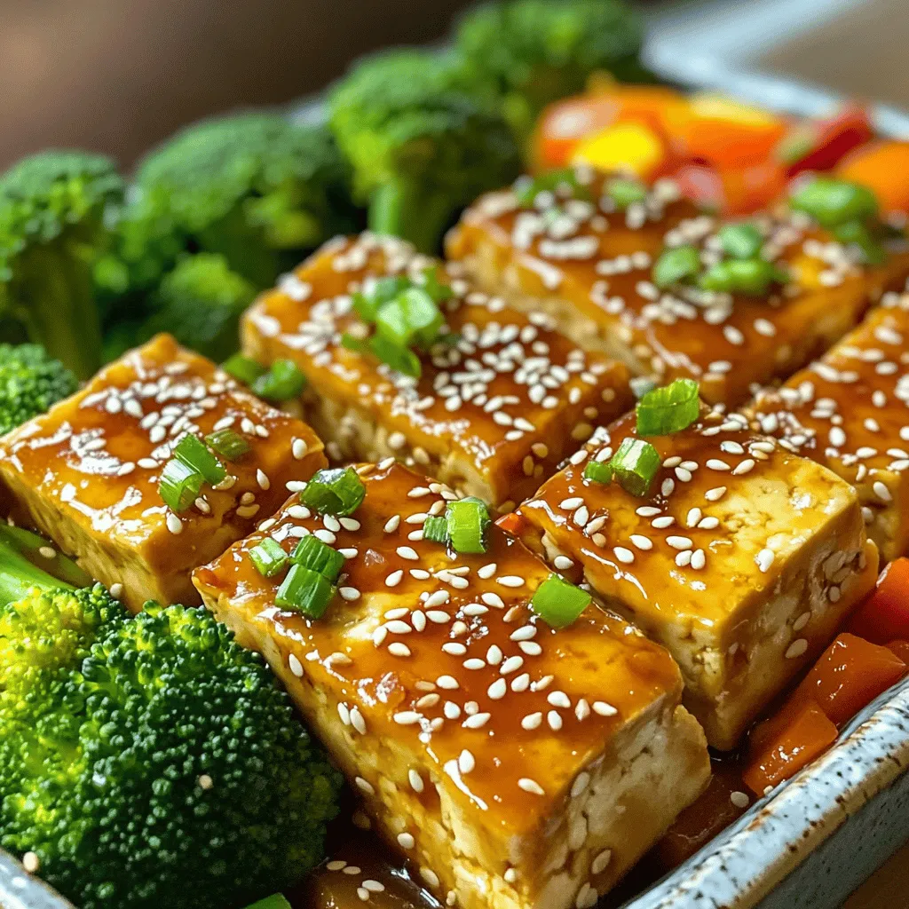 - 1 block (14 oz) firm tofu, drained and pressed - ½ cup teriyaki sauce - 2 tablespoons soy sauce - 1 tablespoon sesame oil - 1 tablespoon maple syrup - 1 teaspoon grated ginger - 1 teaspoon minced garlic - 1 tablespoon cornstarch - 2 tablespoons sesame seeds - 1 green onion, chopped (for garnish) - Steamed veggies (broccoli, carrots, bell peppers) for serving When I create Baked Teriyaki Tofu, I focus on fresh, simple ingredients. Firm tofu is my go-to. It holds its shape well and absorbs flavors nicely. The teriyaki sauce brings a sweet and savory taste. I love using a mix of soy sauce, sesame oil, and maple syrup for depth. Grated ginger and minced garlic add warmth and a fragrant touch. Cornstarch is key for a crunchy texture. It helps the tofu crisp up nicely in the oven. Sesame seeds give a nice finish and extra flavor. For garnish, I use chopped green onion. It adds a fresh bite. Don't forget your choice of steamed veggies! Broccoli, carrots, and bell peppers work great. They bring color and nutrition to the dish. - Baking sheet - Parchment paper - Mixing bowls - Whisk In my kitchen, I always have a baking sheet handy. Lining it with parchment paper makes cleanup easy. Mixing bowls are essential for marinating the tofu. A whisk helps to blend the marinade smoothly. These tools make the cooking process fun and straightforward. You’ll enjoy making this dish with just a few basic kitchen items. - Preheat the oven to 400°F (200°C). - Line a baking sheet with parchment paper. Start by getting your oven ready. Preheating it helps the tofu cook evenly. The parchment paper stops the tofu from sticking. - Slice the pressed tofu into ½-inch thick rectangles. - Combine marinade ingredients and pour over tofu. - Allow marination time. Cut the tofu into rectangles. This size helps it soak up the flavor. Next, mix the teriyaki sauce, soy sauce, sesame oil, maple syrup, ginger, and garlic in a bowl. Pour this over the tofu slices. Let them sit for at least 20 minutes. This step is key for great flavor. - Coat tofu with cornstarch. - Arrange on the baking sheet and bake. - Add sesame seeds during the last 5 minutes. After marinating, sprinkle cornstarch on both sides of the tofu. This gives it a nice crunch when baked. Place the tofu on your baking sheet in a single layer. Bake for 25-30 minutes. Flip them halfway through for even cooking. In the last five minutes, sprinkle sesame seeds on top. This adds flavor and a lovely look. For the best taste, marinate the tofu for at least 20 minutes. If you have more time, 1 hour is even better. This lets the tofu soak up all the yummy flavors. You can also adjust the seasoning to your liking. If you want it sweeter, add more maple syrup. For a saltier kick, add a splash more soy sauce. To get crispy tofu, coat each slice with cornstarch before baking. This step helps create that perfect crunch. Make sure you spread out the tofu on the baking sheet. If they touch, they won’t get crispy. If you have leftovers, store the baked tofu in an airtight container. It stays good in the fridge for up to 3 days. Garnish your tofu with chopped green onion. This adds a nice touch of color and flavor. Serve it hot with steamed veggies like broccoli, carrots, and bell peppers. You can also drizzle any leftover marinade on top for extra taste. This simple addition makes your meal look and taste great! {{image_2}} You can switch up the flavor with different marinades. One option is a spicy teriyaki with chili sauce. This adds a nice kick to the tofu. Just mix chili sauce into your teriyaki blend. It makes the dish lively and fun! Another option is a citrus-infused teriyaki. Use fresh orange or lime juice for a bright twist. The citrus adds a refreshing taste that pairs well with the soy sauce. You can also add zest for extra flavor. Both of these options keep your meals exciting and diverse. Serving baked teriyaki tofu is easy and versatile. You can serve it over rice or quinoa. This makes a hearty meal that fills you up. Both grains soak up the tasty sauce well. Another idea is to incorporate the tofu into wraps or salads. Slice the tofu and add it to your favorite greens. You can also add colorful veggies for texture. This way, you create a fresh, crunchy meal that’s perfect for lunch or dinner. If you need gluten-free options, use gluten-free soy sauce. It works just as well as regular soy sauce. You can still enjoy the same great taste without gluten. For those who follow a vegan diet, this recipe is already vegan-friendly. All the ingredients are plant-based. You can enjoy this dish without worrying about animal products. It’s a delicious choice for everyone! To keep your baked teriyaki tofu fresh, place it in an airtight container. Store it in the fridge for up to four days. This keeps the tofu tasty and safe to eat. When you want to enjoy it again, simply reheat the tofu. You can use a microwave or an oven. For the microwave, heat for about one minute. If using an oven, preheat it to 350°F (175°C) and warm the tofu for 10 minutes. If you want to save your baked tofu for later, freezing is a great option. First, let the tofu cool completely. Then, wrap it tightly in plastic wrap or place it in a freezer bag. This keeps out air and prevents freezer burn. You can freeze baked tofu for up to three months. When you’re ready to eat the frozen tofu, you will need to thaw it. The best way is to leave it in the fridge overnight. If you’re in a hurry, you can also use the microwave on the defrost setting. After thawing, reheat it in the oven or microwave for a quick meal. Enjoy your crunchy delight! To press tofu, start with firm or extra-firm tofu. Remove the tofu from the package and drain the liquid. Wrap the tofu in a clean kitchen towel. Place a heavy object, like a cast-iron pan, on top. Let it sit for 15-30 minutes. This method removes excess water and helps the tofu absorb flavors better. Yes, you can use soft or silken tofu, but the texture will be different. Firm tofu provides a nice crunch. Soft tofu may break apart more easily. If you prefer a lighter dish, use silken tofu without baking. Adjust cooking times to avoid overcooking. Most teriyaki sauces contain soy sauce, which has gluten. Look for gluten-free soy sauce or tamari. Some brands make gluten-free teriyaki sauce. Always check the label to be sure. This makes it easy to enjoy teriyaki dishes without gluten. Baking tofu takes about 25-30 minutes at 400°F (200°C). Flip the tofu halfway through for even cooking. You want it golden brown and a bit crispy. It’s a simple way to enhance flavor and texture. Steamed veggies like broccoli, carrots, and bell peppers work well. They add color and nutrients. You can also use snap peas or bok choy for more crunch. Mix and match your favorites for a colorful plate. You’ve learned how to make tasty baked teriyaki tofu with simple steps. We covered the key ingredients needed, the right kitchen tools, and how to marinate and bake tofu for great flavor. Plus, I shared tips for crispiness and cool serving ideas. Remember, you can modify the marinades to suit your taste or diet. Enjoy leftovers or freeze them for later. This dish is not just easy; it’s versatile and satisfying. Happy cooking!
