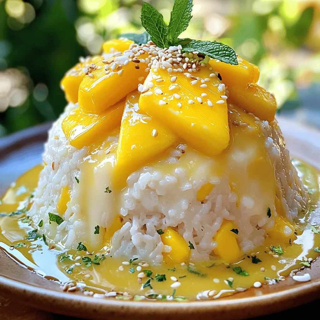 - 1 cup glutinous (sticky) rice - 2 cups coconut milk - 1/2 cup sugar - 1/4 teaspoon salt - 1 ripe mango, peeled and sliced - 2 tablespoons sesame seeds or toasted coconut flakes (for garnish) - Fresh mint leaves (optional, for garnish) To make this dessert, you need a few key ingredients. Glutinous rice is a must for that perfect, sticky texture. You will also need rich coconut milk to give it a creamy flavor. Sugar adds sweetness, while salt enhances the taste. A ripe mango brings freshness and color to the dish. You can use sesame seeds or toasted coconut flakes to add a nice crunch. Fresh mint leaves can brighten the plate and add a pop of color. These ingredients come together to create a delightful dessert that is both simple and satisfying. Trust me, using fresh and quality items makes all the difference in the world! 1. Rinse the glutinous rice under cold water. Keep rinsing until the water runs clear. This step removes extra starch. 2. Soak the rice in water. Ensure it is fully covered. Let it soak for at least 4 hours or overnight for best results. 3. After soaking, drain the rice. Place it in a steamer. Use cheesecloth or a clean kitchen towel to line the steamer. 4. Steam the rice for about 25 to 30 minutes. Check that it is tender and sticky when done. 1. While the rice steams, grab a small saucepan. 2. Over medium heat, combine the coconut milk, sugar, and salt. 3. Stir the mix until the sugar fully dissolves. This creates a sweet, creamy sauce. 1. Once the rice is ready, transfer it to a large bowl. 2. Pour about 1 cup of the coconut sauce over the warm rice. 3. Stir gently to mix the rice and sauce. Let it sit for 15 to 20 minutes. This allows the rice to soak up all the flavors. 4. To serve, shape the rice into a mound or scoop it onto a plate. 5. Arrange sliced mango beside the rice. 6. Drizzle the remaining coconut sauce over the rice and mango. 7. For added texture, sprinkle sesame seeds or toasted coconut flakes on top. 8. Optional: Garnish with fresh mint leaves for a nice touch. Choosing ripe mango To get the best mango, look for one that smells sweet. The skin should have some give when you press it gently. A ripe mango will be slightly soft, not mushy. Yellow or orange skin usually means it's ripe. Avoid green mango; it's often too hard and sour. Finding high-quality coconut milk Choose coconut milk that is thick and creamy. Look for brands without additives. Check the can for a high coconut content, at least 60%. If you see a layer of cream on the top, that's a good sign. Fresh coconut milk is great if you can find it. Overcooking or undercooking the rice Cook the rice just until it's tender and sticky. Overcooked rice becomes mushy. Under-cooked rice stays hard and unpleasant. Steaming is key for perfect texture. Trust your senses; the rice should stick together but not be gooey. Not letting the rice absorb the sauce properly After mixing the rice with the coconut sauce, let it sit. This step is important as it allows the rice to soak up the flavors. If you serve it right away, the rice will taste bland. Give it 15-20 minutes to absorb all that goodness. Suggestions for additional toppings Add sesame seeds or toasted coconut flakes for crunch. You can also try fresh fruit like berries or banana slices. A drizzle of honey or a sprinkle of nuts adds more flavors. Even a dash of lime zest can make it pop. Serving temperature recommendations Serve the sticky rice warm, but not hot. The perfect temperature lets the flavors shine. Cold rice can lose its appeal. If you have leftovers, warm them up slightly before serving. It makes a big difference in taste! {{image_2}} You can swap sugar for honey or maple syrup. Both options add a unique flavor. Honey gives a floral note, while maple syrup adds warmth. Just use the same amount as sugar. Adjust the liquid in the sauce if needed. This can make your dessert even more special. While mango is a classic choice, many other fruits work well. Try ripe bananas, juicy pineapples, or fresh strawberries. Each fruit pairs nicely with the sticky rice. You can even mix different fruits for a colorful display. This adds fun and flavor to your dessert. If you want a vegan version, the recipe is easy to adapt. Use plant-based sugar instead of regular sugar. Check that your coconut milk is dairy-free. You can also use agave syrup for sweetness. These swaps keep the dish fully vegan while tasting great. To keep sticky rice fresh, store it in an airtight container. Make sure the rice cools down before sealing. This helps prevent moisture build-up. The coconut sauce can also go in a separate container. Store it in the fridge for up to three days. If you have leftover mango, place it in a sealed bag in the fridge. Use the mango within a day or two for the best taste. Reheating sticky rice can be tricky. The goal is to keep it soft and sticky. You can use a steamer for the best results. Simply place the rice in the steamer and warm it for about 5-10 minutes. If you don’t have a steamer, use the microwave. Place the rice in a bowl, sprinkle a little water on top, and cover it with a damp paper towel. Heat it for 30-second bursts until warm. Yes, you can freeze coconut mango sticky rice! First, let it cool completely. Then, place the sticky rice in a freezer-safe bag. Lay it flat to save space. You can freeze the coconut sauce in another bag. It lasts for about one month in the freezer. When ready to eat, thaw it in the fridge overnight. Reheat it gently before serving. Glutinous rice, also known as sticky rice, is a special type of rice. It has high starch content, which makes it sticky when cooked. This rice is often used in Asian desserts and savory dishes. It is perfect for making Coconut Mango Sticky Rice because it holds together well. Its chewy texture pairs nicely with creamy coconut and fresh mango. Yes, you can prepare this dish ahead of time. Cook the sticky rice and let it cool completely. Store it in an airtight container in the fridge for up to two days. You can also make the coconut sauce ahead. Simply reheat it before serving. This way, you can save time and still enjoy a delicious dessert. To tell if the sticky rice is done, check its texture. The rice should be tender and sticky, not dry. It should also look glossy. If you taste it, it should have a slight chewiness. Steaming for 25-30 minutes usually yields perfect results. Remember to let it sit after cooking so it can absorb flavors. This blog post covered all you need to make coconut mango sticky rice. You learned about the key ingredients, step-by-step instructions, and useful tips. We discussed common mistakes to avoid and offered delicious variations. Storing and reheating tips help you keep this treat fresh. Remember, the best results come from quality ingredients and careful preparation. Enjoy your cooking and share this delightful dish with friends and family!