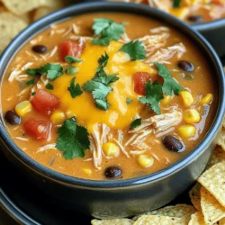 - 1 lb boneless, skinless chicken breasts - 1 tablespoon olive oil - 1 medium onion, diced - 3 cloves garlic, minced - 1 bell pepper, diced - 1 can diced tomatoes (14.5 oz), with juices - 1 can black beans (15 oz), drained and rinsed - 1 can corn (15 oz), drained - 2 cups chicken broth The chicken is the star of this dish. I use boneless, skinless chicken breasts for ease. They cook fast and shred easily. The vegetables add color and crunch. Onion and garlic give a nice base flavor. The bell pepper adds sweetness. Canned goods make it quick and easy. Diced tomatoes, black beans, and corn give great texture and taste. Chicken broth ties it all together. - 1 cup cream cheese, softened - 1 cup shredded cheddar cheese Cream cheese makes this soup creamy and rich. I always use softened cream cheese. It mixes in easily. Shredded cheddar cheese adds a sharp flavor. It melts beautifully into the soup. - 1 packet taco seasoning - Fresh cilantro, chopped - Salt and pepper to taste Taco seasoning gives the soup its signature flavor. It has spices like cumin and chili powder. I love fresh cilantro for garnish; it adds a burst of freshness. Adjust salt and pepper to your taste. It's the final touch that makes it perfect. - Sautéing the Vegetables First, grab a large pot or Dutch oven. Heat one tablespoon of olive oil over medium heat. Add the diced onion and bell pepper. Cook them for about five minutes. You want them to soften and smell great. - Adding Garlic Next, add three minced garlic cloves to the pot. Stir it for one minute. This will make your kitchen smell fantastic! - Combining Ingredients Now it’s time to add the chicken. Place one pound of boneless, skinless chicken breasts in the pot. Then, add the diced tomatoes with their juices, one can of black beans, and one can of corn. Pour in two cups of chicken broth and sprinkle a packet of taco seasoning. Stir everything well. - Simmering the Mixture Bring the mixture to a simmer. Cover the pot and cook for 15 to 20 minutes. Make sure the chicken reaches 165°F (75°C) inside. This ensures it’s safe to eat. - Shredding the Chicken Once the chicken is cooked, take it out and shred it using two forks. Return the shredded chicken to the pot. - Mixing in Cheeses Now, stir in one cup of softened cream cheese. Let it melt and mix in completely. After five more minutes, add one cup of shredded cheddar cheese. Stir until it melts. Season with salt and pepper to taste. Creaminess Tips To get that rich creaminess, always use softened cream cheese. This helps it blend well. Stir it in slowly so it melts nicely. Adding shredded cheddar at the end also boosts the creaminess. If you want it even creamier, try adding a splash of half-and-half or whole milk. Adjusting Consistency If your soup is too thick, add more chicken broth. You can add it a little at a time until you reach your desired thickness. For a thicker soup, let it simmer more after adding cheese. The longer it cooks, the thicker it gets. Additional Spice Options If you love a kick, consider adding cayenne pepper or red pepper flakes. A pinch of cumin or smoked paprika adds a nice depth, too. For a fresh flavor, squeeze some lime juice right before serving. Ingredient Substitutions You can switch the chicken for turkey or even tofu for a vegetarian dish. Black beans can be replaced with pinto beans if you prefer. Feel free to add more veggies like zucchini or spinach for extra nutrients. Best Accompaniments Serve your soup with tortilla chips for crunch. You can also add avocado slices or sour cream on top for extra flavor. Fresh cilantro adds a great pop of color and taste. Presentation Ideas To make the soup look great, use a nice bowl. A sprinkle of cheese on top and a few cilantro leaves can make it shine. You can even add a lime wedge on the side for a splash of color and taste. {{image_2}} Substituting Chicken To make a vegetarian version, you can swap the chicken for hearty veggies. Use mushrooms, zucchini, or even diced potatoes. You can also add lentils for protein. Alternative Protein Options If you want protein but not chicken, try using beans. Chickpeas are a great choice. They add texture and protein without meat. Tofu is another option; just ensure it absorbs the soup's flavors. Adding Jalapeños For a spicy kick, add sliced jalapeños. They bring heat and flavor. Mix them in when you sauté the veggies. You can adjust the amount based on your spice level. Spicy Seasoning Ideas Use spicy taco seasoning instead of regular. You can also add cayenne pepper or chili powder for extra heat. A dash of hot sauce at the end can amp up the spice too. Southwest Style To give your soup a Southwest flair, include corn and black beans. Add Southwest seasoning or smoked paprika for a robust flavor. You can even top it with avocado to enhance the taste. Italian-Inspired Options For an Italian twist, use Italian herbs like basil and oregano. Swap black beans for cannellini beans. Add diced tomatoes with Italian seasoning for a comforting, creamy soup that feels like a warm hug. Store your One-Pot Creamy Chicken Taco Soup in an airtight container. Place it in the fridge within two hours of cooking. This soup will stay fresh for about three to four days. When you're ready to eat, just give it a quick stir to mix the flavors. For long-term storage, freeze the soup. Let it cool completely before putting it in a freezer-safe container. It can last up to three months in the freezer. Make sure to leave some space at the top of the container, as the soup will expand when frozen. To reheat, you have two options: microwave or stovetop. If using the microwave, place the soup in a microwave-safe bowl. Heat it in short bursts, stirring in between, until hot. For stovetop, pour the soup into a pot. Heat over medium-low heat, stirring often, until warm. Both methods work well, but stovetop gives better flavor. To make this soup, start by heating olive oil in a large pot. Add diced onion and bell pepper. Cook for about five minutes until they are soft. Then, stir in minced garlic and cook for one more minute. Next, add boneless chicken breasts, diced tomatoes, black beans, corn, chicken broth, and taco seasoning. Stir everything well. Bring the pot to a simmer, cover it, and cook for 15 to 20 minutes. The chicken should reach 165°F inside. After that, shred the chicken and return it to the pot. Mix in softened cream cheese until melted, then add shredded cheddar cheese. Finally, season with salt and pepper to taste. Yes, you can make this soup in a slow cooker! Start by adding all the ingredients except the cream cheese and cheddar cheese. Cook on low for six to eight hours or on high for three to four hours. Once the chicken is cooked, shred it and stir in the cream cheese and cheddar cheese. Let it cook for another 15 minutes until the cheeses melt. If you need a substitute for cream cheese, you can use Greek yogurt or sour cream. Both options add creaminess to the soup. You can also use a dairy-free cream cheese if you want a plant-based option. To make this soup dairy-free, use dairy-free cream cheese and dairy-free cheddar cheese. You can also replace the cream cheese with blended cashews or coconut cream for that rich texture. This soup lasts about three to four days in the fridge. Make sure to store it in an airtight container. If you want it to last longer, consider freezing it. This blog post covered how to make a tasty One-Pot Creamy Chicken Taco Soup. We detailed the main ingredients, how to cook the soup, and shared helpful tips. I hope you feel ready to try different variations, from vegetarian options to spicy twists. Remember, this dish is easy to store and reheat, making it perfect for busy days. Enjoy the flavors and share it with friends. Your kitchen will smell amazing, and everyone will love it!