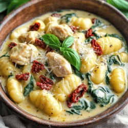 - 1 lb (450g) chicken breast, diced - 1 lb (450g) gnocchi - 1 cup sun-dried tomatoes, chopped The chicken breast forms the heart of this dish. I always choose fresh, high-quality chicken for the best flavor. Gnocchi adds a delightful, chewy texture that pairs perfectly with creamy sauces. Sun-dried tomatoes bring a rich, tangy taste, elevating the overall dish. - 1 cup heavy cream - 1 cup chicken broth - 2 cups spinach, fresh Heavy cream creates a luscious sauce that coats the gnocchi beautifully. Chicken broth adds depth to the flavor. Fresh spinach not only gives color but also boosts nutrition in this meal. - 1 teaspoon Italian seasoning - Salt and pepper to taste - ½ cup grated Parmesan cheese Italian seasoning combines herbs that enhance the dish's flavor. Salt and pepper are essential for balancing out the creaminess. Grated Parmesan cheese adds a nutty finish that brings everything together. By using these ingredients, you create a dish that bursts with flavor and comfort. Each bite is creamy, savory, and full of joy. Start by heating one tablespoon of olive oil in a large pot over medium heat. Once the oil is hot, add one pound of diced chicken breast. Cook the chicken for about 7 to 10 minutes. You want it golden brown and cooked through. Season with salt and pepper to taste. This step is key as it builds the base flavor of the dish. Next, add three cloves of minced garlic and one cup of chopped sun-dried tomatoes to the pot. Cook these for 2 to 3 minutes until the garlic smells good. Then, pour in one cup of heavy cream and one cup of chicken broth. Stir everything well to mix the flavors. Bring this mixture to a gentle simmer. The cream and broth create a rich sauce that makes this dish special. Now, stir in two cups of fresh spinach and one pound of gnocchi. Let the spinach wilt for about 2 minutes. This adds color and nutrition. Cook for an additional 3 to 5 minutes until the gnocchi becomes tender. Stir in half a cup of grated Parmesan cheese. This will thicken the sauce and add a cheesy flavor. Adjust the seasoning with more salt and pepper if needed. Let the dish rest for a few minutes to thicken up before serving. To make sure the chicken is cooked through, cut it into small pieces. This helps it cook evenly and quickly. Use a meat thermometer to check for an internal temperature of 165°F (75°C). For gnocchi texture, cook it until it floats in the pot. This shows that it is done and light. You can also sauté the gnocchi in the sauce for a minute. This adds a nice crisp to the outside while keeping it soft inside. To garnish effectively, top your dish with fresh basil leaves. Add a sprinkle of grated Parmesan cheese for a touch of elegance. This makes your dish look bright and fresh. For the best serving dishes, use wide, shallow bowls. They allow you to show off the creamy sauce and vibrant colors. Plus, they make it easy for everyone to dig in. When reheating, warm the dish gently on low heat. This helps keep the cream sauce from breaking. Stir occasionally to ensure even heating. Use airtight containers for leftovers. Glass containers work great because they don’t stain and keep food fresh. Store in the fridge for up to three days. {{image_2}} You can customize this dish easily. Swap out spinach for other veggies. Zucchini or bell peppers work well. If you prefer, try adding mushrooms or kale for extra flavor and nutrients. For proteins, chicken is great, but shrimp or turkey can change the taste. Cook shrimp until pink, and turkey gives a lighter feel. Feel free to experiment! If you need gluten-free options, look for gluten-free gnocchi. Many brands offer tasty alternatives made from rice or potato. Adjusting the gnocchi lets everyone enjoy this dish without worry. For those with lactose issues, use lactose-free heavy cream. You can also use dairy-free cheese or omit cheese altogether. This way, you keep the creamy texture without the dairy! Want to spice things up? Add red pepper flakes for heat. A pinch of cayenne can also give a nice kick. Herbs can change the dish too. Fresh thyme or oregano brings new notes. You can even add a bit of lemon zest for brightness. These tweaks make every bite exciting! To store leftovers, let the creamy sun-dried tomato chicken gnocchi cool first. Place it in an airtight container. This will help keep the flavors fresh. Store it in the fridge for up to three days. Before serving again, check for any signs of spoilage. It should smell and taste good. For longer storage, freezing is a great option. Portion the gnocchi into smaller containers. Make sure to use freezer-safe bags or containers. This way, you can thaw only what you need. The dish will last up to three months in the freezer. When ready to eat, let it thaw in the fridge overnight. To reheat, the stovetop works best. Add a splash of chicken broth or cream to keep it moist. Heat over low heat, stirring often. You can also use the microwave if you're short on time. Cover the dish to avoid drying out. Heat in short intervals, stirring in between. Enjoy your creamy gnocchi just like fresh! Yes, you can use frozen gnocchi. Frozen gnocchi cooks quickly and is easy to use. Just add it directly to the pot. You do not need to thaw it first. If you do use frozen gnocchi, cook it a bit longer. Check the package for exact cooking time. If you need a lighter option, you can use half-and-half. This will give you a creamy texture but with less fat. Another choice is coconut milk if you want a dairy-free version. You can also mix milk with a bit of cornstarch to thicken it. The chicken is safe when it reaches 165°F (75°C). Use a meat thermometer to check the thickest part of the chicken. This ensures it is cooked all the way through. You can also cut into it. The meat should be white without any pink. This blog post covered all you need for a delicious dish. We explored main ingredients like chicken breast, gnocchi, and sun-dried tomatoes. I gave step-by-step instructions on cooking chicken, making the sauce, and preparing gnocchi. Helpful tips for cooking, presentation, and storage also helped to make this meal a success. Finally, I shared variations to customize your dish. With these details, you can create a tasty meal that fits your needs and sets your table. Enjoy your cooking!