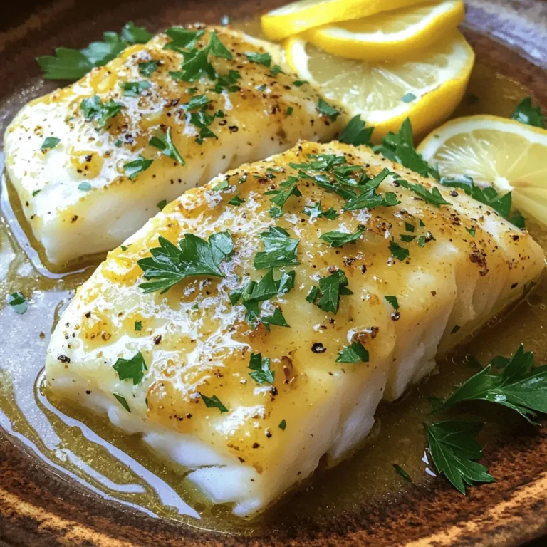 To make Garlic Butter Lemon Cod, you need a few simple ingredients. Each one adds to the flavor and charm of this dish. Here’s what you will need: - 4 cod fillets (about 6 ounces each) - 4 tablespoons unsalted butter - 4 cloves garlic, minced - 1 lemon (zested and juiced) - Salt and pepper to taste - 1 teaspoon dried parsley (or 2 tablespoons fresh parsley, chopped) - Lemon slices for garnish - Fresh parsley for garnish These ingredients come together to create a bright and rich flavor. Cod is a mild fish that takes on flavors well. The unsalted butter adds creaminess. Garlic gives a punch of taste, while lemon brings brightness. Salt and pepper are key for enhancing all the flavors. Parsley adds a fresh note, making the dish look beautiful. You can find all these ingredients at your local store. Using fresh lemon and parsley makes a big difference. They add a vibrant touch to your cod. This simple list allows you to create a dish that impresses without stress. Enjoy cooking! 1. Preheat the oven. Set your oven to 375°F (190°C). This ensures even cooking. 2. Melt butter and sauté garlic. In a small saucepan, melt four tablespoons of unsalted butter over medium heat. Add four minced garlic cloves. Sauté for one to two minutes until the garlic smells great. Be careful not to burn it. 3. Combine lemon juice and zest. Take one lemon. Zest it first, then juice it. Mix the lemon juice and zest into the butter and garlic. Add salt, pepper, and one teaspoon of dried parsley. This mix will add flavor to the cod. 1. Season and place cod in baking dish. Take four cod fillets, about six ounces each. Season both sides with salt and pepper. Place them in a baking dish. 2. Pour garlic butter mixture over cod. Drizzle the garlic butter lemon mix over the cod fillets. Make sure each piece is covered well. This adds taste and moisture. 3. Bake and optionally broil for finishing. Bake the cod in the preheated oven for 15 to 20 minutes. The fish should flake easily with a fork. For a golden top, broil for the last two to three minutes. Keep a close watch to avoid burning. Enjoy your delicious Garlic Butter Lemon Cod! To make sure your cod is flaky and tender, follow these steps: - Start with fresh cod fillets. Fresh fish gives the best taste and texture. - Do not overcook the cod. Bake it until it flakes easily with a fork. - Use a meat thermometer. The fish should reach 145°F (63°C) for safety. The right baking temperature is key. Preheat your oven to 375°F (190°C) for even cooking. This temperature allows the fish to cook through without burning. To add more flavor, try these spices and herbs: - A pinch of paprika adds a nice kick. - Fresh dill pairs well with lemon and fish. - A dash of red pepper flakes can give it a bit of heat. For side dishes, I recommend these options: - Steamed broccoli brings color and nutrition. - A simple green salad with lemon vinaigrette is refreshing. - Rice or quinoa absorbs the tasty garlic butter sauce well. {{image_2}} You can try different methods to make garlic butter lemon cod. Each method gives a unique taste and texture. - Pan-seared garlic butter lemon cod: Start by heating a skillet over medium heat. Add butter and let it melt. Place the seasoned cod fillets in the skillet. Cook for about 4-5 minutes on each side until golden brown and flaky. This method adds a nice crust to the fish. - Grilled cod with garlic butter: Preheat your grill to medium heat. Brush the cod with garlic butter and season well. Place the fillets on the grill. Cook for about 5-6 minutes per side. This adds a smoky flavor that pairs well with lemon. You can switch up some ingredients based on what you have at home. - Alternative fish options: If you can't find cod, use tilapia or haddock. These fish cook similarly and absorb flavors well. - Dairy-free butter alternatives: For a dairy-free option, use coconut oil or vegan butter. They work well in this recipe and maintain a rich flavor. To store leftover garlic butter lemon cod, place it in an airtight container. Make sure to seal it well to keep out air. You can keep it in the fridge for up to three days. If you want it to last longer, consider freezing it. Wrap the cod tightly in plastic wrap, then place it in a freezer bag. Frozen cod can last about three months. When reheating cod, you want to keep it moist. The best way to do this is in the oven. Preheat your oven to 300°F (150°C). Place the cod in a baking dish and cover it with foil. This keeps the moisture in. Heat it for about 10-15 minutes, or until warmed through. You can also use a microwave, but be careful. Heat it in short bursts, checking often to avoid drying it out. Bake cod for 15 to 20 minutes at 375°F. The fish is done when it flakes easily. You want to check it at 15 minutes. If it looks opaque and flakes with a fork, it is ready. Yes, you can use frozen cod fillets. Just thaw them before cooking. If you cook them from frozen, add a few extra minutes to the baking time. Always check for doneness to ensure they are fully cooked. Serve garlic butter lemon cod with steamed veggies or a fresh salad. Rice or couscous also pairs well. For a heartier meal, add some crusty bread to soak up the sauce. You can also try roasted potatoes for a comforting side. You now know how to make tasty garlic butter lemon cod. Remember the key steps: preheat, sauté, season, and bake. Use fresh ingredients for the best flavor. Try different cooking methods or substitute fish for variety. Store your leftovers properly to keep them fresh and delicious. Cooking can be fun and satisfying. Enjoy sharing this dish with friends or family!