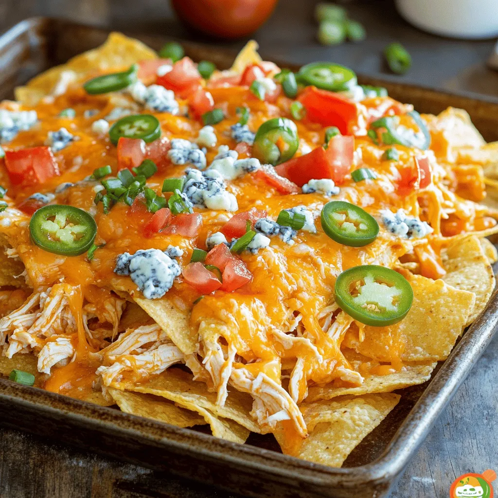 - 2 cups shredded cooked chicken - 1/2 cup buffalo sauce - 1 bag (10 oz) tortilla chips For Loaded Buffalo Chicken Nachos, the main ingredients shine. Start with shredded cooked chicken. You can use rotisserie chicken for ease. Next, the buffalo sauce adds that spicy kick. It gives flavor and heat, making the dish exciting. Finally, you need tortilla chips. Choose sturdy chips that can hold up to toppings. - 2 cups shredded cheddar cheese - 1 cup blue cheese crumbles - 1/2 cup sliced green onions - 1/2 cup diced tomatoes - 1/2 cup sliced jalapeños (fresh or pickled) Now, let’s talk cheese and toppings. Cheddar cheese is a must for that gooey texture. It melts perfectly over the nachos. Blue cheese crumbles add a bold flavor. The sharpness balances the spiciness of buffalo sauce. For the veggies, sliced green onions and diced tomatoes add freshness. They brighten the dish and add color. Jalapeños bring even more heat. You can use fresh jalapeños or pickled ones for a tangy twist. - 1 cup sour cream (optional for serving) - Fresh cilantro for garnish (optional) For serving, sour cream is a great option. It cools down the heat from the buffalo sauce. A dollop on top makes every bite creamy. Fresh cilantro adds a nice touch too. It brings a burst of flavor and looks great on the plate. Prepping the chicken Start by mixing your shredded cooked chicken with buffalo sauce. Use a bowl to ensure every piece of chicken gets coated well. This step adds flavor and makes the chicken juicy. Preparing the baking sheet While you prep the chicken, preheat your oven to 400°F (200°C). Grab a large baking sheet or an oven-safe platter. Spread out your tortilla chips in a single layer. This helps them stay crispy while baking. Arranging the tortilla chips Once your baking sheet is ready, lay the tortilla chips evenly across the surface. Make sure they cover the whole sheet. No chip should go without toppings! Adding buffalo chicken and cheese layers Now it's time for layers! Scatter the buffalo chicken on top of the tortilla chips. Use a spoon to spread it evenly, so every bite has chicken. Next, sprinkle shredded cheddar cheese over the chicken. Then, add blue cheese crumbles for that extra tangy flavor. Cooking time and temperature Put the loaded nachos in the oven for 10-12 minutes. Keep an eye on them. You want the cheese to melt and bubble but not burn. Adding final toppings before serving When the nachos are done, take them out of the oven. Sprinkle sliced green onions on top. Serve them hot with sour cream on the side and fresh cilantro if you like. Enjoy your tasty buffalo chicken nachos! - Recommended chicken types: I love using rotisserie chicken for this recipe. It’s already cooked and full of flavor. You can also use grilled or poached chicken. Just make sure it is shredded well. - Choosing the right buffalo sauce: Look for a sauce that matches your taste. Some are mild, while others pack a punch. I like to mix a bit of ranch with the buffalo sauce to balance the heat. - How to avoid soggy chips: To keep your chips crunchy, layer them evenly. Do not overload with chicken or cheese. Bake them just until the cheese melts, about 10-12 minutes. - Achieving the ideal cheese melt: Use a mix of cheddar and blue cheese. Cheddar melts well, while blue cheese adds a unique flavor. Sprinkle it on top, and watch it bubble beautifully. - Plating ideas for gatherings: Serve the nachos on a large platter. This makes it easy for guests to dig in. You can also use a cast-iron skillet for a rustic touch. - Garnishing for enhanced flavor: Fresh green onions and diced tomatoes add color and taste. A dollop of sour cream on top gives a creamy finish. Sprinkle cilantro for a fresh touch, too. {{image_2}} You can change the protein in your nachos. Shredded beef works great. For a plant-based option, use tofu. Just cook the tofu until golden, then mix it with buffalo sauce. This swap keeps the dish fun and tasty. For cheese, you can choose dairy-free options. Look for vegan cheese that melts well. This way, those who avoid dairy can enjoy the dish too. Switch up the sauce for a twist. Try BBQ sauce for a sweet and smoky taste. Teriyaki sauce adds a hint of sweetness and an Asian flair. Don't hesitate to add spices, like garlic powder or paprika. This can enhance the flavor profile and give a nice kick. You can serve buffalo chicken nachos in different styles. For a fun twist, make buffalo chicken nacho bowls. Layer the chips, chicken, and toppings in a bowl. It makes for an easy-to-eat option. Another idea is a nacho salad. Use a bed of greens, then add your toppings. This makes the meal lighter but still full of flavor. You get the crunch from the chips and the freshness from the salad. To keep your loaded buffalo chicken nachos fresh, store leftovers in the fridge. Place them in an airtight container. Make sure to cover them well. This keeps moisture and air out. Leftovers can last for about 3 days in the fridge. If you want to freeze your nachos, it's best to separate the toppings. Freeze the plain chips in a zip-top bag. Store the chicken and cheese mix in another bag. You can freeze them for up to 2 months. Just remember to label the bags! When it comes to reheating nachos, the oven is the best method. Preheat your oven to 350°F (175°C). Spread the nachos on a baking sheet. Heat them for about 10 minutes. This will help the chips stay crispy. You can also use a microwave. But be careful! The chips may get soggy. If you use the microwave, heat them in short bursts. This way, you can check the crispiness. Leftover nachos last for about 3 days in the fridge. After that, the flavors may fade. You should watch for any signs of spoilage. If you see mold or off smells, it's best to throw them away. Eating spoiled food can make you sick. Always trust your senses when checking food! Can I make buffalo chicken nachos ahead of time? Yes, you can prepare the chicken and toppings ahead. Mix the shredded chicken with buffalo sauce and store it in the fridge. On game day, just layer everything on the chips and bake. This saves time and keeps things easy. What can I substitute for shredded chicken? You can use shredded beef, pulled pork, or even tofu for a vegetarian option. Each choice brings a unique flavor to your nachos. Just make sure whatever you choose pairs well with buffalo sauce. Can these nachos be made gluten-free? Yes! Simply use gluten-free tortilla chips. Check the labels to ensure they are safe for your diet. This way, everyone can enjoy the nachos without worry. What are the nutritional facts of loaded buffalo chicken nachos? A serving typically has about 400-500 calories. It includes protein from the chicken, and fats from cheese and sour cream. For exact numbers, check the specific ingredients you use. How can I make these nachos spicier? Add more buffalo sauce or sprinkle red pepper flakes on top. You can also use spicy jalapeños. Adjust the heat based on your taste. What is the best way to keep chips from getting soggy? Layer the toppings carefully. Place the chicken and cheese on top of the chips, not underneath. Bake just until cheese melts. Serve right away for the best crunch. Loaded Buffalo Chicken Nachos are fun and easy to make. We covered main ingredients like shredded chicken, buffalo sauce, and cheese. I provided step-by-step instructions for prep and baking. Tips on keeping your chips crisp and serving ideas add extra flair. Try different protein and sauce options for variety. Store leftovers properly and reheat wisely. With these tips, your nachos will impress at any gathering. Enjoy creating your tasty dish!