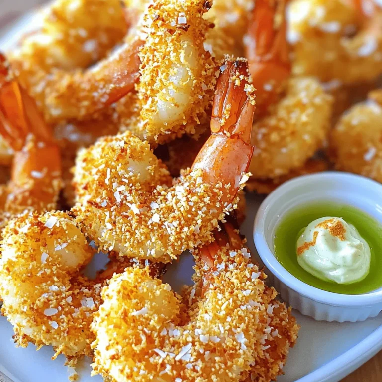 - 1 pound large shrimp, peeled and deveined - 1 cup shredded coconut (sweetened or unsweetened) - 1/2 cup breadcrumbs (panko for extra crunch) - 1/2 cup all-purpose flour - 2 large eggs - 1 teaspoon garlic powder - 1 teaspoon paprika - Salt and pepper to taste - Cooking spray (for air frying) What shrimp should I use? I recommend using large shrimp for this recipe. They hold up well and have great flavor. Look for shrimp that are fresh or frozen, but make sure they are peeled and deveined. Panko vs regular breadcrumbs: Panko breadcrumbs are my top choice. They create a crispier texture that enhances the shrimp. Regular breadcrumbs can work, but they won't give that nice crunch. Sweetened vs unsweetened coconut options: You can use either sweetened or unsweetened coconut. Sweetened coconut adds a nice touch of sweetness. Unsweetened coconut is great if you want a more balanced flavor. Choose based on your taste! 1. Rinsing and drying the shrimp: Start by rinsing the shrimp under cold water. Make sure to clean them well. After rinsing, pat them dry using paper towels. This step helps the coating stick better to the shrimp. 2. Setting up the breading station: You need three shallow bowls. In the first bowl, add the all-purpose flour. In the second bowl, beat the two large eggs. In the third bowl, mix the shredded coconut, breadcrumbs, garlic powder, paprika, salt, and pepper. This setup makes it easy to coat the shrimp. 1. Dredging shrimp in flour, eggs, and coconut-breadcrumb mixture: Grab one shrimp and dip it into the flour. Shake off any extra flour. Next, dip the shrimp into the beaten eggs, letting the excess egg drip off. Finally, coat the shrimp in the coconut-breadcrumb mixture. Make sure to cover it well. 2. Importance of pressing the coating onto shrimp: After coating, gently press the mixture onto the shrimp. This step helps ensure that the coating sticks well during cooking. Repeat this for all the shrimp until they are all breaded. 1. Preheating the air fryer: Preheat your air fryer to 400°F (200°C). Let it heat for about 5 minutes. This step is important for even cooking. 2. Cooking time and flipping instructions: Arrange the breaded shrimp in a single layer in the fryer basket. Lightly spray them with cooking spray. Cook the shrimp for about 8-10 minutes. Make sure to flip them halfway through for even crispiness. 3. How to check for doneness: The shrimp should turn golden brown and crispy when done. You can check if they are cooked by cutting one open. The meat should be opaque and firm. To get that perfect crunch, use cooking spray. A light coat helps the shrimp crisp up nicely. Spray the shrimp after breading them but before air frying. This small step makes a big difference. Next, make sure to arrange the shrimp in a single layer. This allows hot air to circulate around each piece. If the shrimp touch, they won't cook evenly. Flip them halfway through cooking to ensure they brown nicely on both sides. Dipping sauces can elevate your coconut shrimp. Try sweet chili sauce for a sweet kick. A tangy lime mayo also pairs well and adds a fresh taste. For sides, consider serving the shrimp with a light salad. A simple coleslaw or a mix of greens works perfectly. You can also serve it with white rice or quinoa for a complete meal. One common mistake is skipping the drying stage. Rinsing the shrimp is essential, but drying them is just as important. If they stay wet, the coating won't stick well. Another mistake is overcrowding the air fryer basket. If you put too many shrimp in at once, they won't get crispy. Cook them in batches if needed to keep that crunch factor. {{image_2}} To make your coconut shrimp even better, try adding spices to the breadcrumb mix. You can use cayenne for heat or cumin for a warm flavor. Just a pinch can make a big difference. Another great idea is to add lime zest. This small addition gives your shrimp a fresh and zesty taste that pairs well with the coconut. If you want to try different cooking methods, you can bake or pan-fry your coconut shrimp. For baking, preheat your oven to 400°F (200°C). Place the breaded shrimp on a baking sheet lined with parchment paper. Bake for about 15-20 minutes. This method is simple and still gives you that crispy texture. For pan-frying, heat oil in a skillet over medium heat. Cook the shrimp for about 3-4 minutes on each side until they turn golden brown. This method adds extra flavor but uses more oil. If you need gluten-free options, there are alternatives for breadcrumbs and flour. Look for gluten-free breadcrumbs available in stores. You can also use almond flour or coconut flour instead of all-purpose flour. Want a vegan version? Use chickpea flour or a plant-based coating. You can even use a mix of ground nuts and seeds. These substitutions keep the dish tasty while fitting your dietary needs. After enjoying your crispy coconut shrimp, you may have some leftovers. To keep them fresh, let the shrimp cool to room temperature. Place them in an airtight container. This keeps moisture out and helps the shrimp stay crispy. You can store them in the fridge for up to three days. If you want to save them longer, consider freezing. Use a freezer-safe bag and remove as much air as possible. When it’s time to enjoy your leftovers, you want them crispy again. The best way to do this is by using the air fryer. Preheat your air fryer to 350°F (175°C). Place the shrimp in the basket in a single layer. Heat for about 5-7 minutes. Check them halfway through to make sure they don’t overcook. This method brings back the crunch. You can also use an oven. Just spread the shrimp on a baking sheet and heat at 350°F (175°C) for about 10 minutes. Enjoy your tasty meal again! I recommend using large shrimp for this dish. Fresh shrimp has a sweet taste and firm texture. Frozen shrimp works well too, but make sure to thaw it first. Both types can be peeled and deveined easily. If you choose frozen, look for shrimp that are labeled "wild-caught." This often means they are fresher and tastier. Yes, you can make these shrimp ahead of time. Cook them fully and let them cool. Then, store them in an airtight container in the fridge. They will stay fresh for up to two days. To reheat, use the air fryer. This keeps the coating crispy. Heat them at 400°F for about five minutes. You can also use an oven, but the air fryer is best for crispiness. To make this recipe healthier, you can use whole wheat flour instead of all-purpose flour. You can also use unsweetened coconut. This cuts down on sugar. Try using less oil for cooking spray. You can even bake the shrimp instead of air frying. This will lower the fat content, making it a lighter meal. This recipe for coconut shrimp gives you easy steps and tips for making a tasty dish. You've learned about the best shrimp to use, how to bread them right, and the best cooking methods. Remember to avoid common mistakes like overcrowding the air fryer and skipping the drying stage. You can also try flavor variations or different cooking methods to make it your own. Enjoy your delicious coconut shrimp as a fun meal or snack, and don’t forget to share your experience!