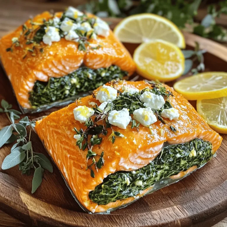 - 4 salmon fillets (6 oz each) - 2 cups fresh spinach, chopped - 1 cup feta cheese, crumbled - 2 cloves garlic, minced - 1 tablespoon olive oil - 1 tablespoon lemon juice - 1 teaspoon dried oregano - Salt and pepper to taste - Lemon slices for garnish - Fresh herbs for presentation For this dish, I love using fresh ingredients. The salmon brings a rich flavor. The spinach adds color and nutrition. Feta cheese gives a creamy and tangy taste. Garlic brings out the best in all these flavors. The olive oil keeps everything moist and tasty. Lemon juice brightens the dish and adds a fresh zing. Dried oregano gives a nice, earthy aroma. Always use salt and pepper to bring all the flavors together. When I prepare this dish, I like to think about the presentation too. Adding lemon slices on the plate makes it look fresh and inviting. A sprinkle of fresh herbs adds a touch of elegance. This not only enhances taste but also makes the meal feel special. Feel free to mix in your favorite herbs or spices. This dish is easy to customize, so let your creativity shine! - Step 1: Preheat the oven and prepare the baking sheet First, set your oven to 375°F (190°C). While it heats, line a baking sheet with parchment paper. This helps the salmon not stick and makes cleanup easy. - Step 2: Sauté garlic and spinach In a medium skillet, add one tablespoon of olive oil. Heat it over medium heat. Once hot, add two minced cloves of garlic. Sauté for 1-2 minutes until you smell the garlic. Then, add 2 cups of chopped spinach. Cook this for about 3-4 minutes until the spinach wilts. Remove the skillet from the heat. - Step 3: Combine spinach with feta and seasonings Take your cooked spinach and garlic mixture and place it in a mixing bowl. Add one cup of crumbled feta cheese, one tablespoon of lemon juice, and one teaspoon of dried oregano. Season with salt and pepper to taste. Mix everything well until combined. - Step 4: Prepare salmon fillets for stuffing Take 4 salmon fillets and place them skin-side down on the prepared baking sheet. Using a sharp knife, carefully cut a pocket along the side of each fillet. Be gentle to avoid cutting all the way through. - Step 5: Stuff the salmon and bake Take your spinach-feta mixture and stuff it into the pockets of the salmon fillets. Press it down gently so it stays inside. Once done, place the baking sheet in the oven. Bake for about 15-20 minutes, or until the salmon is cooked through and flakes easily with a fork. - Step 6: Resting and serving the salmon After baking, remove the salmon from the oven. Let it rest for 5 minutes. This helps the flavors settle. You can serve the stuffed salmon on a plate with lemon slices for garnish. Enjoy it with roasted vegetables or a light salad. - To keep your salmon moist, don’t overcook it. Bake for just 15-20 minutes. - Use a sharp knife to cut a pocket in each fillet. This makes stuffing easy. - Stuff the salmon pockets firmly, but don’t overstuff. You want it to stay intact. - Add fresh dill or parsley for extra flavor. These herbs pair well with salmon. - Serve with a lemon butter sauce or a yogurt dill sauce for a creamy touch. - Roasted veggies or a simple salad go great on the side. They add color and crunch. - Use a sturdy baking sheet lined with parchment paper. This makes cleanup simple. - A small spoon or spatula works well for stuffing the fillets. - Keep a sharp knife handy for cutting the pockets in the salmon. This keeps the fillets neat. {{image_2}} You can make this dish your own by swapping out some ingredients. If you want to replace feta cheese, try goat cheese or ricotta. Both will add a creamy texture and unique taste to your salmon. For greens, while spinach is great, you can also use kale or Swiss chard. These options will give a different flavor and color to your filling. They are also packed with nutrients. When it comes to cooking methods, you have options. Grilling salmon adds a nice smoky flavor. Just be careful not to overcook it. Baking is simple and keeps the salmon moist. You can bake it exactly as the recipe states. Air frying is another fun method. It cooks the salmon quickly and gives it a crispy outer layer. Just set your air fryer to 400°F and cook for about 10-15 minutes. You can easily adapt this dish for different diets. To make it gluten-free, check your feta label. Most brands are safe, but it's always good to read. For low-carb diets like keto, skip the bread crumbs if you use any. Focus on the salmon and spinach filling. You can add more cheese for flavor and richness. This keeps it delicious and fitting for keto plans. To store leftover spinach feta stuffed salmon, first let it cool. Place it in the fridge after it reaches room temperature. Use an airtight container to keep it fresh. This method helps prevent the salmon from drying out. When reheating, avoid drying out the salmon. The best method is to use the oven. Preheat your oven to 350°F (175°C). Place the salmon in a baking dish, cover with foil, and heat for 10-15 minutes. This keeps the fish moist and flavorful. You can also use a microwave. Heat for 1-2 minutes, but check often to avoid overcooking. To freeze stuffed salmon, wrap each piece tightly in plastic wrap. Then place them in a freezer-safe bag. This prevents freezer burn and keeps the taste intact. When you want to eat it, move the salmon to the fridge for 24 hours to defrost. For quicker thawing, submerge it in cold water for about an hour. Can I use frozen salmon fillets for this recipe? Yes, you can use frozen salmon. Just make sure to thaw them completely first. This helps the salmon cook evenly. To thaw, place the fillets in the fridge overnight or run them under cold water for faster results. How do I know when salmon is fully cooked? The salmon is done when it flakes easily with a fork. You can also check the internal temperature. It should be at least 145°F (63°C). This ensures it is safe to eat and still juicy. Can I prepare the spinach-feta mixture ahead of time? Absolutely! You can make the spinach-feta mix a day in advance. Just store it in the fridge. This saves time when you are ready to cook. What sides go well with stuffed salmon? Stuffed salmon pairs well with roasted vegetables. Try serving it with a light salad or some rice. These sides complement the flavors nicely and add freshness. Is this recipe suitable for gluten-free diets? Yes, this recipe is naturally gluten-free. There are no gluten-containing ingredients in the salmon or filling. Always check labels to ensure any added items are gluten-free. Can I substitute dairy-free alternatives for feta? Yes, you can use dairy-free feta cheese. Look for brands made from nuts or tofu. These alternatives work well and keep the dish tasty for those avoiding dairy. This blog post covered how to make spinach and feta stuffed salmon. You learned about the main ingredients, step-by-step instructions, helpful tips, and variations. Cooking salmon this way can be easy and fun. Remember to try different ingredients and cooking methods to find your favorite. Enjoy your meals and impress your friends with this tasty dish! Whether you’re cooking for yourself or others, this recipe is a hit every time. Happy cooking!