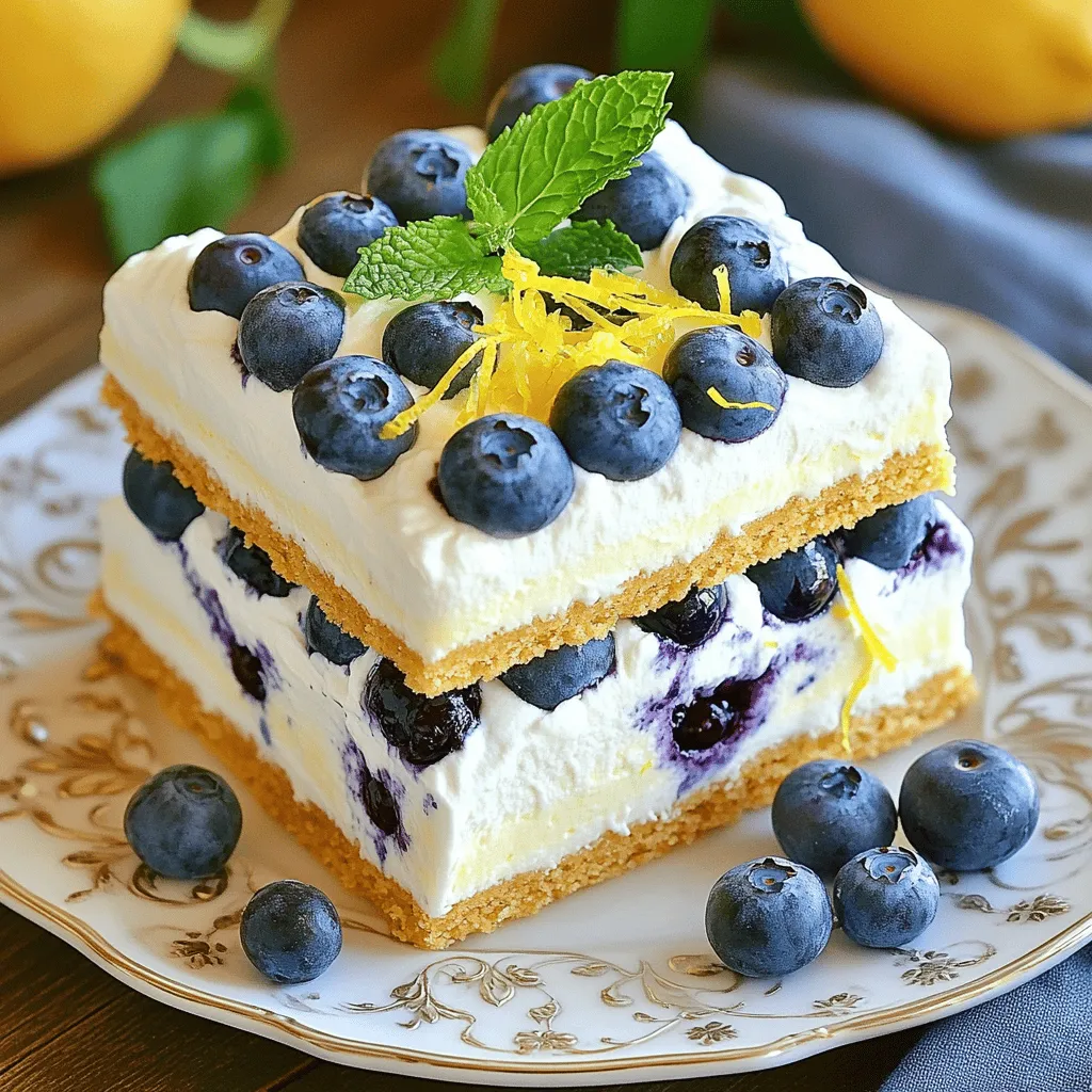 To make a No-Bake Lemon Blueberry Icebox Cake, gather these fresh ingredients: - 1 cup fresh blueberries - 1 cup heavy whipping cream - 1 cup cream cheese, softened - 1/2 cup powdered sugar - 1/4 cup fresh lemon juice - Zest of 1 lemon - 1 teaspoon vanilla extract - 1 package (14 oz) graham crackers - Extra blueberries and lemon zest for garnish These ingredients create a light and creamy dessert. Each bite bursts with flavors of lemon and blueberry. Adding a few garnishes can enhance the look and taste of your cake. Here are some ideas: - Extra fresh blueberries - Lemon zest for a bright touch - Mint leaves for freshness These simple touches make your dessert more inviting and colorful. You can swap some ingredients if needed. Here are a few options: - Use low-fat cream cheese for a lighter version. - Substitute honey or maple syrup for powdered sugar. - Try lemon extract if you don't have fresh lemon juice. These substitutions still give you a tasty dessert while fitting your dietary needs. Enjoy creating your No-Bake Lemon Blueberry Icebox Cake! First, grab two mixing bowls. In one bowl, whip 1 cup of heavy cream. Keep whipping until soft peaks form. This step adds a light texture. In your second bowl, mix 1 cup of softened cream cheese, 1/2 cup of powdered sugar, and 1/4 cup of fresh lemon juice. Add the zest of one lemon and 1 teaspoon of vanilla extract. Stir until smooth. Now gently fold the whipped cream into the cream cheese mixture. Be careful not to lose the fluffiness. Ensure no streaks remain. This creamy mix is the heart of your cake. Now, take a 9x13 inch baking dish. Lay down graham crackers on the bottom. Cover the entire base well. Spread one-third of the lemon cream mixture over the crackers. Next, scatter half of the 1 cup of fresh blueberries on top. This adds a burst of flavor. Repeat this process: add another layer of graham crackers, then a second third of the cream mixture, and the remaining blueberries. If you have leftover cream mixture, spread it over the last layer of graham crackers. This helps seal in the yummy flavors. Cover the dish tightly with plastic wrap. Place it in the fridge for at least 4 hours. Overnight is even better! This chilling time allows the flavors to meld together. The cake will set nicely, making it easy to cut later. Before serving, add extra blueberries and a sprinkle of lemon zest on top. This adds color and a fresh finish. Your No-Bake Lemon Blueberry Icebox Cake is now ready to impress! To make great whipped cream, start with very cold heavy cream. Pour it into a large bowl. Use a hand mixer or stand mixer. Beat it on medium speed until soft peaks form. This usually takes about 3 to 5 minutes. If you want a sweeter taste, add a bit of powdered sugar while mixing. This makes your whipped cream even better. Store your No-Bake Lemon Blueberry Icebox Cake in the fridge. Cover it well with plastic wrap. This keeps it fresh and tasty. It can last up to 3 days. When serving, slice it into squares. Each piece looks great on a plate. You can add mint leaves for color. This makes it even more appealing. You can make this cake even more fun! Try adding a splash of almond extract to the cream mixture. This gives a nice twist. You can also mix in some crushed graham crackers for added crunch. For a fruity kick, add diced strawberries or raspberries. They pair well with lemon and blueberries. {{image_2}} You can swap blueberries for other fruits. Strawberries, raspberries, or blackberries work great. Each fruit adds its own flavor. For a tropical twist, try mango or pineapple. Just make sure the fruit is fresh for the best taste. If you need a gluten-free version, use gluten-free graham crackers. They taste just as good and keep the texture nice. You can also try almond flour cookies for a nutty flavor. Both options will make this cake friendly for everyone. Want to mix things up? Use different extracts! Almond extract gives a unique taste. Coconut extract adds a tropical flair. You can even try lemon or orange extracts for a zesty kick. Just swap out vanilla and keep the same amount for balance. To keep your no-bake lemon blueberry icebox cake fresh, follow these tips: - Cover the dish tightly with plastic wrap. - Store it in the fridge. - Avoid leaving it out at room temperature. These steps help keep the cake creamy and delicious. You can freeze this cake for later enjoyment. Here’s how: - First, slice the cake into squares. - Wrap each slice in plastic wrap. - Place the wrapped slices in a freezer-safe bag. When you want to eat it, thaw it overnight in the fridge. The cake stays good for about 3 to 5 days in the fridge. If you freeze it, it can last up to 2 months. Always check for any signs of spoilage before enjoying. Yes, you can use frozen blueberries. They work well in this cake. Frozen blueberries may release more juice than fresh ones. This can change the texture slightly. To help, you can thaw and drain them before use. This way, your cake stays nice and firm. The cake needs to chill for at least 4 hours. Chilling overnight is even better. This wait time helps the flavors mix well. It also allows the cake to set properly. A well-chilled cake cuts more easily and tastes great. This cake pairs nicely with many treats. You can serve it with whipped cream for extra fluff. Fresh mint leaves also add a nice touch. For a refreshing drink, try iced tea or lemonade. A scoop of vanilla ice cream is another great option. These choices enhance the cake's bright flavors. You now have a clear guide to make a delicious No-Bake Lemon Blueberry Icebox Cake. We covered the key ingredients, tips for perfect whipped cream, and ideas for variations. Remember, you can easily customize this cake with different fruits or extracts. Following the storage tips will keep your cake fresh longer. Whether you serve it at a party or enjoy it alone, this treat will surely impress. Enjoy every layer of this creamy delight!