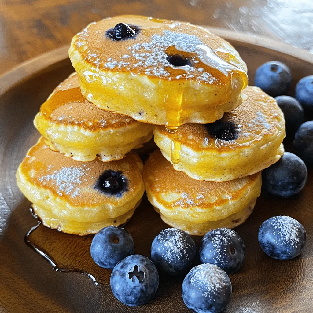 To make tasty blueberry pancake bites, gather these essential items: - 1 cup all-purpose flour - 1 tablespoon sugar - 1 teaspoon baking powder - 1/2 teaspoon baking soda - 1/4 teaspoon salt - 3/4 cup buttermilk (or regular milk with 1 tablespoon vinegar added) - 1 large egg - 2 tablespoons melted butter - 1 cup fresh blueberries - 1 teaspoon vanilla extract - Cooking spray or additional butter for the pan Each ingredient plays a key role in creating soft and fluffy bites. The flour gives structure, while the baking powder and baking soda help them rise. Buttermilk adds a nice tang and moisture, making each bite melt in your mouth. If you want to spice things up, consider these optional add-ins: - Chopped nuts (like walnuts or pecans) - Chocolate chips for a sweet twist - Cinnamon for warmth - Lemon zest for a fresh kick These additions can enhance the flavor and make each bite even more special. Experiment and discover what you enjoy most! Don't have everything on hand? No worries! Here are some substitutions: - Use whole wheat flour instead of all-purpose for added fiber. - Swap buttermilk for regular milk if needed. - Replace fresh blueberries with frozen ones, but thaw and drain them first. These swaps can help you create delicious blueberry pancake bites without stress. Just remember, some changes may alter the final taste and texture. To make the batter, first grab a medium bowl. In this bowl, whisk together the dry ingredients: 1 cup of all-purpose flour, 1 tablespoon of sugar, 1 teaspoon of baking powder, 1/2 teaspoon of baking soda, and 1/4 teaspoon of salt. Mix them well until they blend nicely. Next, take another bowl and combine the wet ingredients. Mix 3/4 cup of buttermilk, 1 large egg, 2 tablespoons of melted butter, and 1 teaspoon of vanilla extract. Stir this mixture until it is smooth. Now, pour the wet mix into the dry mix. Stir gently until just combined. It is okay if a few lumps remain; do not overmix. Finally, fold in 1 cup of fresh blueberries, being careful to keep them whole. This adds a burst of flavor to each bite. Heat a non-stick mini muffin pan over medium heat. Lightly coat it with cooking spray or melted butter. Once the pan is hot, ladle about 1 tablespoon of batter into each muffin cup, filling them halfway. Cook the pancake bites for 3-4 minutes. You will know they are ready when the edges look set and bubbles form on the surface. Carefully flip each bite and cook for an additional 2-3 minutes until they turn golden brown. Remove the cooked bites from the pan and repeat with the remaining batter. Remember to grease the pan between batches to prevent sticking. Serve the warm pancake bites stacked on a small plate. For easy eating, use toothpicks. Drizzle with maple syrup or honey for sweetness. A light dusting of powdered sugar adds a nice touch too. For extra color, place a few whole blueberries on the side. Enjoy your delicious snack! To make the best blueberry pancake bites, follow these tips: - Use fresh blueberries for the best flavor. - Whisk your dry ingredients well to avoid lumps. - Mix the wet ingredients until smooth but don’t overmix the batter. A few lumps are okay. - Preheat your pan properly to get a nice golden color. - Flip the bites carefully to keep them whole and fluffy. Avoid these common mistakes: - Don’t overmix the batter; it can make the bites tough. - Skipping the cooking spray or butter can lead to sticking. - Cooking at too high a heat can burn the outside while leaving the inside raw. - Not folding in blueberries gently can cause them to burst. For this recipe, you will need: - A non-stick mini muffin pan for easy cooking. - A mixing bowl for combining ingredients. - A whisk for blending dry and wet components. - A ladle or measuring spoon for portioning the batter. - A spatula for flipping the pancake bites. Using the right tools helps you create perfect blueberry pancake bites every time. {{image_2}} You can switch up the fruit in your pancake bites. Try strawberries, bananas, or raspberries. Each fruit adds a new taste. For example, strawberries make them sweeter. Bananas add a nice creaminess. Raspberries give a tart flavor. You can even mix fruits for a fun variety. To make gluten-free pancake bites, use gluten-free flour. This flour works just like regular flour. Look for brands that have a good mix. You can still enjoy the same fluffy texture. Just be careful with the baking powder. Some brands may contain gluten. Always check labels to be sure. If you want something savory, try adding cheese or herbs. Cheese like cheddar or feta melts well. Fresh herbs like chives or parsley add great flavor. You can also mix in cooked bacon or sausage for a hearty snack. This twist makes pancake bites perfect for breakfast or brunch. To store your blueberry pancake bites, let them cool first. Place them in an airtight container. You can keep them in the fridge for up to three days. This helps them stay fresh and tasty. If you want them to last longer, freezing is a better option. When you're ready to enjoy them again, reheating is simple. You can use a microwave or a skillet. For the microwave, heat them for about 15-20 seconds. If you prefer a skillet, warm them over low heat for a few minutes. This makes them nice and warm without drying them out. To freeze blueberry pancake bites, first, let them cool. Then, arrange them in a single layer on a baking sheet. Place the sheet in the freezer for a few hours. Once frozen, transfer the bites to a freezer bag. They can last up to two months in the freezer. When you crave a snack, just reheat them! To make blueberry pancake bites from scratch, follow these steps: 1. Mix Dry Ingredients: In a bowl, whisk 1 cup flour, 1 tablespoon sugar, 1 teaspoon baking powder, 1/2 teaspoon baking soda, and 1/4 teaspoon salt. 2. Combine Wet Ingredients: In another bowl, stir 3/4 cup buttermilk, 1 large egg, 2 tablespoons melted butter, and 1 teaspoon vanilla. 3. Combine Mixtures: Pour the wet mix into the dry mix. Stir until just combined. Lumps are okay. 4. Add Blueberries: Gently fold in 1 cup of fresh blueberries. 5. Cook: Preheat a mini muffin pan. Fill each cup halfway with batter. Cook for 3-4 minutes, flip, then cook for 2-3 minutes. 6. Serve: Enjoy warm with syrup or powdered sugar. This method makes tasty bites that are fun to eat! Yes, you can use frozen blueberries. They work well in pancake bites. Just remember to fold them in gently so they don’t break apart. If they are frozen, they might make the batter a bit thicker. You may need to cook them a little longer. You can find pre-made blueberry pancake bites in many grocery stores. Check the frozen food section. Brands often sell them in boxes. You could also look online on grocery delivery websites. If you want a quick snack or breakfast, these options are great! Blueberry pancake bites are fun, easy, and tasty. This guide shared essential ingredients, helpful tips, and tasty variations. You learned how to make them and store any leftovers. Try different fruits or make them gluten-free for new flavors. With the right tools and techniques, you can avoid mistakes. Enjoy these bites for breakfast or a snack. Happy cooking!