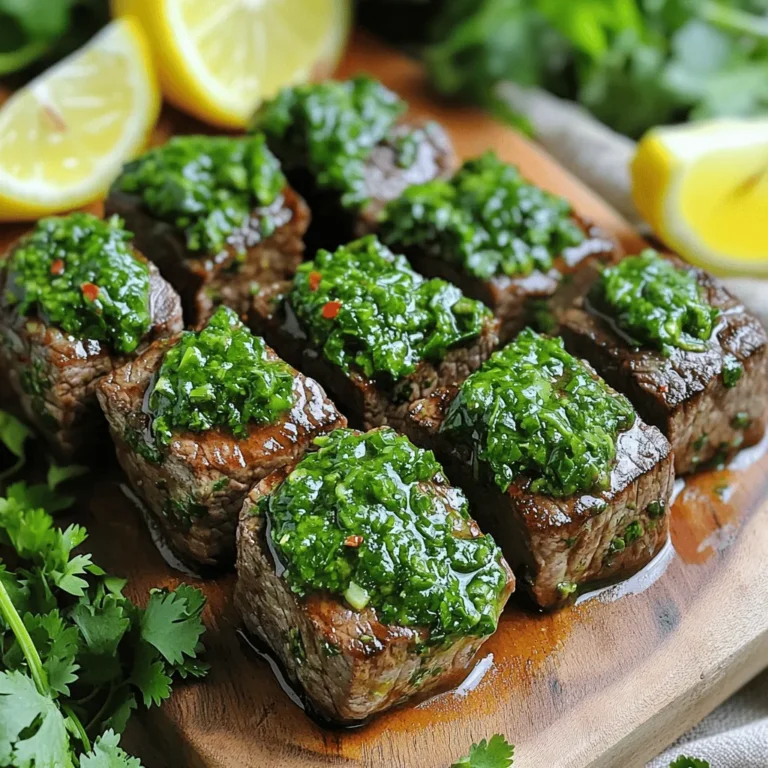 - 1 lb flank steak - 2 tablespoons olive oil - 1 teaspoon smoked paprika - 1 garlic clove, minced - 1 cup fresh parsley, chopped - 1/4 cup fresh cilantro, chopped - 2 tablespoons red wine vinegar (or lemon juice) - 1 tablespoon lemon zest - 1/2 teaspoon dried oregano - 1/4 teaspoon red pepper flakes (optional) - Salt and pepper to taste Gather these items before you start cooking. The flank steak gives a nice, tender bite. The olive oil helps the spices stick. Smoked paprika adds a warm, deep flavor. Don't forget the garlic; it brings a strong taste to the mix. For your chimichurri sauce, fresh herbs are key. Parsley and cilantro work together for a bright flavor. The red wine vinegar (or lemon juice) adds zing. Lemon zest gives it a fresh kick. Oregano adds depth, and red pepper flakes bring some heat if you like it spicy. Season your steak well with salt and pepper. This makes every bite full of flavor. Now you are ready to make a delicious meal! To make the chimichurri sauce, start by gathering your fresh herbs. Combine 1 cup of chopped parsley and 1/4 cup of chopped cilantro in a bowl. Add 1 minced garlic clove, 1/4 teaspoon of red pepper flakes (if you like spice), and a pinch of salt. Next, pour in 2 tablespoons of red wine vinegar or lemon juice, and add 1 tablespoon of lemon zest. Finally, sprinkle in 1/2 teaspoon of dried oregano. Mix it all well until combined. Now, it's time to prepare the steak bites. Take 1 pound of flank steak and cut it into 1-inch cubes. In a separate bowl, toss the steak cubes with 2 tablespoons of olive oil. Add salt, pepper, and 1 teaspoon of smoked paprika to taste. Make sure all the cubes are well-coated. While you do this, preheat your air fryer to 400°F (200°C). Once your air fryer is ready, place the seasoned steak bites in the basket. Make sure not to overcrowd them. Air fry the steak bites for 8 to 10 minutes. It’s important to shake the basket halfway through cooking. This helps them cook evenly. After the time is up, check for your desired doneness. Finally, toss the warm steak bites in the chimichurri sauce. Let them sit for a minute before serving. I love serving my Air Fryer Chimichurri Steak Bites on a rustic wooden board. This adds a homey touch. A colorful presentation makes the dish more inviting. You can sprinkle extra fresh herbs on top. A few lemon wedges around the steak bites make it pop with color and flavor. Guests will enjoy the look and taste. Always preheat your air fryer to 400°F (200°C). This step helps the steak cook evenly. When placing the steak bites in the basket, make sure they are in a single layer. Overcrowding the basket can lead to uneven cooking. If you have a lot, cook in batches. This way, every piece gets that nice, crisp outside. Want to spice things up? You can add more red pepper flakes to the chimichurri sauce. This will give your steak bites a nice kick. Feel free to change the chimichurri ingredients, too. If you love basil or mint, try adding those herbs instead. You can even mix in some lime juice for a fresh twist. Experimenting with flavors is part of the fun! {{image_2}} You can easily swap flank steak for other meats. Sirloin works well if you want a different taste. Chicken is another great choice. It absorbs the chimichurri flavor nicely. Just cut the chicken into bite-sized pieces. The cooking time will stay about the same. Chimichurri sauce can be fun to change up. You can add herbs like basil or mint for a twist. This gives the sauce a fresh flavor. Don't be afraid to play with citrus, too. Try lime or orange juice instead of vinegar. These changes can brighten the dish and make it unique. You don't have to only use an air fryer for this recipe. The oven is a good option, too. Just bake the steak bites at 400°F until they are done. You can also grill them outdoors. Grilling adds a nice smoky flavor that pairs well with chimichurri. Just keep an eye on the meat, as it cooks faster on the grill. To store leftovers in the fridge, place the steak bites in an airtight container. Let them cool down before sealing. This keeps them fresh and tasty. For the best flavor, enjoy them within three days. After that, they may start to lose their charm. If you want to freeze cooked steak bites, make sure they are fully cooled. Pack them tightly in freezer bags, removing as much air as possible. This helps prevent freezer burn. When you're ready to enjoy them, thaw in the fridge overnight. To reheat without drying out the steak bites, use the air fryer again. Preheat it to 350°F (175°C) and air fry for about 3-5 minutes. You can also add a little olive oil to help keep them juicy. Enjoy your flavorful bites just like the first time! Cooking steak bites in the air fryer takes about 8 to 10 minutes. This time can change based on how you like your steak. For medium-rare, aim for 8 minutes. For medium, stick closer to 10 minutes. Always shake the basket halfway through to ensure even cooking. Yes, you can use other cuts! Sirloin or ribeye works well, too. Just remember, different cuts may need slight cooking time adjustments. For example, tender cuts like ribeye might cook faster than flank steak. Always check for your desired doneness. Chimichurri sauce can have a mild kick, mainly from red pepper flakes. If you want less spice, skip the flakes or reduce the amount. The sauce’s flavors come from herbs like parsley and cilantro, which keep it fresh. You can adjust spice levels to fit your taste. This guide showed you how to make tasty chimichurri steak bites. You learned about key ingredients, easy steps, and tips for success. I shared fun ideas for variations and storage options. You can mix flavors and try new meats. With these tips, you’ll create a great meal every time. Enjoy cooking, and have fun sharing your delicious results with others!