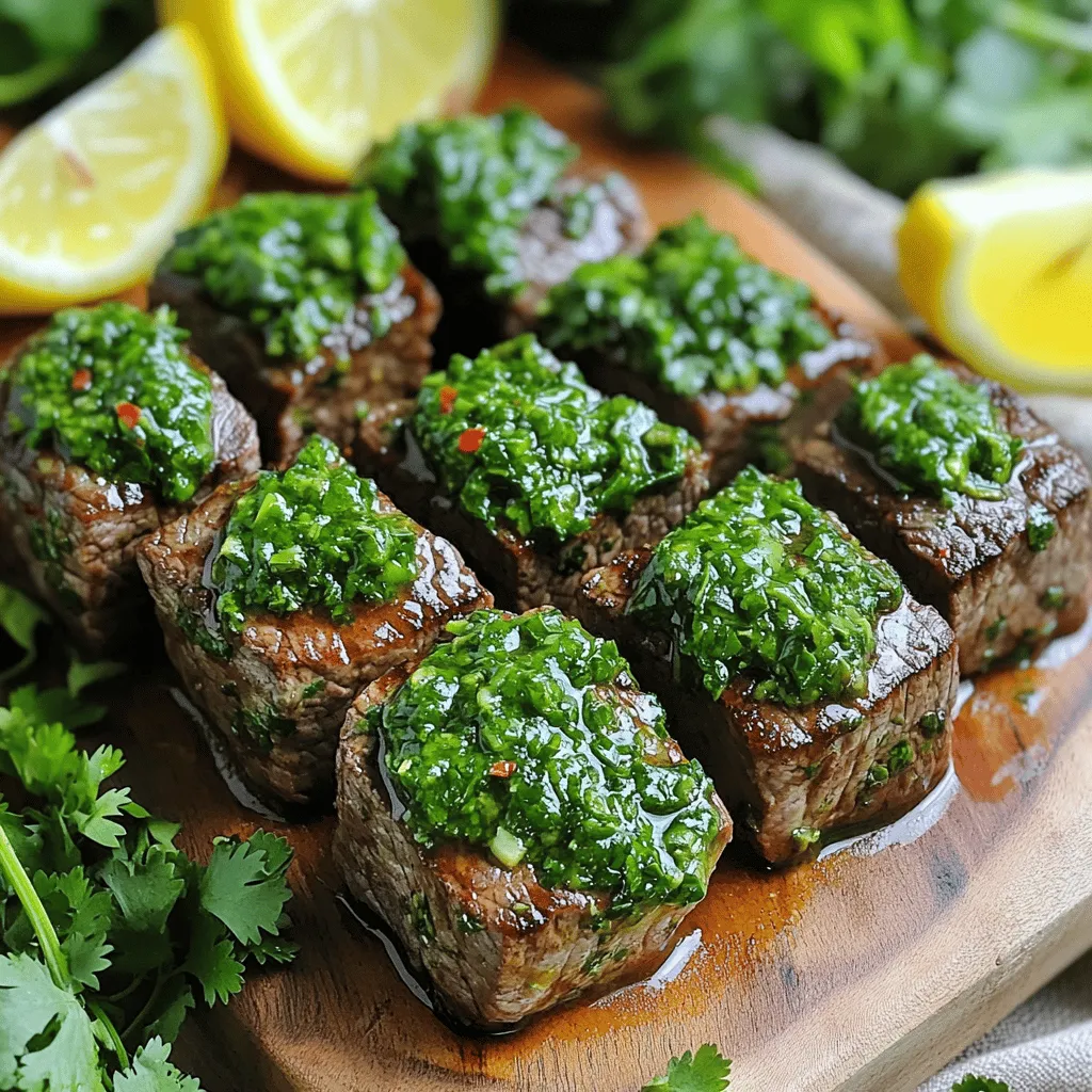 - 1 lb flank steak - 2 tablespoons olive oil - 1 teaspoon smoked paprika - 1 garlic clove, minced - 1 cup fresh parsley, chopped - 1/4 cup fresh cilantro, chopped - 2 tablespoons red wine vinegar (or lemon juice) - 1 tablespoon lemon zest - 1/2 teaspoon dried oregano - 1/4 teaspoon red pepper flakes (optional) - Salt and pepper to taste Gather these items before you start cooking. The flank steak gives a nice, tender bite. The olive oil helps the spices stick. Smoked paprika adds a warm, deep flavor. Don't forget the garlic; it brings a strong taste to the mix. For your chimichurri sauce, fresh herbs are key. Parsley and cilantro work together for a bright flavor. The red wine vinegar (or lemon juice) adds zing. Lemon zest gives it a fresh kick. Oregano adds depth, and red pepper flakes bring some heat if you like it spicy. Season your steak well with salt and pepper. This makes every bite full of flavor. Now you are ready to make a delicious meal! To make the chimichurri sauce, start by gathering your fresh herbs. Combine 1 cup of chopped parsley and 1/4 cup of chopped cilantro in a bowl. Add 1 minced garlic clove, 1/4 teaspoon of red pepper flakes (if you like spice), and a pinch of salt. Next, pour in 2 tablespoons of red wine vinegar or lemon juice, and add 1 tablespoon of lemon zest. Finally, sprinkle in 1/2 teaspoon of dried oregano. Mix it all well until combined. Now, it's time to prepare the steak bites. Take 1 pound of flank steak and cut it into 1-inch cubes. In a separate bowl, toss the steak cubes with 2 tablespoons of olive oil. Add salt, pepper, and 1 teaspoon of smoked paprika to taste. Make sure all the cubes are well-coated. While you do this, preheat your air fryer to 400°F (200°C). Once your air fryer is ready, place the seasoned steak bites in the basket. Make sure not to overcrowd them. Air fry the steak bites for 8 to 10 minutes. It’s important to shake the basket halfway through cooking. This helps them cook evenly. After the time is up, check for your desired doneness. Finally, toss the warm steak bites in the chimichurri sauce. Let them sit for a minute before serving. I love serving my Air Fryer Chimichurri Steak Bites on a rustic wooden board. This adds a homey touch. A colorful presentation makes the dish more inviting. You can sprinkle extra fresh herbs on top. A few lemon wedges around the steak bites make it pop with color and flavor. Guests will enjoy the look and taste. Always preheat your air fryer to 400°F (200°C). This step helps the steak cook evenly. When placing the steak bites in the basket, make sure they are in a single layer. Overcrowding the basket can lead to uneven cooking. If you have a lot, cook in batches. This way, every piece gets that nice, crisp outside. Want to spice things up? You can add more red pepper flakes to the chimichurri sauce. This will give your steak bites a nice kick. Feel free to change the chimichurri ingredients, too. If you love basil or mint, try adding those herbs instead. You can even mix in some lime juice for a fresh twist. Experimenting with flavors is part of the fun! {{image_2}} You can easily swap flank steak for other meats. Sirloin works well if you want a different taste. Chicken is another great choice. It absorbs the chimichurri flavor nicely. Just cut the chicken into bite-sized pieces. The cooking time will stay about the same. Chimichurri sauce can be fun to change up. You can add herbs like basil or mint for a twist. This gives the sauce a fresh flavor. Don't be afraid to play with citrus, too. Try lime or orange juice instead of vinegar. These changes can brighten the dish and make it unique. You don't have to only use an air fryer for this recipe. The oven is a good option, too. Just bake the steak bites at 400°F until they are done. You can also grill them outdoors. Grilling adds a nice smoky flavor that pairs well with chimichurri. Just keep an eye on the meat, as it cooks faster on the grill. To store leftovers in the fridge, place the steak bites in an airtight container. Let them cool down before sealing. This keeps them fresh and tasty. For the best flavor, enjoy them within three days. After that, they may start to lose their charm. If you want to freeze cooked steak bites, make sure they are fully cooled. Pack them tightly in freezer bags, removing as much air as possible. This helps prevent freezer burn. When you're ready to enjoy them, thaw in the fridge overnight. To reheat without drying out the steak bites, use the air fryer again. Preheat it to 350°F (175°C) and air fry for about 3-5 minutes. You can also add a little olive oil to help keep them juicy. Enjoy your flavorful bites just like the first time! Cooking steak bites in the air fryer takes about 8 to 10 minutes. This time can change based on how you like your steak. For medium-rare, aim for 8 minutes. For medium, stick closer to 10 minutes. Always shake the basket halfway through to ensure even cooking. Yes, you can use other cuts! Sirloin or ribeye works well, too. Just remember, different cuts may need slight cooking time adjustments. For example, tender cuts like ribeye might cook faster than flank steak. Always check for your desired doneness. Chimichurri sauce can have a mild kick, mainly from red pepper flakes. If you want less spice, skip the flakes or reduce the amount. The sauce’s flavors come from herbs like parsley and cilantro, which keep it fresh. You can adjust spice levels to fit your taste. This guide showed you how to make tasty chimichurri steak bites. You learned about key ingredients, easy steps, and tips for success. I shared fun ideas for variations and storage options. You can mix flavors and try new meats. With these tips, you’ll create a great meal every time. Enjoy cooking, and have fun sharing your delicious results with others!