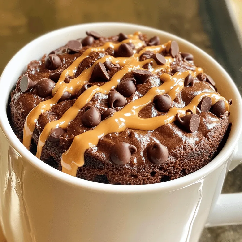 To make a delicious Chocolate Peanut Butter Mug Cake, you need a few simple items. Here’s what you will need: - 4 tablespoons all-purpose flour - 4 tablespoons granulated sugar - 2 tablespoons unsweetened cocoa powder - 1/8 teaspoon baking powder - 1/8 teaspoon salt - 3 tablespoons milk (any kind) - 2 tablespoons creamy peanut butter - 1 tablespoon vegetable oil (or melted coconut oil) - 1/4 teaspoon vanilla extract - 1 tablespoon chocolate chips (optional) These ingredients mix together to create a rich and tasty treat. The flour gives the cake its structure, while sugar adds sweetness. Cocoa powder brings intense chocolate flavor. Baking powder helps the cake rise, and the salt balances the flavors. Milk keeps the cake moist, and peanut butter adds a nutty creaminess. Oil helps with texture, while vanilla adds warmth. If you want even more chocolate, toss in those chocolate chips! Choosing the Right Mug Size Use a mug that holds at least 12 ounces. This size helps the cake rise without spilling over. A sturdy, microwave-safe mug works best. Combine Dry Ingredients In your mug, mix together: - 4 tablespoons all-purpose flour - 4 tablespoons granulated sugar - 2 tablespoons unsweetened cocoa powder - 1/8 teaspoon baking powder - 1/8 teaspoon salt Stir these dry ingredients well. Make sure there are no clumps. This step is key for a smooth cake. Adding Wet Ingredients Now, add the wet ingredients to the dry mix: - 3 tablespoons milk (any kind) - 2 tablespoons creamy peanut butter - 1 tablespoon vegetable oil (or melted coconut oil) - 1/4 teaspoon vanilla extract Mix until the batter is smooth. You should not see any dry flour. This gives your mug cake a nice texture. Achieving a Smooth Consistency Stir the batter gently. Take your time to blend well. This helps the cake rise evenly. You want a thick, creamy batter. Optional: Folding in Chocolate Chips If you love chocolate, add 1 tablespoon of chocolate chips. Gently fold them into the batter. This step adds extra flavor and texture. Microwaving Instructions Place your mug in the microwave. Cook on high for 1 minute and 30 seconds. If it looks wet, add 10-15 more seconds until it’s set. Checking for Doneness The cake should look firm but soft. A toothpick should come out clean when inserted. Let it cool for a minute before you dig in. Enjoy your warm mug cake! To make your chocolate peanut butter mug cake just right, watch out for common mistakes. - Too much liquid can make the cake dense. Stick to the measurements. - Not mixing well leads to dry spots. Ensure all dry and wet ingredients blend smoothly. - Overcooking is easy in a microwave. Start with 1 minute and 30 seconds. Check if it is set. If not, add 10-15 seconds. Every microwave is different. Adjust the cooking time based on your machine's power. Lower wattage means more time. Higher wattage needs less. Toppings can take your mug cake to the next level. Here are some ideas: - Drizzle extra peanut butter on top for more flavor. - Add whipped cream for a light touch. - Sprinkle chocolate chips for added sweetness. Using high-quality ingredients also enhances the taste. Choose pure vanilla extract and natural peanut butter. They make a big difference. Pair your mug cake with ice cream or whipped cream for a treat. The cold cream contrasts well with the warm cake. Enjoy it as a snack or dessert. It’s perfect any time of day! {{image_2}} To make a vegan mug cake, you can swap some ingredients. Use almond milk or oat milk instead of regular milk. For the peanut butter, choose a natural brand that has no added oils. Instead of vegetable oil, you can use melted coconut oil. This keeps the rich flavor while keeping it plant-based. For a gluten-free mug cake, you can use alternative flour. Almond flour or oat flour works great. You can also try gluten-free all-purpose flour. Just make sure it has a binding agent like xanthan gum. This helps your cake rise and stay together. You can make your mug cake even better by adding nuts or fruit. Chopped walnuts or sliced bananas add great taste and texture. If you want to mix in some extracts, try almond or hazelnut. These will give your cake a unique twist. You can also add a pinch of cinnamon for warmth. To keep your Chocolate Peanut Butter Mug Cake fresh, let it cool first. Cover the mug with plastic wrap or a lid. Store it in the fridge if you plan to eat it within two days. This helps keep it moist and tasty. To enjoy leftovers, microwave the mug cake for 10-15 seconds. Check to see if it is warm enough. If not, heat it a bit longer. You want it warm but not too hot. You can also add a bit more peanut butter or chocolate chips on top. This adds a nice touch to the cake. For long-term storage, you can freeze the mug cake. First, let it cool completely. Then, wrap the mug in plastic wrap or foil. You can also use a freezer bag. When ready to eat, thaw it in the fridge overnight. Reheat in the microwave for the best taste. This way, you can enjoy your treat anytime! You can tell your mug cake is done by looking for a few signs. First, the top should look set, not wet or shiny. A toothpick inserted into the center should come out clean or with just a few moist crumbs. The cake will also pull away from the mug sides slightly. If it still looks wet, microwave it for an extra 10-15 seconds. Remember, every microwave is different, so keep an eye on it. Yes, you can prep some parts ahead of time. Mix the dry ingredients and store them in a jar. When you're ready to bake, just add the wet ingredients and mix. This saves you time when you want a quick treat. You can also make the batter and refrigerate it for a few hours. Just remember to microwave it in short bursts to warm it up evenly. If you want to change the flavor, there are many options. You can use almond butter or cashew butter for a different taste. Sunflower seed butter is a great nut-free choice. You can also use chocolate hazelnut spread for a rich flavor. These spreads will change the mug cake's taste but keep it tasty and fun. You learned how to make a tasty mug cake with simple ingredients. We covered preparation, cooking steps, tips, variations, and storage. This dessert can be quick and fun to enjoy. You can even adapt it to fit your diet. I hope these easy steps help you create the perfect mug cake. Enjoy your sweet treat today!