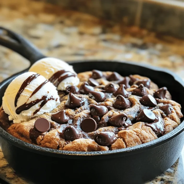 To make a great Air Fryer Chocolate Chip Cookie Skillet, you need simple ingredients: - 1 cup all-purpose flour - 1/2 teaspoon baking soda - 1/4 teaspoon salt - 1/2 cup unsalted butter, softened - 1/2 cup brown sugar, packed - 1/4 cup granulated sugar - 1 teaspoon vanilla extract - 1 large egg - 1 cup semi-sweet chocolate chips - 1/2 cup chopped walnuts (optional) Each of these items plays an important role. The flour gives structure, while the butter adds rich flavor. The sugars bring sweetness and help with texture. The chocolate chips are the star, making this cookie a treat. If you need to make changes, here are smart swaps: - Gluten-free flour options: You can use a 1:1 gluten-free flour mix. This works well in most recipes. - Dairy-free alternatives for butter: Try coconut oil or a dairy-free butter spread. Both will keep the cookie moist. - Vegan egg replacements: Use 1/4 cup unsweetened applesauce or a flax egg. A flax egg is made by mixing one tablespoon of ground flaxseed with three tablespoons of water. Let it sit for a few minutes to thicken. These swaps let you enjoy this delicious cookie, no matter your diet! 1. In a mixing bowl, whisk together the flour, baking soda, and salt. This gives the cookie a nice base. 2. In another bowl, cream the softened butter, brown sugar, and granulated sugar. Mix until it's smooth and fluffy. This step adds great flavor. 3. Next, add the vanilla extract and the egg to the butter mixture. Mix well until fully combined. This helps bind the dough. 4. Gradually, mix the dry ingredients into the wet ingredients. Stir gently until no flour streaks remain. You want a nice dough texture. 5. Finally, fold in the chocolate chips and walnuts if you choose to use them. Make sure they are evenly mixed throughout the dough. 1. Preheat your air fryer to 320°F (160°C) for about 5 minutes. This step ensures even cooking. 2. Lightly grease a small oven-safe skillet or dish that fits in your air fryer. A 6 to 7-inch skillet works well for this recipe. 3. Spread the cookie dough evenly in the skillet. Smooth the top with a spatula. This helps it cook evenly. 4. Place the skillet in the air fryer basket. Cook for 10-12 minutes. The edges should be golden brown and the center slightly soft. 1. Once done, remove the skillet from the air fryer. Let it cool for a couple of minutes. 2. Slice the warm cookie skillet into wedges. Serve immediately for the best taste. 3. You can top it with a scoop of ice cream. This adds a creamy touch. 4. For a rustic look, serve directly in the skillet. You can also drizzle with chocolate sauce for more fun! To get the best cookie texture, use room temperature butter. Cold butter will not mix well. This can lead to uneven baking. Mix the butter and sugars until smooth and fluffy. This adds air to the dough, making it light. Cook your cookie in the air fryer for 10 to 12 minutes. Keep an eye on it! The edges should be golden brown. The center should feel soft but not raw. Let it cool for a few minutes before slicing. This helps it set up nicely. Want to add a twist? Try mixing in some spices like cinnamon or nutmeg. Just a pinch can boost the flavor. You can also use different types of chocolate. Dark chocolate or white chocolate chips can change the taste. Each type brings its unique joy to every bite! One big mistake is overmixing the dough. Mix gently until no flour streaks remain. Overmixing can make your cookies tough. Also, pay attention to the size of your skillet. If it is too big, the dough will spread too thin. If it is too small, it may not cook evenly. A 6 to 7 inch skillet works best for this recipe. {{image_2}} You can change the flavor of your cookie skillet with a few simple swaps. - Nut-free versions: Skip the walnuts if you need a nut-free option. - Incorporating different chocolate types: Use milk chocolate or dark chocolate chips for a twist. Make your cookie skillet fit the season. - Pumpkin spice cookie skillet: Add pumpkin puree and pumpkin spice for fall. - Festive additions like cranberries or peppermint: Mix in dried cranberries or crushed peppermint for the holidays. Serve your cookie skillet in fun ways. - Cookie skillet sundaes: Top the warm cookie with ice cream and whipped cream for a sundae. - Serving with sauces like caramel or fudge: Drizzle caramel or fudge sauce over the cookie for extra sweetness. After you enjoy your cookie skillet, let it cool first. This step helps keep it fresh. Once cool, wrap it tightly in plastic wrap. You can also use aluminum foil if you prefer. Store it in an airtight container to keep it soft and tasty. A small, round container works best. To reheat your cookie skillet, use an air fryer or microwave. For the air fryer, set it to 300°F (150°C) for about 3-5 minutes. Check to see if it’s warm throughout. If using a microwave, heat it in short bursts of 15 seconds. This way, it won’t get too hot. You want to keep the cookie soft and chewy. If you want to freeze your cookie skillet, wait until it is completely cool. Wrap it in plastic wrap tightly. Then, put it in a freezer-safe bag or container. This helps prevent freezer burn. To thaw, take it out a day before you plan to eat it. Leave it in the fridge overnight. You can warm it up in the air fryer after thawing for the best taste. It takes about 10 to 12 minutes to cook this cookie skillet. You want the edges to be golden brown and the center to stay soft. Keep an eye on it during the last few minutes. Every air fryer is a bit different, so check it after 10 minutes. Yes, you can make the dough ahead of time! Just mix it and keep it in the fridge. This dough will stay fresh for up to two days. When you are ready to bake, let it sit at room temperature for about 15 minutes before cooking. A small air fryer works best for this cookie skillet. A 6 to 7-inch skillet fits nicely in most air fryers. If your air fryer is larger, you may need to adjust the cooking time. Absolutely! You can use any type of chocolate chips you like. Dark, milk, or even white chocolate will work well. Just remember that it may change the flavor a bit. No, adding walnuts is not necessary. They are optional for some crunch and flavor. If you prefer a smooth cookie, feel free to skip them. Your cookie will still be delicious without walnuts! This blog post covers the key steps to make an Air Fryer Chocolate Chip Cookie Skillet. We discussed essential ingredients and tasty swaps for dietary needs. I shared step-by-step instructions, tips for perfect texture, and creative variations to keep things fun. Remember, the right ingredients and cooking time are key. Enjoy serving this warm cookie with your favorite toppings. Whether for a party or a cozy night in, this recipe offers endless ways to delight. Try it out and impress your friends and family with your baking skills!