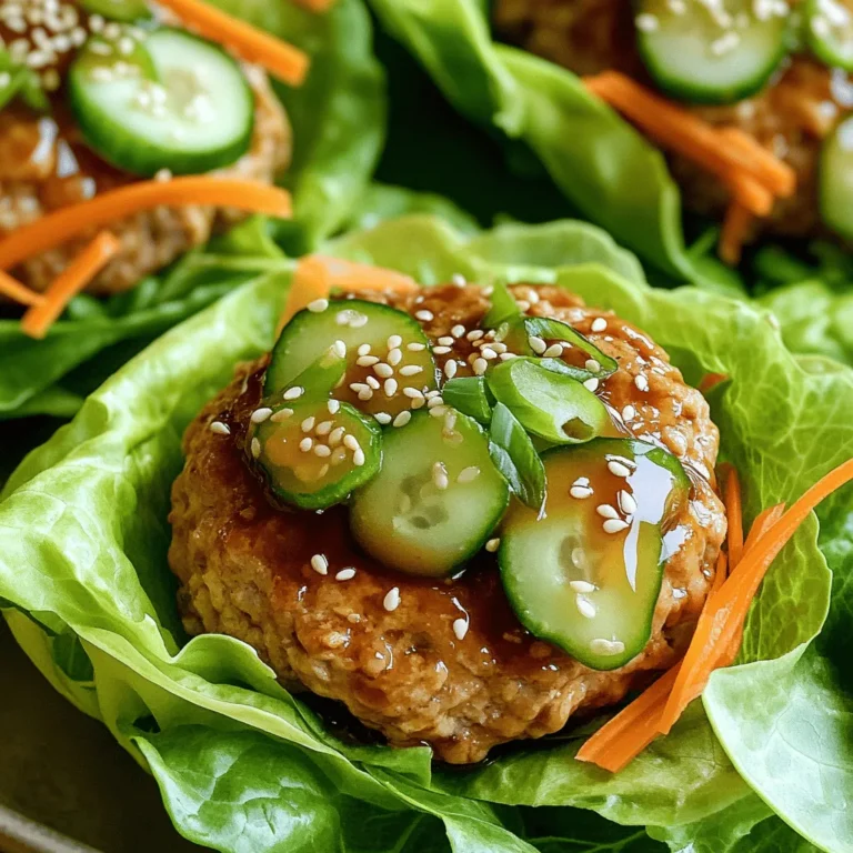 - 1 lb ground turkey - 1/4 cup teriyaki sauce - 1 tablespoon grated ginger - 1 clove garlic, minced - 1 tablespoon sesame oil - Salt and pepper to taste - 4 large leaves of iceberg or romaine lettuce - 1/2 cup shredded carrots - 1/2 cucumber, thinly sliced - 1/4 cup chopped green onions (scallions) - Sesame seeds for garnish These ingredients come together to create a tasty meal. Ground turkey gives a lean protein base. Teriyaki sauce adds a sweet and savory flavor. Grated ginger and minced garlic bring warmth and depth. Sesame oil adds a nice nutty taste. Salt and pepper enhance all the flavors. For the wraps, choose iceberg or romaine lettuce. These lettuce types are crisp and sturdy. They hold the filling well, making them perfect for wraps. Shredded carrots add crunch and color. Cucumber slices provide freshness. Chopped green onions give a mild onion flavor. Finally, sesame seeds make a delightful garnish. They add texture and a touch of elegance. With these ingredients, you create a balanced, fun meal that looks great and tastes even better. To start, grab a mixing bowl. Add the ground turkey, teriyaki sauce, grated ginger, minced garlic, sesame oil, salt, and pepper. Mix all the ingredients well. You want a nice blend with no clumps. If you use your hands, it helps to get everything mixed better. Make sure your hands are clean before you start! Now, shape the turkey mixture into patties. You can make about four medium-sized patties. Press gently to form a nice round shape. To cook, heat a non-stick skillet or grill over medium heat. Cook each patty for about 5-6 minutes on each side. Check that they turn golden brown. The internal temperature should reach 165°F or 75°C. This ensures they are fully cooked and safe to eat. While the burgers cook, prepare your lettuce leaves. Wash them well and pat them dry with a towel. Choose large leaves for easy wrapping. Once the patties are done, take a lettuce leaf and lay it flat. Place a turkey burger on it. Top with shredded carrots, cucumber slices, and chopped green onions. Finish with a sprinkle of sesame seeds for crunch. Now, fold the lettuce around the filling like a taco. Enjoy your meal right away! To cook the turkey burgers well, use a non-stick skillet or a grill. Heat it over medium heat for even cooking. Make sure to check the internal temperature. It should reach 165°F or 75°C. Cooking for about 5-6 minutes on each side gives a nice golden color. This keeps the burgers juicy and flavorful. Adding toppings makes these burgers even better. Try adding sliced avocado for creaminess. You can also use sriracha for a spicy kick. Fresh herbs like cilantro or mint add a bright flavor. A drizzle of extra teriyaki sauce brings out the sweetness. To avoid dry turkey burgers, do not overcook them. Ground turkey can dry out easily. Always use a meat thermometer to check doneness. Mix your ingredients just until combined; over-mixing can make them tough. Adding some grated onion or a bit of olive oil can help keep them moist, too. {{image_2}} You can switch the ground turkey for other proteins. Chicken works well and stays juicy. Beef also creates a great flavor. For a plant-based option, try black beans or lentils. These choices let you enjoy the same taste in different ways. You can change the flavors of your burgers easily. Try adding different sauces like barbecue or sriracha. If you want spice, add red pepper flakes or cayenne. For a sweet touch, mix in hoisin sauce or honey. Experimenting with spices can really change the dish! Pair your lettuce wraps with tasty sides. Crunchy vegetable sticks, like carrots and celery, work well. You can also serve them with rice or quinoa for a complete meal. Adding a simple side salad can boost freshness too. Enjoy your meal with a refreshing drink like iced tea! To keep your teriyaki turkey burgers fresh, store them in airtight containers. If you have extra lettuce, keep it separate. Place the turkey burgers in the fridge within two hours after cooking. If you want to freeze them, wrap each patty in plastic wrap before placing it in a freezer bag. This helps prevent freezer burn. When you're ready to eat your leftovers, use the stove or microwave. For the stove, heat a skillet over medium heat. Add a little oil, then cook the patties for about 3-4 minutes on each side. This will keep them juicy. If you use the microwave, place the burger on a plate. Heat it for 30 seconds, then check if it's warm. Repeat in 15-second bursts if needed. In the fridge, your teriyaki turkey burgers will last about 3-4 days. If frozen, they can last up to 3 months. Just remember to label your containers with the date. This way, you can enjoy them later without any guesswork. You can use soy sauce mixed with honey. This mix gives a sweet and salty taste. Another option is to use hoisin sauce. It has a similar flavor and works well. You might also try making a quick blend of soy sauce, brown sugar, and rice vinegar. This blend can mimic teriyaki sauce nicely. Yes, you can grill these turkey burgers! Preheat your grill to medium heat. Make sure to oil the grill grates to prevent sticking. Cook each patty for about 5-6 minutes on each side. Check that the internal temperature reaches 165°F (75°C) for safety. Grilling gives the burgers a nice smoky flavor and crispy edges. Yes, there are great low-carb options! You can use cabbage leaves instead of lettuce. They are sturdy and tasty. Another choice is to use zucchini slices or bell pepper strips. Both add crunch and flavor without the carbs. You can also use low-carb tortillas if you prefer a wrap. You now have a complete guide to making tasty turkey lettuce wraps. We covered key ingredients, step-by-step cooking, and tips for flavor. Remember, using fresh toppings enhances your wraps. Avoid common mistakes to keep your burgers juicy. Feel free to try different proteins and flavors to suit your taste. Prepare and store leftovers wisely for future meals. Enjoy making these healthy wraps, and impress your family or friends!